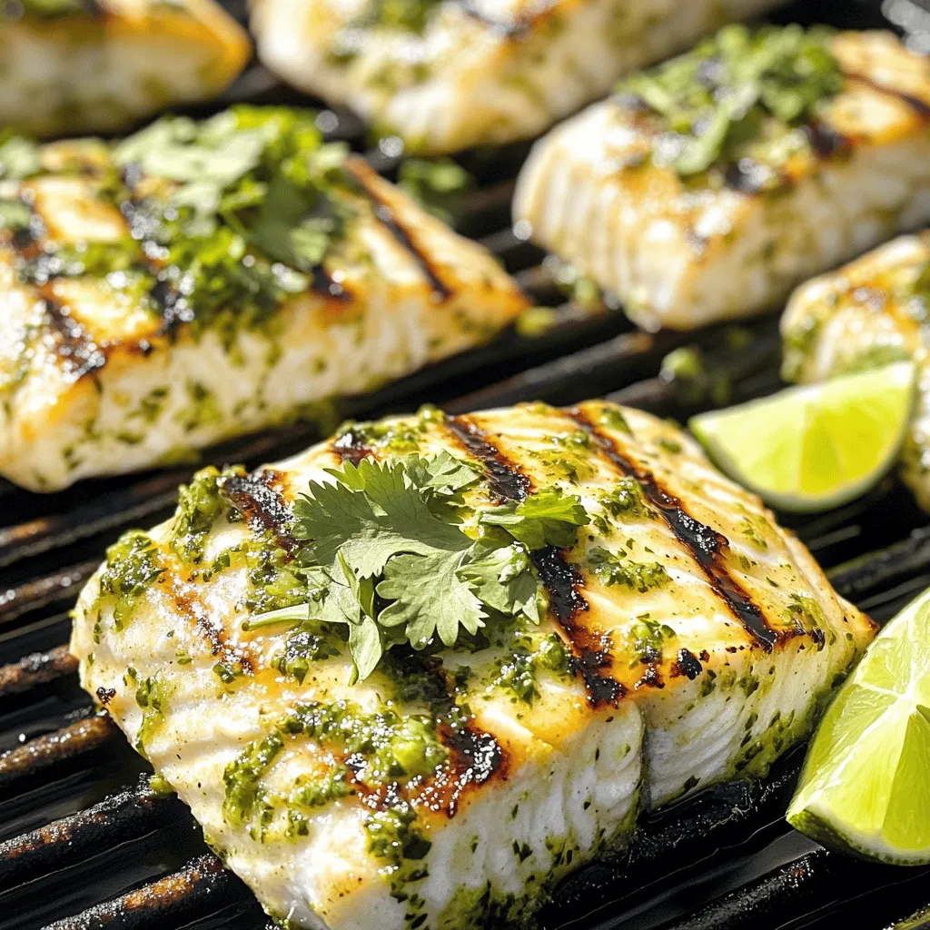 - 4 fillets of firm white fish (such as tilapia or snapper) - 1/4 cup fresh cilantro, chopped - 3 tablespoons lime juice (approximately 2 limes) - 1 teaspoon lime zest - 2 cloves garlic, minced - 1 teaspoon cumin - 1/2 teaspoon chili powder - 1/2 teaspoon salt - 1/4 teaspoon black pepper - 2 tablespoons olive oil - Lime wedges for serving Cilantro Lime Grilled Fish is fresh and full of flavor. The main ingredients create a bright taste that you will love. The fish fillets are the star, and they need to be firm. I like using tilapia or snapper because they hold up well on the grill. The marinade is where the magic happens. Fresh cilantro adds a lovely green note. Lime juice and zest bring a zing that wakes up the taste buds. Minced garlic adds depth. Cumin and chili powder give warmth. Salt and black pepper enhance all the flavors. Olive oil ties everything together, keeping the fish moist during cooking. With these ingredients, you can create a dish that looks and tastes amazing. For complete instructions, check out the Full Recipe. Enjoy making this dish! Start by making the marinade. In a small bowl, mix these ingredients: - 1/4 cup fresh cilantro, chopped - 3 tablespoons lime juice (about 2 limes) - 1 teaspoon lime zest - 2 cloves garlic, minced - 1 teaspoon cumin - 1/2 teaspoon chili powder - 1/2 teaspoon salt - 1/4 teaspoon black pepper - 2 tablespoons olive oil Stir until well-combined. This mixture will give your fish a bright flavor. Next, take your fish fillets and place them in a shallow dish or a resealable plastic bag. Pour the marinade over the fish. Make sure each piece is evenly coated. This step is key for great taste. Let the fish soak in the marinade. The best time is between 30 minutes to 2 hours. If you're short on time, 30 minutes works fine. Longer marinating brings out the flavors more. Now, it's time to grill. Preheat your grill to medium-high heat. If you use a grill pan, make sure to lightly oil it. This prevents sticking and helps get nice grill marks. Remove the fish from the marinade, shaking off any extra. Place the fillets on the preheated grill. Cook for about 3-4 minutes on each side. You want the fish to flake easily with a fork and have good grill marks. Once cooked, take the fish off the grill. Let it rest for a couple of minutes. This helps keep it juicy. Serve the grilled fish with extra cilantro and lime wedges. Squeeze lime on top for the best flavor. For the full recipe, check out the details provided. Marinating the fish is key. It helps the fish soak up all those bright flavors. Aim for at least 30 minutes, but two hours is even better for a strong taste. If you're short on time, don't worry! You can still get great results. You can also try other seasonings. If you want a different twist, use herbs like parsley or basil. For heat, add some jalapeños or a splash of hot sauce. Each option adds its own special touch. Checking the grill temperature is important. You want it hot enough to sear the fish. Medium-high heat is ideal. If it's too low, the fish won't get those lovely grill marks. You can use a grill pan or an outdoor grill. Both work well, but a grill pan is great for indoor cooking. Just remember to oil it lightly to keep the fish from sticking. Garnish your grilled fish with fresh cilantro and lime. This adds color and freshness to your dish. Lime wedges are perfect for squeezing over the top. Pair your fish with sides like rice, salad, or grilled veggies. A light sauce, like a yogurt dip or salsa, also complements the fish well. For the full recipe, take a look at the detailed instructions. Enjoy your flavorful meal! {{image_2}} You can use many types of fish for this dish. Firm white fish like tilapia or snapper works great. But why not try healthier options? Salmon and mahi-mahi are both tasty and rich in omega-3s. If you want a vegetarian choice, consider marinating tofu or grilled veggies. Both will soak up that zesty cilantro lime flavor. To add some spice, think about using jalapeño or hot sauce. Chop up jalapeño and mix it right into the marinade. If you prefer a milder heat, just a dash of hot sauce can do the trick. You can also adjust the spice levels by adding more or less chili powder. This way, you control how fiery your grilled fish will be! For a new flavor, switch up the herbs. Fresh parsley or even dill can change the taste. You can also use different citrus fruits. Try lemon or orange juice instead of lime for a fresh twist. Adding spices like paprika or coriander can add depth too. Get creative with flavor, and make this dish your own! For the full recipe, check back to ensure you have all the details you need! After enjoying your cilantro lime grilled fish, you may have some leftovers. Store them in an airtight container. This helps keep the fish fresh. Place the container in the fridge. The fish stays good for about 2 to 3 days. Before eating, check for any off smells or changes in texture. If you want to save the fish for later, freezing is a great option. Wrap each piece in plastic wrap or foil. Then place them in a freezer-safe bag or container. Make sure to remove as much air as possible. This keeps the fish from getting freezer burn. You can freeze it for up to 3 months. When you're ready to eat, thaw the fish in the fridge overnight. To reheat, place it in a hot pan for a few minutes. This method helps to keep the fish moist and tasty. Avoid using a microwave, as it can dry out the fish. Enjoy your flavorful dish anytime with these storage tips! To check if the fish is done, look for these signs: - The fish should flake easily with a fork. - It should have a nice, golden color on the outside. - The fish should feel firm but not tough. - An internal temperature of 145°F (63°C) is ideal. Once you see these signs, your fish is ready to enjoy! Yes, you can make the marinade ahead of time. Here’s how: - Mix all marinade ingredients in a bowl. - Store it in an airtight container in the fridge. - It stays fresh for up to 3 days. This way, you can save time on busy days! For a great meal, try these side dishes: - Steamed rice or quinoa for a filling base. - Grilled veggies like zucchini or bell peppers for color. - A fresh salad with avocado and tomatoes for crunch. - Corn on the cob adds sweetness to your plate. These sides balance the flavors of the fish nicely. For the complete recipe details, check out the [Full Recipe](#). Cilantro lime grilled fish is simple and tasty. We covered key ingredients, marinating, and grilling tips. You can play with flavors using different fish or spices. Remember to check for doneness for perfect texture. Storing leftovers properly keeps your meal fresh. With these steps, you can enjoy flavorful grilled fish anytime. Try it out, and impress your family and friends!