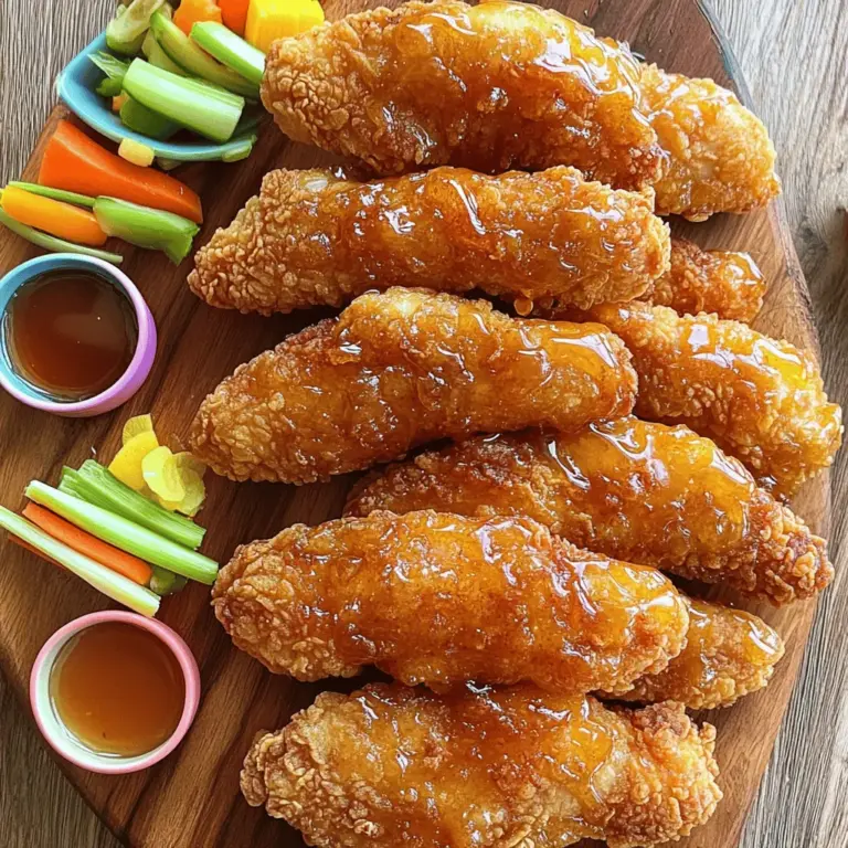 - 1 pound boneless, skinless chicken breasts - 1 cup buttermilk - 1 tablespoon hot sauce (optional) - 1 cup all-purpose flour - 1 teaspoon paprika - 1 teaspoon garlic powder - 1 teaspoon onion powder - 1 teaspoon salt - 1/2 teaspoon black pepper - 1/2 teaspoon cayenne pepper (optional) - 1 cup panko breadcrumbs - 1/4 cup honey - 2 tablespoons soy sauce - 1 teaspoon sesame oil - Vegetable oil for frying - Large mixing bowls - Whisk - Skillet or frying pan - Tongs or slotted spoon - Paper towels for draining - Each serving has about 300 calories. - Protein: 25g, Carbs: 30g, Fats: 12g. - You can use almond milk instead of buttermilk for a dairy-free option. Now, let's break down the key ingredients for your chicken tenders. The chicken breasts serve as the star of the dish. They need to be fresh and cut into strips. Buttermilk helps tenderize the chicken. This makes it juicy and soft. Hot sauce adds a nice kick, but it’s okay to leave it out. The flour mixture gives the tenders a great base. Paprika, garlic powder, and onion powder add flavor. Salt, black pepper, and cayenne pepper give it a little spice. Panko breadcrumbs are key for that crispy texture we all love. For the glaze, honey, soy sauce, and sesame oil mix to create a sweet sauce. This will take your tenders from good to great. You will need some simple kitchen tools too. Large bowls help you mix and marinate. A whisk makes combining easy. A skillet or frying pan is essential for cooking. Tongs or a slotted spoon help with frying. Finally, use paper towels to drain excess oil. For more details, check the Full Recipe. It will guide you through the steps for making these delightful chicken tenders. Marinate the chicken for at least 1 hour. If you have time, let it sit overnight. This step is key for flavor. Buttermilk helps to tenderize the meat. Its acidity breaks down protein, making the chicken juicy and soft. First, set up your dredging station. In one bowl, mix flour and spices. In another, pour the buttermilk. Place panko breadcrumbs in a third bowl. Take a chicken strip and coat it in the flour mix. Next, dip it back in the buttermilk. Finally, roll it in panko. Press down so the crumbs stick well. This double coating gives the best crunch! Heat about 1/2 inch of oil in a skillet. The oil should reach 350°F for perfect frying. Cook the chicken strips in batches. Each side takes about 3 to 5 minutes. You'll want them golden brown and cooked through. Drain them on paper towels after frying. This helps keep them crispy! For a sweet touch, drizzle honey glaze over the tenders when serving. You can find the full recipe in the article. To make chicken tenders crispy, use panko breadcrumbs. These breadcrumbs are coarser and create more crunch than regular ones. They soak up less oil too, keeping your tenders lighter. Double coating gives extra crunch. First, coat the chicken in seasoned flour. Next, dip it back into buttermilk. Finally, coat it in panko. Press down firmly to stick the crumbs. This method locks in flavor and adds texture. To boost flavor, add spices like smoked paprika, cumin, or garlic powder. You can also mix fresh herbs like parsley or thyme into the panko. These additions bring depth to each bite. For a fun glaze, try adding chili flakes to the honey mixture. This gives a sweet and spicy kick. You can also mix in a splash of lime juice for a tangy twist. Frying yields the crispiest tenders. Heat oil to 350°F for best results. Cook each side for 3-5 minutes until golden brown. If you prefer baking, preheat your oven to 425°F. Place the tenders on a baking sheet lined with parchment. Bake for 20-25 minutes until they are crispy and cooked through. This method uses less oil and still delivers a tasty result. {{image_2}} You can make chicken tenders in many tasty ways. Two easy options are buffalo chicken tenders and lemon-herb chicken tenders. For buffalo chicken tenders, add a spicy twist. After marinating, toss the cooked tenders in buffalo sauce. You get a zesty heat that pairs well with cool ranch or blue cheese dip. If you prefer something fresh, try lemon-herb chicken tenders. Mix lemon zest and fresh herbs like thyme or rosemary into your flour blend. This adds a bright flavor. Serve with a lemony dipping sauce for extra tang. You can switch up your breading for a fun twist. If you need a gluten-free option, use almond flour or gluten-free breadcrumbs. These choices still give a crunchy bite. For a homemade breading, mix crushed cornflakes, Parmesan cheese, and your favorite spices. This adds unique flavor and texture. The result is a fun and creative way to enjoy your chicken tenders. Pairing chicken tenders with the right sides makes a great meal. The best dips include honey mustard, barbecue, or ranch. Each dip offers a new flavor experience. For sides, try fresh veggie sticks or crispy fries. You can also serve it with a simple salad. The crunch of the veggies or the warmth of the fries complements the chicken perfectly. For the complete recipe, check out the [Full Recipe]. Enjoy your cooking adventures! To store your chicken tenders, place them in an airtight container. It helps keep them fresh. You can also wrap them tightly in plastic wrap or foil. This method prevents any air from getting in. For best taste, eat the leftovers within 3 days. When reheating, you can use an oven or skillet. The oven helps maintain crispiness. Set it to 375°F and heat for about 10-15 minutes. If using a skillet, warm them on medium heat for about 5 minutes. Flip to ensure even heating. You can freeze both uncooked and cooked chicken tenders. For uncooked tenders, place them in a freezer bag. Remove as much air as possible before sealing. They last up to 3 months in the freezer. For cooked tenders, let them cool first. Then, store them in a container or bag. They also freeze well for up to 3 months. To thaw, place them in the fridge overnight. If you're in a hurry, use the microwave's defrost setting. Once thawed, reheat them as mentioned earlier. In the fridge, cooked chicken tenders last about 3 to 4 days. If you store them properly, they stay fresh. In the freezer, they can last up to 3 months. Always check for any signs of spoilage before eating. This ensures you enjoy your homemade chicken tenders at their best. For the full recipe, check the earlier section. Yes, you can use frozen chicken. First, thaw the chicken in the fridge. This keeps it safe. You can also use the cold water method. Place the chicken in a sealed bag and submerge it in cold water. Change the water every 30 minutes. This speeds up the thawing process. Ensure the chicken is fully thawed before marinating. This way, it will soak up all the flavor. If you don’t have panko, don’t worry! Regular breadcrumbs work well, too. You can crush crackers or cornflakes for a crunchy coating. Even crushed chips can add flavor! Use what you have. The goal is to achieve that crispy texture. Experiment with different options to find your favorite. Yes, you can bake the chicken tenders. Preheat your oven to 425°F (220°C). After coating the chicken, place it on a baking sheet lined with parchment paper. Spray the tenders with cooking spray or brush with olive oil. Bake for about 20-25 minutes. Flip them halfway through for even cooking. This method gives you a healthier option while still being delicious. Check the chicken's internal temperature. It should reach at least 165°F (75°C). You can use a meat thermometer for accuracy. If you don’t have one, cut a tender in half. The meat should be white and juices should run clear. Avoid undercooking to ensure it's safe to eat. You’ve learned how to make tasty chicken tenders with simple steps. We covered key ingredients, marinating, coating, and cooking for the best results. I shared tips for crunch, flavor boosts, and storage options. Whether you fry or bake, this recipe is flexible for your taste. Enjoy your crispy chicken tenders as a fun meal or snack. With these ideas, you can impress anyone at the table!