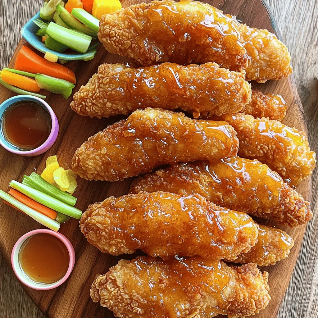 - 1 pound boneless, skinless chicken breasts - 1 cup buttermilk - 1 tablespoon hot sauce (optional) - 1 cup all-purpose flour - 1 teaspoon paprika - 1 teaspoon garlic powder - 1 teaspoon onion powder - 1 teaspoon salt - 1/2 teaspoon black pepper - 1/2 teaspoon cayenne pepper (optional) - 1 cup panko breadcrumbs - 1/4 cup honey - 2 tablespoons soy sauce - 1 teaspoon sesame oil - Vegetable oil for frying - Large mixing bowls - Whisk - Skillet or frying pan - Tongs or slotted spoon - Paper towels for draining - Each serving has about 300 calories. - Protein: 25g, Carbs: 30g, Fats: 12g. - You can use almond milk instead of buttermilk for a dairy-free option. Now, let's break down the key ingredients for your chicken tenders. The chicken breasts serve as the star of the dish. They need to be fresh and cut into strips. Buttermilk helps tenderize the chicken. This makes it juicy and soft. Hot sauce adds a nice kick, but it’s okay to leave it out. The flour mixture gives the tenders a great base. Paprika, garlic powder, and onion powder add flavor. Salt, black pepper, and cayenne pepper give it a little spice. Panko breadcrumbs are key for that crispy texture we all love. For the glaze, honey, soy sauce, and sesame oil mix to create a sweet sauce. This will take your tenders from good to great. You will need some simple kitchen tools too. Large bowls help you mix and marinate. A whisk makes combining easy. A skillet or frying pan is essential for cooking. Tongs or a slotted spoon help with frying. Finally, use paper towels to drain excess oil. For more details, check the Full Recipe. It will guide you through the steps for making these delightful chicken tenders. Marinate the chicken for at least 1 hour. If you have time, let it sit overnight. This step is key for flavor. Buttermilk helps to tenderize the meat. Its acidity breaks down protein, making the chicken juicy and soft. First, set up your dredging station. In one bowl, mix flour and spices. In another, pour the buttermilk. Place panko breadcrumbs in a third bowl. Take a chicken strip and coat it in the flour mix. Next, dip it back in the buttermilk. Finally, roll it in panko. Press down so the crumbs stick well. This double coating gives the best crunch! Heat about 1/2 inch of oil in a skillet. The oil should reach 350°F for perfect frying. Cook the chicken strips in batches. Each side takes about 3 to 5 minutes. You'll want them golden brown and cooked through. Drain them on paper towels after frying. This helps keep them crispy! For a sweet touch, drizzle honey glaze over the tenders when serving. You can find the full recipe in the article. To make chicken tenders crispy, use panko breadcrumbs. These breadcrumbs are coarser and create more crunch than regular ones. They soak up less oil too, keeping your tenders lighter. Double coating gives extra crunch. First, coat the chicken in seasoned flour. Next, dip it back into buttermilk. Finally, coat it in panko. Press down firmly to stick the crumbs. This method locks in flavor and adds texture. To boost flavor, add spices like smoked paprika, cumin, or garlic powder. You can also mix fresh herbs like parsley or thyme into the panko. These additions bring depth to each bite. For a fun glaze, try adding chili flakes to the honey mixture. This gives a sweet and spicy kick. You can also mix in a splash of lime juice for a tangy twist. Frying yields the crispiest tenders. Heat oil to 350°F for best results. Cook each side for 3-5 minutes until golden brown. If you prefer baking, preheat your oven to 425°F. Place the tenders on a baking sheet lined with parchment. Bake for 20-25 minutes until they are crispy and cooked through. This method uses less oil and still delivers a tasty result. {{image_2}} You can make chicken tenders in many tasty ways. Two easy options are buffalo chicken tenders and lemon-herb chicken tenders. For buffalo chicken tenders, add a spicy twist. After marinating, toss the cooked tenders in buffalo sauce. You get a zesty heat that pairs well with cool ranch or blue cheese dip. If you prefer something fresh, try lemon-herb chicken tenders. Mix lemon zest and fresh herbs like thyme or rosemary into your flour blend. This adds a bright flavor. Serve with a lemony dipping sauce for extra tang. You can switch up your breading for a fun twist. If you need a gluten-free option, use almond flour or gluten-free breadcrumbs. These choices still give a crunchy bite. For a homemade breading, mix crushed cornflakes, Parmesan cheese, and your favorite spices. This adds unique flavor and texture. The result is a fun and creative way to enjoy your chicken tenders. Pairing chicken tenders with the right sides makes a great meal. The best dips include honey mustard, barbecue, or ranch. Each dip offers a new flavor experience. For sides, try fresh veggie sticks or crispy fries. You can also serve it with a simple salad. The crunch of the veggies or the warmth of the fries complements the chicken perfectly. For the complete recipe, check out the [Full Recipe]. Enjoy your cooking adventures! To store your chicken tenders, place them in an airtight container. It helps keep them fresh. You can also wrap them tightly in plastic wrap or foil. This method prevents any air from getting in. For best taste, eat the leftovers within 3 days. When reheating, you can use an oven or skillet. The oven helps maintain crispiness. Set it to 375°F and heat for about 10-15 minutes. If using a skillet, warm them on medium heat for about 5 minutes. Flip to ensure even heating. You can freeze both uncooked and cooked chicken tenders. For uncooked tenders, place them in a freezer bag. Remove as much air as possible before sealing. They last up to 3 months in the freezer. For cooked tenders, let them cool first. Then, store them in a container or bag. They also freeze well for up to 3 months. To thaw, place them in the fridge overnight. If you're in a hurry, use the microwave's defrost setting. Once thawed, reheat them as mentioned earlier. In the fridge, cooked chicken tenders last about 3 to 4 days. If you store them properly, they stay fresh. In the freezer, they can last up to 3 months. Always check for any signs of spoilage before eating. This ensures you enjoy your homemade chicken tenders at their best. For the full recipe, check the earlier section. Yes, you can use frozen chicken. First, thaw the chicken in the fridge. This keeps it safe. You can also use the cold water method. Place the chicken in a sealed bag and submerge it in cold water. Change the water every 30 minutes. This speeds up the thawing process. Ensure the chicken is fully thawed before marinating. This way, it will soak up all the flavor. If you don’t have panko, don’t worry! Regular breadcrumbs work well, too. You can crush crackers or cornflakes for a crunchy coating. Even crushed chips can add flavor! Use what you have. The goal is to achieve that crispy texture. Experiment with different options to find your favorite. Yes, you can bake the chicken tenders. Preheat your oven to 425°F (220°C). After coating the chicken, place it on a baking sheet lined with parchment paper. Spray the tenders with cooking spray or brush with olive oil. Bake for about 20-25 minutes. Flip them halfway through for even cooking. This method gives you a healthier option while still being delicious. Check the chicken's internal temperature. It should reach at least 165°F (75°C). You can use a meat thermometer for accuracy. If you don’t have one, cut a tender in half. The meat should be white and juices should run clear. Avoid undercooking to ensure it's safe to eat. You’ve learned how to make tasty chicken tenders with simple steps. We covered key ingredients, marinating, coating, and cooking for the best results. I shared tips for crunch, flavor boosts, and storage options. Whether you fry or bake, this recipe is flexible for your taste. Enjoy your crispy chicken tenders as a fun meal or snack. With these ideas, you can impress anyone at the table!