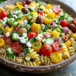 To make this easy Greek pasta salad, gather these items: - 8 oz (about 225g) rotini or penne pasta - 1 cup cherry tomatoes, halved - 1 cucumber, diced - 1/2 red onion, finely chopped - 1 bell pepper (any color), diced - 1 cup Kalamata olives, pitted and halved - 1 cup feta cheese, crumbled - 1/4 cup fresh parsley, chopped - 1/4 cup olive oil - 2 tablespoons red wine vinegar (optional for flavor, can replace with lemon juice) - 1 tablespoon lemon juice - 1 teaspoon dried oregano - Salt and pepper to taste Each ingredient adds flavor and nutrition to the salad. - Pasta: Rotini or penne holds the dressing well. - Cherry tomatoes: They add sweetness and juiciness. - Cucumber: This gives a refreshing crunch. - Red onion: It adds a sharp flavor that balances the salad. - Bell pepper: Any color works, adding sweetness and color. - Kalamata olives: They offer a briny taste that is classic in Greek dishes. - Feta cheese: Its creaminess and tanginess enhance the dish. - Fresh parsley: It adds brightness and freshness. - Olive oil and vinegar: These create a tasty dressing that ties it all together. You can swap some ingredients if needed: - Pasta: Use gluten-free pasta for a gluten-free version. - Olives: Green olives can replace Kalamata olives. - Feta cheese: Try goat cheese if you prefer a milder flavor. - Vinegar: Use lemon juice instead of red wine vinegar for a zesty kick. - Vegetables: Feel free to add or replace with your favorites like carrots or zucchini. For the full recipe, check out the Mediterranean Delight Pasta Salad. First, boil water in a large pot. Add a pinch of salt to the water. Once it's boiling, add 8 oz of rotini or penne pasta. Cook it until it's al dente. This usually takes about 8 to 10 minutes. Drain the pasta in a colander. Rinse it under cold water to stop the cooking. This also cools the pasta down. Set it aside in a large bowl. Next, wash and chop your vegetables. Cut 1 cup of cherry tomatoes in half. Dice 1 cucumber into small pieces. Finely chop 1/2 red onion. Dice 1 bell pepper of any color. Use 1 cup of Kalamata olives. Make sure they are pitted and halved. Add all these fresh veggies and olives to the bowl with pasta. In a small bowl, mix the dressing. Start with 1/4 cup of olive oil. Then add 2 tablespoons of red wine vinegar or lemon juice if you prefer. Squeeze in 1 tablespoon of lemon juice. Sprinkle 1 teaspoon of dried oregano into the mix. Add salt and pepper to taste. Whisk the dressing well until it’s blended. Pour this over the pasta salad. Toss everything gently to coat. Finally, fold in 1 cup of crumbled feta cheese. Let the salad rest in the fridge for at least 20 minutes before serving. This allows the flavors to blend nicely. For the complete recipe, see the Full Recipe. To make your Greek pasta salad burst with flavor, use fresh herbs. Fresh parsley adds a bright taste. Add oregano for a classic Greek touch. You can also use lemon zest for a zesty kick. If you want more depth, try adding a bit of minced garlic. Garlic gives a lovely aroma and flavor. For a spicy twist, add a pinch of red pepper flakes. Cooking pasta perfectly is key. Start with plenty of water. Add salt to the water to enhance the flavor. Cook the pasta until it is al dente. This means it should have a slight bite. After cooking, drain the pasta and rinse it under cold water. This stops the cooking and keeps it from getting mushy. This technique helps the pasta stay firm in the salad. Presentation makes a big difference. Serve the salad in a large bowl or individual glasses for a fun look. Add a few extra Kalamata olives on top for color. You can also sprinkle crumbled feta cheese for a delicious touch. Fresh parsley adds a nice green pop. These little details make your salad stand out and look appetizing. {{image_2}} You can easily boost your Easy Greek Pasta Salad by adding proteins. Grilled chicken is a great choice. It adds a nice flavor and makes the dish more filling. Shrimp also works well. Just cook the shrimp until pink, then mix it in. If you want a meatless option, try chickpeas. They add protein and a nice texture. For a vegetarian twist, focus on colorful veggies. You can swap out the feta cheese for a vegan option. Tofu crumbles are a great choice. They soak up flavors well. You can also add more beans, like black beans or white beans. They give a hearty feel while keeping it plant-based. Try adding artichoke hearts for a fun texture. The dressing can change the whole taste of the salad. A lemon-tahini dressing adds a creamy touch. Just mix tahini, lemon juice, and a bit of water. For a spicy kick, add some red pepper flakes to the olive oil dressing. If you enjoy a tangy flavor, try a yogurt-based dressing. It gives a nice contrast to the other ingredients. Explore these variations to make your salad unique and exciting! For the full recipe, check out the Mediterranean Delight Pasta Salad. To keep your Easy Greek Pasta Salad fresh, store it in an airtight container. Glass containers work well, as they don’t stain or hold odors. If you have leftovers, make sure you cover them well. This helps keep the salad moist and tasty. When stored correctly, your pasta salad lasts about 3 to 5 days in the fridge. The flavors blend nicely over time. However, the veggies may lose some crunch. It’s best to eat it within the first three days for the best taste and texture. You can enjoy this salad cold. If you prefer it warm, heat it gently in a pan. Add a splash of olive oil to help it heat evenly. Stir it often to avoid burning. Do not microwave it, as this can make the pasta mushy. Yes, you can use many types of pasta. Rotini and penne work well. If you prefer, try fusilli or farfalle. These shapes hold the dressing nicely. You can even use whole wheat pasta for a healthier option. Just make sure to cook it until al dente for the best texture. To make this salad gluten-free, choose gluten-free pasta. There are many options made from rice, quinoa, or chickpeas. Cook it the same way as regular pasta. Be sure to check all other ingredients for gluten. Most vegetables, olives, and feta are naturally gluten-free. For extra crunch, try adding nuts or seeds. Walnuts or pine nuts work great. You can also add crispy chickpeas for a fun twist. Fresh bell peppers and radishes add a nice crunch too. Enjoy mixing different textures to keep it interesting. In this blog post, we covered essential ingredients for Greek Pasta Salad. We explored key highlights and offered smart substitutions. I shared detailed steps on cooking pasta, prepping veggies, and making dressing. You learned tips for flavor, cooking, and presentation. We discussed variations like proteins and vegetarian options. Finally, I provided storage tips and answered common questions. Greek Pasta Salad is easy and fun to make. With these steps, you'll create a dish that everyone loves. Enjoy experimenting and sharing your delicious results!