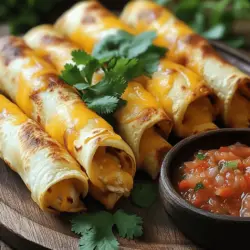 - 2 cups cooked chicken, shredded - 1 cup cream cheese, softened - 1 cup shredded cheddar cheese - 1 teaspoon taco seasoning - 1/2 teaspoon garlic powder - 1/2 teaspoon onion powder - 10 small corn tortillas - Cooking spray - Fresh cilantro, chopped (for garnish) - Salsa (for serving) When making oven baked chicken taquitos, you want to gather all these tasty ingredients first. Start with cooked chicken, which gives a great base. I like to use shredded chicken to keep it light and easy to fill. The cream cheese adds a rich texture and flavor. Shredded cheddar cheese brings in that melty goodness we crave. Taco seasoning is key for that classic flavor. Garlic and onion powders enhance the taste without making it too complex. You’ll need small corn tortillas for wrapping. These tortillas keep the taquitos crispy while baking. Cooking spray is a simple trick to help them get golden brown. Don’t forget the fresh cilantro for garnish. It adds a nice pop of color and flavor. Salsa on the side is a must for dipping! All these ingredients blend perfectly to create a fun and delicious meal. For the full recipe, make sure to check out the details. Now that you have everything, you’re ready to start cooking. Each ingredient plays a role in making these taquitos a hit! Set the temperature to 400°F (200°C). This hot oven ensures your taquitos are crispy. Preheating helps create that golden brown crust we all love. In a large mixing bowl, combine the ingredients. Use 2 cups of shredded chicken, 1 cup of softened cream cheese, and 1 cup of shredded cheddar cheese. Add in 1 teaspoon of taco seasoning, 1/2 teaspoon of garlic powder, and 1/2 teaspoon of onion powder. Mix until everything is well blended. The filling should be creamy and packed with flavor. Warm your corn tortillas for about 30 seconds in the microwave. This makes them soft and easy to work with. Take a tortilla and place about 2 tablespoons of the chicken mixture near one edge. Roll the tortilla tightly around the filling. Place the seam-side down on a baking sheet lined with parchment paper. This helps prevent breakage. If any tortillas crack, don’t worry; just roll them gently. Lightly spray the taquitos with cooking spray. This step helps them crisp up while baking. Place the baking sheet in the preheated oven. Bake for about 20-25 minutes. You want them to be golden brown and crispy. Keep an eye on them, as ovens can vary. Enjoy the aroma filling your kitchen! To get that perfect crunch, use cooking spray. Spraying taquitos before baking helps achieve a golden color and crispy texture. This simple step makes a big difference. It allows hot air to circulate, creating a crisp outer layer. A light coat is all you need. One common mistake is overfilling the tortillas. If you add too much filling, the taquitos can break when rolling. To prevent this, use about 2 tablespoons of filling per tortilla. Keep the filling near one edge to make rolling easier. This way, you’ll have a tight roll that holds together well. Taquitos taste great on their own but pair well with dips and sides. Consider serving them with salsa for a fresh kick. Guacamole also adds a creamy texture that complements the crispy taquitos. If you want something extra, serve with sour cream or a side of Mexican rice. Each dip enhances the flavors and makes your meal special. For the full recipe, check out [Full Recipe]. {{image_2}} You can easily make these taquitos vegetarian. Instead of chicken, use black beans or refried beans. These beans add a creamy texture and rich flavor. You can also use cooked vegetables like zucchini, bell peppers, or mushrooms. Just sauté them first to bring out their taste. Mix the beans or veggies with cream cheese and spices for a tasty filling. This way, everyone can enjoy taquitos, even those who don’t eat meat. If you like heat, add jalapeños to your filling. Chop fresh jalapeños finely and mix them into the chicken filling. You can also add a few dashes of hot sauce for extra spice. This gives your taquitos a kick that will excite your taste buds. Adjust the amount based on your spice level. Remember, you can always add more, but it’s hard to take it out! For cheese lovers, let’s amp up the cheese factor! You can use different types of cheese in your filling. Try pepper jack for a spicy flavor, or mozzarella for a melty texture. You can even mix several cheeses for a unique taste. Just make sure to balance the flavors with your spices. A cheesy taquito is always a crowd-pleaser. For the full recipe, check out the detailed instructions above! To keep your leftover taquitos fresh, place them in an airtight container. This helps to prevent moisture from making them soggy. You can also wrap them tightly in plastic wrap before placing them in a container. If you want to freeze them, let them cool completely first. Then, put them in a freezer bag, squeezing out as much air as possible. This keeps them safe for later. To reheat your taquitos and keep them crispy, use the oven. Preheat it to 375°F (190°C). Place the taquitos on a baking sheet and bake for about 10 to 15 minutes. This method helps restore their crunch. You can also use an air fryer, which works great for reheating. Set it to 350°F (175°C) and cook for about 5 minutes. Check to make sure they are hot all the way through. In the fridge, taquitos last about 3 to 4 days. Make sure they are stored properly. If you freeze them, they can last up to 3 months. Just remember to label your freezer bags with the date. This way, you know when to enjoy them again. For the best taste, eat them before the end of that time. Yes, you can make these taquitos ahead of time. Prepare them up to the baking step. Once filled and rolled, place them on a baking sheet. Cover the taquitos with plastic wrap or foil. You can store them in the fridge for up to 24 hours. If you want to keep them longer, freeze them instead. Just remember to thaw them before baking. This makes it easy to enjoy a quick meal later. To reheat taquitos, use an oven or an air fryer. Preheat your oven to 375°F (190°C). Place the taquitos on a baking sheet. Bake for about 10-15 minutes, until they are hot and crispy. If using an air fryer, set it to 350°F (175°C) and cook for about 8 minutes. Both methods work well to keep them crispy. Avoid using the microwave, as it can make them soggy. To make taquitos gluten-free, choose gluten-free tortillas. Many brands offer corn or rice-based options. Check the label to ensure they are certified gluten-free. For the filling, use gluten-free seasonings and ensure your chicken is free from gluten. This way, everyone can enjoy these tasty bites without worry. This blog post covers delicious oven-baked chicken taquitos. We explored the ingredients, step-by-step instructions, and helpful tips. You learned how to make a crispy, tasty snack while avoiding common mistakes. We also shared fun variations for every taste and storage tips for leftovers. Remember, cooking should be fun. Experiment with flavors and enjoy your taquitos!