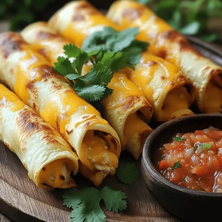 - 2 cups cooked chicken, shredded - 1 cup cream cheese, softened - 1 cup shredded cheddar cheese - 1 teaspoon taco seasoning - 1/2 teaspoon garlic powder - 1/2 teaspoon onion powder - 10 small corn tortillas - Cooking spray - Fresh cilantro, chopped (for garnish) - Salsa (for serving) When making oven baked chicken taquitos, you want to gather all these tasty ingredients first. Start with cooked chicken, which gives a great base. I like to use shredded chicken to keep it light and easy to fill. The cream cheese adds a rich texture and flavor. Shredded cheddar cheese brings in that melty goodness we crave. Taco seasoning is key for that classic flavor. Garlic and onion powders enhance the taste without making it too complex. You’ll need small corn tortillas for wrapping. These tortillas keep the taquitos crispy while baking. Cooking spray is a simple trick to help them get golden brown. Don’t forget the fresh cilantro for garnish. It adds a nice pop of color and flavor. Salsa on the side is a must for dipping! All these ingredients blend perfectly to create a fun and delicious meal. For the full recipe, make sure to check out the details. Now that you have everything, you’re ready to start cooking. Each ingredient plays a role in making these taquitos a hit! Set the temperature to 400°F (200°C). This hot oven ensures your taquitos are crispy. Preheating helps create that golden brown crust we all love. In a large mixing bowl, combine the ingredients. Use 2 cups of shredded chicken, 1 cup of softened cream cheese, and 1 cup of shredded cheddar cheese. Add in 1 teaspoon of taco seasoning, 1/2 teaspoon of garlic powder, and 1/2 teaspoon of onion powder. Mix until everything is well blended. The filling should be creamy and packed with flavor. Warm your corn tortillas for about 30 seconds in the microwave. This makes them soft and easy to work with. Take a tortilla and place about 2 tablespoons of the chicken mixture near one edge. Roll the tortilla tightly around the filling. Place the seam-side down on a baking sheet lined with parchment paper. This helps prevent breakage. If any tortillas crack, don’t worry; just roll them gently. Lightly spray the taquitos with cooking spray. This step helps them crisp up while baking. Place the baking sheet in the preheated oven. Bake for about 20-25 minutes. You want them to be golden brown and crispy. Keep an eye on them, as ovens can vary. Enjoy the aroma filling your kitchen! To get that perfect crunch, use cooking spray. Spraying taquitos before baking helps achieve a golden color and crispy texture. This simple step makes a big difference. It allows hot air to circulate, creating a crisp outer layer. A light coat is all you need. One common mistake is overfilling the tortillas. If you add too much filling, the taquitos can break when rolling. To prevent this, use about 2 tablespoons of filling per tortilla. Keep the filling near one edge to make rolling easier. This way, you’ll have a tight roll that holds together well. Taquitos taste great on their own but pair well with dips and sides. Consider serving them with salsa for a fresh kick. Guacamole also adds a creamy texture that complements the crispy taquitos. If you want something extra, serve with sour cream or a side of Mexican rice. Each dip enhances the flavors and makes your meal special. For the full recipe, check out [Full Recipe]. {{image_2}} You can easily make these taquitos vegetarian. Instead of chicken, use black beans or refried beans. These beans add a creamy texture and rich flavor. You can also use cooked vegetables like zucchini, bell peppers, or mushrooms. Just sauté them first to bring out their taste. Mix the beans or veggies with cream cheese and spices for a tasty filling. This way, everyone can enjoy taquitos, even those who don’t eat meat. If you like heat, add jalapeños to your filling. Chop fresh jalapeños finely and mix them into the chicken filling. You can also add a few dashes of hot sauce for extra spice. This gives your taquitos a kick that will excite your taste buds. Adjust the amount based on your spice level. Remember, you can always add more, but it’s hard to take it out! For cheese lovers, let’s amp up the cheese factor! You can use different types of cheese in your filling. Try pepper jack for a spicy flavor, or mozzarella for a melty texture. You can even mix several cheeses for a unique taste. Just make sure to balance the flavors with your spices. A cheesy taquito is always a crowd-pleaser. For the full recipe, check out the detailed instructions above! To keep your leftover taquitos fresh, place them in an airtight container. This helps to prevent moisture from making them soggy. You can also wrap them tightly in plastic wrap before placing them in a container. If you want to freeze them, let them cool completely first. Then, put them in a freezer bag, squeezing out as much air as possible. This keeps them safe for later. To reheat your taquitos and keep them crispy, use the oven. Preheat it to 375°F (190°C). Place the taquitos on a baking sheet and bake for about 10 to 15 minutes. This method helps restore their crunch. You can also use an air fryer, which works great for reheating. Set it to 350°F (175°C) and cook for about 5 minutes. Check to make sure they are hot all the way through. In the fridge, taquitos last about 3 to 4 days. Make sure they are stored properly. If you freeze them, they can last up to 3 months. Just remember to label your freezer bags with the date. This way, you know when to enjoy them again. For the best taste, eat them before the end of that time. Yes, you can make these taquitos ahead of time. Prepare them up to the baking step. Once filled and rolled, place them on a baking sheet. Cover the taquitos with plastic wrap or foil. You can store them in the fridge for up to 24 hours. If you want to keep them longer, freeze them instead. Just remember to thaw them before baking. This makes it easy to enjoy a quick meal later. To reheat taquitos, use an oven or an air fryer. Preheat your oven to 375°F (190°C). Place the taquitos on a baking sheet. Bake for about 10-15 minutes, until they are hot and crispy. If using an air fryer, set it to 350°F (175°C) and cook for about 8 minutes. Both methods work well to keep them crispy. Avoid using the microwave, as it can make them soggy. To make taquitos gluten-free, choose gluten-free tortillas. Many brands offer corn or rice-based options. Check the label to ensure they are certified gluten-free. For the filling, use gluten-free seasonings and ensure your chicken is free from gluten. This way, everyone can enjoy these tasty bites without worry. This blog post covers delicious oven-baked chicken taquitos. We explored the ingredients, step-by-step instructions, and helpful tips. You learned how to make a crispy, tasty snack while avoiding common mistakes. We also shared fun variations for every taste and storage tips for leftovers. Remember, cooking should be fun. Experiment with flavors and enjoy your taquitos!