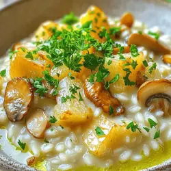 To make a creamy mushroom risotto, you need a few key items. Here’s what you’ll need: - 1 cup Arborio rice - 4 cups vegetable broth - 1 cup mushrooms (button mushrooms and shiitake, sliced) - 1 small onion, finely chopped - 2 garlic cloves, minced - 1/2 cup heavy cream - 1/2 cup grated Parmesan cheese - 2 tablespoons olive oil - 1 tablespoon unsalted butter - Salt and pepper to taste - Fresh parsley, chopped for garnish Arborio rice is special for risotto. It gives the dish a creamy texture. Vegetable broth adds rich flavor. Using fresh mushrooms, like button and shiitake, enhances the taste. Aromatics like onion and garlic provide depth. Heavy cream and Parmesan cheese make it rich. Olive oil and butter add smoothness. Seasoning with salt and pepper brings all the flavors together. Fresh parsley on top looks nice and adds a pop of green. You can find all these ingredients at your local grocery store. For the full recipe, check the earlier section. Enjoy making this comforting dish! To start, heat the vegetable broth in a medium saucepan over medium heat. You want it hot, but not boiling. This step is key for creamy mushroom risotto. Keeping the broth warm helps the rice cook evenly. Now, grab a large skillet and add olive oil and butter over medium heat. Once the butter melts, toss in the finely chopped onion. Cook it for about 3-4 minutes until it turns soft and clear. Then, add the minced garlic and sliced mushrooms. Stir and cook for 5-6 minutes. The mushrooms will brown and lose moisture, adding depth to your risotto. Next, add the Arborio rice to the skillet. Stir it around for 2-3 minutes. This helps the rice soak up the flavors. Now, start adding the warm broth one ladleful at a time. Keep stirring, allowing the rice to absorb the liquid before adding more. This method creates that creamy texture we love. Continue this for about 18-20 minutes. When the rice is creamy and al dente, mix in the heavy cream and grated Parmesan cheese. Season with salt and pepper to taste. Let it sit for a minute to thicken before serving. This step enhances the flavor and texture. For a lovely finish, top your risotto with freshly chopped parsley. For the complete recipe, check the [Full Recipe]. To get that creamy texture, use Arborio rice. This rice has a high starch content. Cook it slowly while adding broth a little at a time. Stir often to help release the starch. This makes the risotto creamy and smooth. Don’t rush the process; patience is key. If you want extra creaminess, add heavy cream and Parmesan cheese at the end. One common mistake is adding all the broth at once. This can make the rice cook unevenly. Another error is not stirring enough. Stirring helps the rice release starch, adding creaminess. Be careful not to let the risotto sit too long. It can become too thick and gummy. Always serve it fresh for the best taste. To boost the flavor, try adding herbs like thyme or rosemary. They pair well with mushrooms. Use a mix of mushrooms for depth, like shiitake and button mushrooms. You can also add a splash of white wine after sautéing the onions. This adds a nice acidity that complements the creaminess. Finally, top with fresh parsley for color and a hint of freshness. For the full recipe, check out the complete guide. {{image_2}} You can make your creamy mushroom risotto even heartier by adding protein. Chicken or shrimp are great choices. Cook them separately, then add them in at the end. If you want a plant-based option, consider chickpeas or lentils. They bring protein and extra texture. Mushrooms add depth and flavor to risotto. While button and shiitake are tasty, try different kinds! Portobello and cremini mushrooms provide rich, meaty flavors. You can also use a mix of wild mushrooms for a unique taste. Each type of mushroom will change the dish's profile. If you're looking for vegan or dairy-free options, it's easy to swap ingredients. Use coconut cream instead of heavy cream for richness. Nutritional yeast can replace Parmesan cheese. It adds a cheesy flavor without dairy. Make sure to choose vegetable broth for a fully vegan dish. Check out the Full Recipe for more details! Store any leftover creamy mushroom risotto in an airtight container. Let it cool down first. You can keep it in the fridge for up to three days. If you want to enjoy it later, consider freezing it. To reheat, put the risotto in a saucepan. Add a splash of broth or water. Heat it on low, stirring often. This helps the risotto regain its creamy texture. You want it warm and not dry. If you choose to freeze risotto, pour it into a freezer-safe container. Make sure to leave some space at the top. Risotto expands when it freezes. It can last for about two months in the freezer. When ready to eat, thaw it in the fridge overnight before reheating. For the full recipe, check the details above. Creamy mushroom risotto lasts about 3 to 5 days in the fridge. Store it in an airtight container to keep it fresh. Always let it cool before sealing. Check for any off smells or changes in texture before eating. You can make risotto ahead of time, but it may not be as creamy. Cook it a bit less than usual, then cool it quickly. Store it in the fridge. When ready to serve, reheat it gently. Add a splash of broth to help regain its creaminess. If your risotto is too dry, add more broth or water. Heat it gently while stirring. This will help restore its creamy texture. You can also mix in some extra heavy cream or butter for richness. Adjust the seasoning as needed. For a full recipe, see the previous sections. Enjoy your cooking! In this post, we covered making creamy mushroom risotto. We explored key ingredients like Arborio rice, mushrooms, and seasonings. You learned step-by-step instructions to prepare your dish and tips to ensure a perfect texture. We also discussed fun variations to suit your tastes and smart storage tips for leftovers. Embrace your cooking skills and enjoy creating this comforting meal. Each step helps you make risotto that impresses every time. Enjoy your delicious creation!