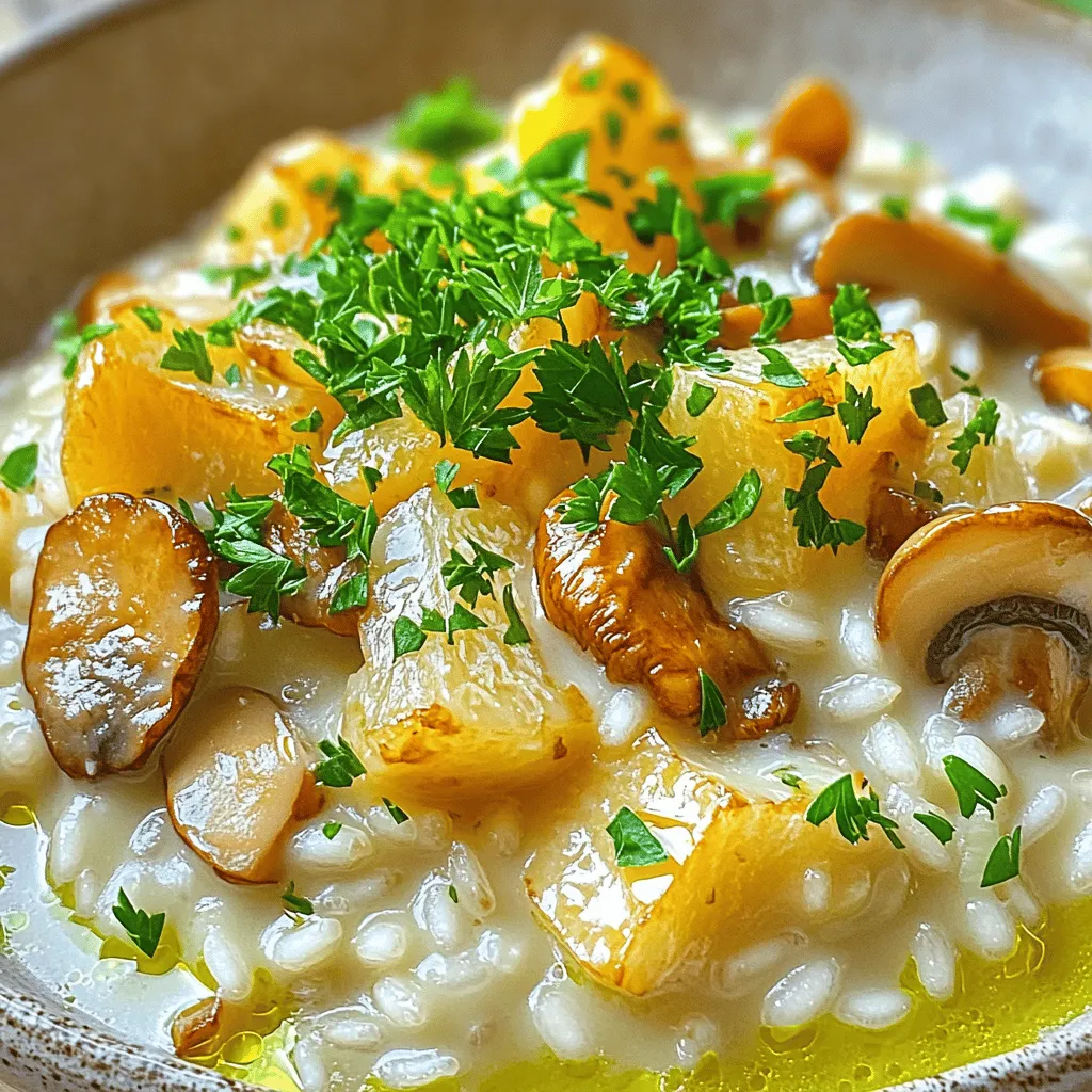To make a creamy mushroom risotto, you need a few key items. Here’s what you’ll need: - 1 cup Arborio rice - 4 cups vegetable broth - 1 cup mushrooms (button mushrooms and shiitake, sliced) - 1 small onion, finely chopped - 2 garlic cloves, minced - 1/2 cup heavy cream - 1/2 cup grated Parmesan cheese - 2 tablespoons olive oil - 1 tablespoon unsalted butter - Salt and pepper to taste - Fresh parsley, chopped for garnish Arborio rice is special for risotto. It gives the dish a creamy texture. Vegetable broth adds rich flavor. Using fresh mushrooms, like button and shiitake, enhances the taste. Aromatics like onion and garlic provide depth. Heavy cream and Parmesan cheese make it rich. Olive oil and butter add smoothness. Seasoning with salt and pepper brings all the flavors together. Fresh parsley on top looks nice and adds a pop of green. You can find all these ingredients at your local grocery store. For the full recipe, check the earlier section. Enjoy making this comforting dish! To start, heat the vegetable broth in a medium saucepan over medium heat. You want it hot, but not boiling. This step is key for creamy mushroom risotto. Keeping the broth warm helps the rice cook evenly. Now, grab a large skillet and add olive oil and butter over medium heat. Once the butter melts, toss in the finely chopped onion. Cook it for about 3-4 minutes until it turns soft and clear. Then, add the minced garlic and sliced mushrooms. Stir and cook for 5-6 minutes. The mushrooms will brown and lose moisture, adding depth to your risotto. Next, add the Arborio rice to the skillet. Stir it around for 2-3 minutes. This helps the rice soak up the flavors. Now, start adding the warm broth one ladleful at a time. Keep stirring, allowing the rice to absorb the liquid before adding more. This method creates that creamy texture we love. Continue this for about 18-20 minutes. When the rice is creamy and al dente, mix in the heavy cream and grated Parmesan cheese. Season with salt and pepper to taste. Let it sit for a minute to thicken before serving. This step enhances the flavor and texture. For a lovely finish, top your risotto with freshly chopped parsley. For the complete recipe, check the [Full Recipe]. To get that creamy texture, use Arborio rice. This rice has a high starch content. Cook it slowly while adding broth a little at a time. Stir often to help release the starch. This makes the risotto creamy and smooth. Don’t rush the process; patience is key. If you want extra creaminess, add heavy cream and Parmesan cheese at the end. One common mistake is adding all the broth at once. This can make the rice cook unevenly. Another error is not stirring enough. Stirring helps the rice release starch, adding creaminess. Be careful not to let the risotto sit too long. It can become too thick and gummy. Always serve it fresh for the best taste. To boost the flavor, try adding herbs like thyme or rosemary. They pair well with mushrooms. Use a mix of mushrooms for depth, like shiitake and button mushrooms. You can also add a splash of white wine after sautéing the onions. This adds a nice acidity that complements the creaminess. Finally, top with fresh parsley for color and a hint of freshness. For the full recipe, check out the complete guide. {{image_2}} You can make your creamy mushroom risotto even heartier by adding protein. Chicken or shrimp are great choices. Cook them separately, then add them in at the end. If you want a plant-based option, consider chickpeas or lentils. They bring protein and extra texture. Mushrooms add depth and flavor to risotto. While button and shiitake are tasty, try different kinds! Portobello and cremini mushrooms provide rich, meaty flavors. You can also use a mix of wild mushrooms for a unique taste. Each type of mushroom will change the dish's profile. If you're looking for vegan or dairy-free options, it's easy to swap ingredients. Use coconut cream instead of heavy cream for richness. Nutritional yeast can replace Parmesan cheese. It adds a cheesy flavor without dairy. Make sure to choose vegetable broth for a fully vegan dish. Check out the Full Recipe for more details! Store any leftover creamy mushroom risotto in an airtight container. Let it cool down first. You can keep it in the fridge for up to three days. If you want to enjoy it later, consider freezing it. To reheat, put the risotto in a saucepan. Add a splash of broth or water. Heat it on low, stirring often. This helps the risotto regain its creamy texture. You want it warm and not dry. If you choose to freeze risotto, pour it into a freezer-safe container. Make sure to leave some space at the top. Risotto expands when it freezes. It can last for about two months in the freezer. When ready to eat, thaw it in the fridge overnight before reheating. For the full recipe, check the details above. Creamy mushroom risotto lasts about 3 to 5 days in the fridge. Store it in an airtight container to keep it fresh. Always let it cool before sealing. Check for any off smells or changes in texture before eating. You can make risotto ahead of time, but it may not be as creamy. Cook it a bit less than usual, then cool it quickly. Store it in the fridge. When ready to serve, reheat it gently. Add a splash of broth to help regain its creaminess. If your risotto is too dry, add more broth or water. Heat it gently while stirring. This will help restore its creamy texture. You can also mix in some extra heavy cream or butter for richness. Adjust the seasoning as needed. For a full recipe, see the previous sections. Enjoy your cooking! In this post, we covered making creamy mushroom risotto. We explored key ingredients like Arborio rice, mushrooms, and seasonings. You learned step-by-step instructions to prepare your dish and tips to ensure a perfect texture. We also discussed fun variations to suit your tastes and smart storage tips for leftovers. Embrace your cooking skills and enjoy creating this comforting meal. Each step helps you make risotto that impresses every time. Enjoy your delicious creation!