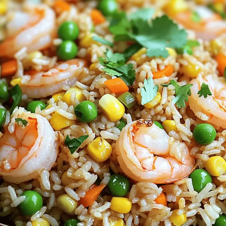 To make Easy Shrimp Fried Rice, you need a few simple ingredients. Here is what you’ll need: - 2 cups cooked jasmine rice (preferably day-old) - 1 cup shrimp, peeled and deveined - 2 tablespoons vegetable oil (divided) - 2 eggs, beaten - 1 cup mixed vegetables (peas, carrots, and corn) - 3 green onions, chopped - 3 cloves garlic, minced - 2 tablespoons soy sauce - 1 teaspoon sesame oil - Salt and pepper to taste - Fresh cilantro for garnish (optional) Each ingredient plays a key role in the dish. Day-old rice gives the best texture. Fresh shrimp adds flavor and protein. The vegetables bring color and nutrition. Eggs give a nice richness. Soy sauce and sesame oil create depth in taste. You can also use fresh cilantro for a pop of freshness. For the full recipe, check the details above. This dish is quick to make and packs a lot of flavor. Cooking the shrimp Start by heating 1 tablespoon of vegetable oil in a large skillet over medium-high heat. Add the shrimp, cooking them until they turn pink, about 2-3 minutes. Once done, take the shrimp out and set them aside. This step ensures you get juicy shrimp with great flavor. Scrambling the eggs In the same skillet, add the remaining tablespoon of oil. Pour in the beaten eggs and scramble them well. You want the eggs to cook fully, which takes just a couple of minutes. When they are done, remove them and set aside with the shrimp. Scrambled eggs add richness to your fried rice. Stir-frying the vegetables Next, add minced garlic to the skillet. Stir it for about 30 seconds until it smells great. Then, toss in the mixed vegetables. Cook these for another 2-3 minutes until they are tender. This step brings vibrant colors and nutrients to your dish. Adding rice to the skillet Now it’s time to add the cooked jasmine rice. Make sure to break apart any clumps. Stir-fry the rice for about 3-4 minutes until it heats through. This step is key to getting that perfect fried rice texture. Incorporating shrimp and eggs Return the cooked shrimp and scrambled eggs to the skillet. Pour the soy sauce and sesame oil over everything. Toss everything together evenly so that the flavors mix well. This step ties all the ingredients together with a savory taste. Seasoning the dish Lastly, season with salt and pepper to taste. You can adjust the flavors based on your preference. Finally, fold in the chopped green onions, mixing well. This adds a fresh crunch and bright flavor to your meal. Ideal skillet temperature Keep your skillet at medium-high heat. This temperature helps cook everything quickly without burning and keeps the dish light. Importance of day-old rice Using day-old rice is a game changer. It’s drier and firmer, which prevents the fried rice from becoming mushy. Fresh rice can stick together, ruining the texture. So, if you can, plan ahead and use rice that’s been cooked and cooled the day before. For the full recipe, you can check out the details above. Enjoy your cooking! To make your fried rice great, choosing the right soy sauce matters. I suggest using a light soy sauce. It adds a nice flavor without overpowering your dish. You can also try low-sodium soy sauce for a lighter taste. Next, adjust flavors with sesame oil. Add it at the end to keep its strong taste. Just a teaspoon can change everything. It brings warmth and depth to your meal. One mistake to avoid is overcooking shrimp. Cook them just until they turn pink. This takes about 2 to 3 minutes. If you cook them too long, they become tough. Another common mistake is using fresh rice instead of day-old. Fresh rice is moist and clumps together. Day-old rice dries out a bit, making it perfect for stir-frying. To boost flavor, add spices like white pepper. It has a unique heat that pairs well with shrimp. Just a pinch can elevate your dish. Incorporating fresh herbs also makes a big difference. Try adding chopped cilantro or basil. They add fresh notes and color to your fried rice. For more tips, check the Full Recipe for extra guidance. {{image_2}} You can switch up the proteins in shrimp fried rice. Chicken or beef works well. Just slice the meat thin and cook it before adding other ingredients. This keeps the dish light and tasty. For a vegetarian option, use tofu. Firm tofu absorbs flavors well. Simply cube it and stir-fry until golden. To make a vegetarian version, skip the shrimp. Instead, add more veggies like bell peppers or broccoli. You can use mushrooms for a meaty feel. If you want a vegan dish, replace eggs with a flaxseed mixture. Mix one tablespoon of ground flaxseed with three tablespoons of water. Let it sit for a few minutes until it thickens. This gives a nice texture. Want a spicy kick? Add chopped chili peppers or a dash of hot sauce. This adds heat and depth to the dish. You can also play with different types of rice. Jasmine rice is great, but brown rice adds a nutty flavor. Each type brings its unique twist to your meal. After you make Easy Shrimp Fried Rice, store any leftovers in the fridge. Use an airtight container to keep it fresh. Shrimp fried rice can last for up to three days in the refrigerator. If you want to keep it longer, consider freezing it. To freeze, place the fried rice in a freezer-safe bag. Remove as much air as possible before sealing. This can last for about two months in the freezer. When you're ready to enjoy your leftovers, you have a few good options. The best method is to reheat it in a skillet over medium heat. This helps maintain the flavor and texture. Stir it often to prevent sticking. You can also use a microwave, but be careful not to overheat. Heat in short bursts, stirring in between, until it's hot throughout. In the fridge, shrimp fried rice lasts about three days. If you see any changes in color or smell, it’s best to throw it away. Signs of spoilage include a slimy texture or an off smell. Always trust your senses to decide if your food is still good. Making Easy Shrimp Fried Rice takes about 20 minutes. This includes prep and cooking time. You can whip it up quickly for a tasty meal any day of the week. Yes, you can use frozen shrimp. Just thaw them before cooking. This helps to keep the texture right. You can run them under cold water for a few minutes. You can add many vegetables for more nutrition. Good options include bell peppers, broccoli, or snap peas. These add color and crunch to your fried rice. Yes, you can skip soy sauce. Use coconut aminos or tamari for a gluten-free option. You can also add extra herbs or spices for flavor. The best rice for fried rice is jasmine rice. Day-old rice works best. It’s drier and keeps its shape. Fresh rice can be too sticky and turn mushy. - [Link to detailed recipe if applicable] In this post, we explored how to make easy shrimp fried rice. We covered key ingredients, steps for preparation, and cooking tips. We also discussed variations, storing leftovers, and answered common questions. Fried rice can be customized to your taste. Enjoy the fresh flavors, and don’t hesitate to experiment. This dish is simple, fun, and perfect for any meal. You can now create a delicious shrimp fried rice that suits your needs. Happy cooking!