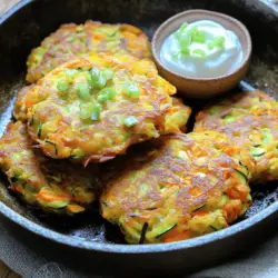 - 2 medium zucchinis, grated - 2 medium carrots, grated - 1/2 cup all-purpose flour - 1/4 cup grated Parmesan cheese - 1 large egg - 2 green onions, finely chopped - 2 cloves garlic, minced - 1 teaspoon dried oregano - 1/2 teaspoon salt - 1/4 teaspoon black pepper - Olive oil for frying To make these zucchini carrot fritters, you need fresh ingredients. Grating the zucchinis and carrots adds a nice texture. The flour helps bind everything together. Parmesan cheese gives a great flavor. One egg will hold the fritters firm. Green onions and garlic add a tasty kick. Oregano, salt, and pepper bring out all the flavors. - Box grater - Mixing bowl - Non-stick skillet - Spatula - Kitchen towel - Paper towels You will need a box grater to grate the vegetables. A mixing bowl helps combine all the ingredients. A non-stick skillet cooks the fritters evenly. A spatula makes flipping easy. A kitchen towel is handy for drying the veggies. Paper towels help soak up extra oil after frying. For the full recipe, check the details above. Each ingredient and tool plays a role in making these fritters crispy and delicious. Start by grating the zucchinis and carrots. Use a box grater for this task. It’s easy and quick! After grating, place the veggies in a clean kitchen towel. Squeeze out the excess moisture. This step is key. If you skip it, the fritters may turn out soggy. In a large mixing bowl, combine all the ingredients. Add the grated zucchini, grated carrots, flour, Parmesan cheese, egg, green onions, garlic, oregano, salt, and pepper. Mix until everything is well incorporated. You want a nice, even mixture. It should hold together well. Now, heat olive oil in a non-stick skillet over medium heat. Use about two tablespoons of oil for a nice crisp. Once the oil is hot, scoop about 2 tablespoons of the fritter mixture into the skillet. Flatten them slightly with a spatula. Fry each fritter for about 3-4 minutes on each side. They should be golden brown and crispy. You may need to fry in batches, adding more oil as required. After cooking, transfer the fritters to a plate lined with paper towels. This helps to drain excess oil. Serve warm and enjoy with your favorite dipping sauce. For a twist, try a dollop of Greek yogurt on the side. To make sure your zucchini carrot fritters are crispy, moisture removal is key. Excess liquid can lead to soggy fritters. After grating the vegetables, place them in a clean kitchen towel. Squeeze tightly to remove as much water as possible. This step is crucial. When frying, work in batches. Frying too many at once lowers the oil temperature. This can lead to soggy fritters. Leave space in the skillet for even cooking. Add oil as needed to keep the fritters frying at the right heat. Want to boost the flavor of your fritters? Consider adding spices like cumin or paprika. These spices add warmth and depth. You can also try fresh herbs, like parsley or cilantro, for a fresh taste. Cheese can also change the flavor. Instead of Parmesan, try feta or goat cheese. Each cheese adds a unique taste and richness. Experiment with different options to find what suits you best. These fritters are great as a snack or a meal. Pair them with sauces like tzatziki or salsa for extra flavor. A simple yogurt dip is also delicious. You can serve these fritters as an appetizer or a side dish. Stack them high on a platter for a fun presentation. Serve them warm for the best experience. For a full recipe, check the detailed steps above. {{image_2}} You can easily swap zucchini for other vegetables. Try using yellow squash or sweet potatoes. These options bring their own flavors and textures. You can use a mix of different vegetables too. This makes your fritters colorful and fun. For those needing gluten-free options, consider using almond flour or chickpea flour. These flours work well and keep the fritters light. They add unique flavors that blend nicely with the veggies. If you want to make these fritters vegan, you can replace the egg. Use a flaxseed meal or chia seed mixture instead. Just mix one tablespoon of seeds with three tablespoons of water. Let it sit for a few minutes until it gets thick. You can also skip the cheese or replace it with a nut-based cheese. This keeps the flavor creamy without using dairy. Want to kick up the flavor? Adding herbs and spices can transform your fritters. Try mixing in fresh basil, cilantro, or even a pinch of cayenne pepper. These spices can bring warmth and depth to your dish. You can also experiment with different cuisines. For a sweet chili twist, add some chili flakes or sauce. If you prefer curry, toss in curry powder or garam masala. Both options make these fritters extra tasty and exciting. For the full recipe, check out the Zucchini Carrot Fritters recipe. To keep your zucchini carrot fritters fresh, store them in the fridge. Place them in an airtight container. This method helps maintain their flavor and texture. Make sure they cool completely before sealing. If you stack them, use parchment paper to prevent sticking. When it's time to enjoy leftovers, reheating is key. The best method is to use a skillet. Heat the skillet over medium heat and add a little olive oil. Place the fritters in the skillet and cook for about 2-3 minutes on each side. This method keeps them crispy and warm. Avoid using the microwave, as it can make them soggy. If you want to save some fritters for later, freezing is a great option. First, let them cool completely. Then, arrange them in a single layer on a baking sheet. Freeze until solid, then transfer them to a freezer bag. This method prevents them from sticking together. To cook from frozen, bake them in the oven at 400°F for about 15-20 minutes. You don’t need to thaw them first; just keep an eye on them so they get crispy. Enjoy making these delicious fritters, and check out the Full Recipe for all the juicy details! You can tell when fritters are done by their color. Look for a golden-brown crust. The fritters should feel firm to the touch. If they are soft or mushy, they need more time. Cooking them for about 3-4 minutes on each side helps achieve this perfect crunch. Yes, you can make these fritters ahead of time. Prepare the mixture and store it in the fridge for up to 24 hours. This saves time on busy days. You can also cook the fritters, let them cool, and store them in airtight containers. They last in the fridge for about 3 days. Zucchini carrot fritters pair well with various dips. Some popular choices include Greek yogurt, sour cream, or even a tangy tzatziki. You can also serve them with a fresh salad or a side of roasted veggies. They make a great snack or appetizer for any meal. For the complete Zucchini Carrot Fritters recipe, check out the [Full Recipe]. You now have all the steps to make tasty zucchini carrot fritters. From choosing fresh ingredients to cooking methods, each part is important. Remember to squeeze out moisture for crispiness and try different spices for extra flavor. You can also explore variations, like a vegan option or different vegetables. Whether for a snack or meal, these fritters are a hit. Enjoy making them and sharing with friends!