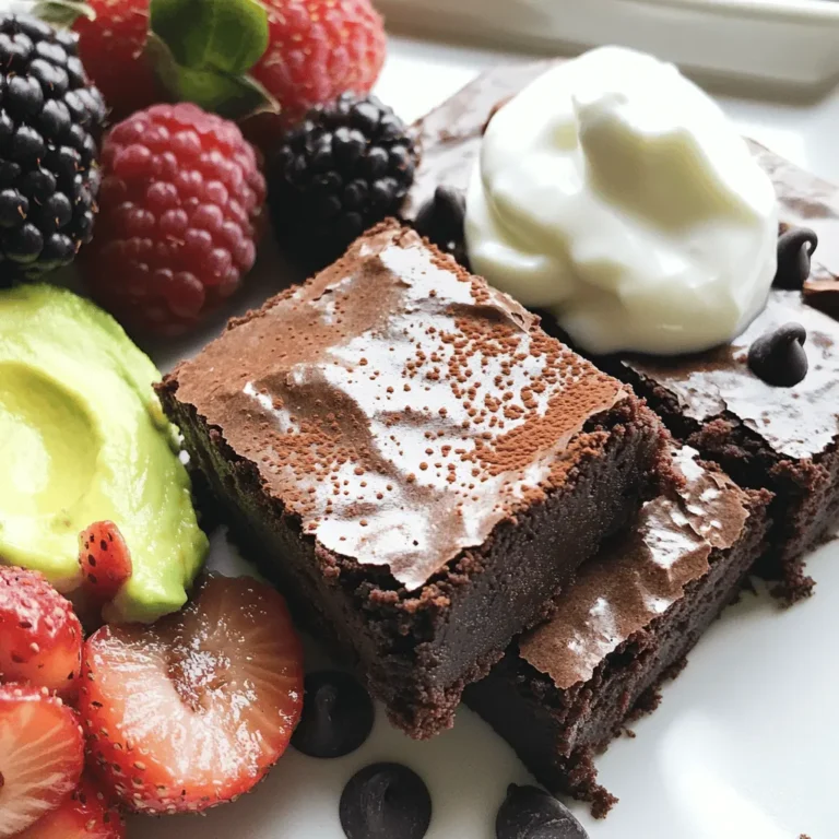 - 1 ripe avocado, peeled and pitted - 1/2 cup unsweetened cocoa powder - 1/2 cup maple syrup or honey - 1/4 cup almond butter or peanut butter - 1/2 cup whole wheat flour - 1/2 teaspoon baking soda - 1/4 teaspoon salt - 1 teaspoon vanilla extract - 1/2 cup dark chocolate chips (dairy-free if desired) Each brownie has about 100 calories. They offer a good balance of nutrients: - Fat: 5g - Carbohydrates: 12g - Protein: 2g - Mixing bowls - Fork or food processor - Baking pan (8x8 inches) - Parchment paper These ingredients mix well to create moist and rich brownies. The avocado replaces oil and adds healthy fats. Cocoa powder gives a deep chocolate flavor, while maple syrup sweetens naturally. Whole wheat flour adds fiber. You can use almond or peanut butter for creaminess. Dark chocolate chips boost the chocolate taste. This recipe is simple and quick. You’ll need basic kitchen tools to make it. The mixing bowls help combine the ingredients. A fork or food processor makes mashing the avocado easy. The baking pan ensures even cooking. Parchment paper helps with easy brownie removal. You can check the [Full Recipe](#) for detailed steps. First, preheat your oven to 350°F (175°C). This step is key for even baking. Next, take an 8x8 inch baking pan and line it with parchment paper. Let some paper hang over the edges. This makes it easy to lift the brownies out later. Grab a medium bowl and mash the ripe avocado until it is smooth. You can use a fork or a food processor. Once smooth, add the maple syrup (or honey), almond butter, and vanilla extract. Mix everything together until well combined. This blend adds moisture and flavor to the brownies. In another bowl, whisk together the cocoa powder, whole wheat flour, baking soda, and salt. This helps distribute the ingredients evenly. Make sure there are no lumps. Each dry ingredient plays a role in the brownie’s texture and taste. Now, combine the wet and dry ingredients in one bowl. Mix until just combined; it’s okay if there are a few lumps. Next, fold in the dark chocolate chips. This adds bursts of chocolate to every bite. Pour the batter into your prepared pan. Spread it evenly with a spatula. Bake in the preheated oven for 20-25 minutes. Check for doneness by inserting a toothpick. It should come out with a few moist crumbs, not wet batter. Once baked, cool the brownies in the pan for about 15 minutes. Use the parchment paper to lift them out for further cooling. After that, cut them into squares. For the full recipe, refer to the instructions above. To get the best texture in your brownies, avoid overmixing the batter. Overmixing can make the brownies tough. Mix just until the wet and dry ingredients combine. A few lumps are okay! This helps keep them fudgy. For extra fudginess, use ripe avocados and fold in dark chocolate chips gently. If you want to change the sweetness, try using less maple syrup or honey. You can also add more cocoa powder for a richer taste. If you need a substitute for maple syrup or honey, try agave nectar or date syrup. These options work well and keep your brownies sweet! Garnishing your brownies can make them look even better. Dust them with cocoa powder or powdered sugar before serving. You can also add fresh berries or a dollop of yogurt on the side. This adds color and makes for a tasty treat! For the full recipe, check the recipe section above. {{image_2}} You can enjoy these brownies without gluten. Just swap regular flour for almond flour or a gluten-free flour blend. Both options keep the brownies rich and tasty. Make sure to check the labels for any hidden gluten. Want to add some crunch? Toss in some chopped nuts or seeds. Walnuts or pecans work great. You can also spice things up. Add a pinch of cinnamon for warmth, or a little espresso powder for a coffee kick. These little tweaks boost the flavor and make each bite exciting. If you're vegan, you can easily adjust this recipe. Use a flax egg or applesauce instead of eggs. For dairy-free options, choose dairy-free chocolate chips. This way, everyone can enjoy these brownies without worry. To keep your healthy chocolate avocado brownies fresh, store them in an airtight container. You can keep them at room temperature for a short time. If you want them to last longer, put them in the refrigerator. This helps maintain their moist texture and rich flavor. These brownies stay fresh for about three to five days when stored properly. If you keep them in the fridge, they may last a bit longer. However, for the best taste, try to eat them within a few days. If you want to save some for later, freezing is a great option. First, let the brownies cool completely. Then, wrap them tightly in plastic wrap or foil. Place the wrapped brownies in a freezer-safe bag or container. They can last up to three months in the freezer. When you're ready to enjoy, thaw them in the fridge overnight or at room temperature for a few hours. Yes, you can use ripe bananas. They will add natural sweetness and moisture. However, the flavor will change a bit. The brownies may taste more like banana bread. If you want a rich chocolate flavor, stick with avocado. To make these brownies healthier, consider these tips: - Use almond flour instead of whole wheat flour. - Reduce the maple syrup or honey. - Add nuts or seeds for extra nutrients. - Swap dark chocolate chips for cacao nibs to cut sugar. To reheat brownies, simply place them in the microwave for 10-15 seconds. This warms them up without drying them out. You can also place them in a warm oven for a few minutes. Just don’t forget to keep an eye on them. You can tell if the brownies are done by using a toothpick. Insert it into the center. If it comes out with a few moist crumbs, they are ready. If you see wet batter, bake them a bit longer. Absolutely! These brownies are a great treat for kids. They are made with healthy ingredients and are lower in sugar. Plus, the chocolate flavor is always a hit. Kids won’t even notice the avocado! For the full recipe, check out the Healthy Chocolate Avocado Brownies section. These avocado brownies mix healthy ingredients for a delicious treat. We covered every step, from mixing to baking. You learned how to adjust sweetness and explore fun variations. Storing tips help keep your brownies fresh longer. Feel free to experiment with flavors and ingredients. In the end, you create a tasty treat that’s good for you, too. Enjoy making these brownies and share them with friends!