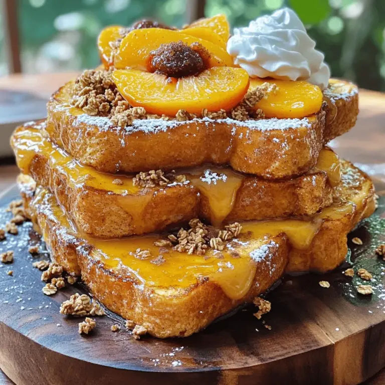 To make Peach Cobbler French Toast, gather these simple ingredients: - 4 slices of thick bread (preferably brioche or challah) - 2 ripe peaches, sliced (or use canned peaches, drained) - 2 large eggs - 1 cup milk (whole or almond milk) - 1 tablespoon vanilla extract - 1 teaspoon cinnamon - 1 tablespoon brown sugar - 1 tablespoon butter (for cooking) - ½ cup granola (optional, for a crunchy topping) - Whipped cream (for serving, optional) These ingredients create a sweet, rich flavor that brings joy to any meal. Feel free to get creative with your ingredients! Some fun ideas include: - Use different fruits like blueberries or strawberries for a twist. - Swap out the bread for whole grain or gluten-free options. - Try adding a pinch of nutmeg for extra warmth in the flavor. These variations can help you customize your French toast to fit your taste. If you have allergies or dietary needs, here are some great substitutes: - For eggs, try using flaxseed meal mixed with water (1 tablespoon flaxseed + 2.5 tablespoons water). - Almond milk can be replaced with oat or coconut milk for a dairy-free option. - Use maple syrup instead of brown sugar for a refined sugar-free choice. These substitutions keep the dish delicious while accommodating different diets. To make Peach Cobbler French Toast, gather your ingredients first. This dish combines sweet peaches and creamy French toast. You will soak bread, cook it, and add delicious toppings. The steps are simple and fun. 1. In a bowl, whisk together the eggs, milk, vanilla extract, and cinnamon. Make sure it mixes well. 2. Pour this egg mixture into a shallow dish. Soak each slice of thick bread for 2-3 minutes on each side. This helps the bread soak up the flavor. 3. While the bread soaks, prepare the peach topping. In a small saucepan, add the sliced peaches and brown sugar. Cook over medium heat for 5-7 minutes. Stir often until the peaches soften and become syrupy. 4. Heat a skillet over medium heat and add butter. When it melts, add the soaked bread slices. Cook each side for 3-4 minutes until they turn golden brown. 5. Once all the bread is cooked, plate it. Spoon the warm peach mixture over each slice. 6. You can sprinkle granola on top for extra crunch. Serve with whipped cream if you like. - Use thick bread for the best texture. Brioche or challah works great. - Don’t rush the soaking process. Let the bread soak enough to absorb the mixture. - Keep the heat moderate. This helps cook the toast evenly without burning. - For a fun touch, add fresh peach slices on top before serving. Follow these steps to create a delightful breakfast treat! Don't forget to check the Full Recipe for more details. To get the best flavor, soak your bread right. Use thick bread like brioche or challah. A shallow dish works best for soaking. Pour your egg mixture in and soak each slice for 2-3 minutes on both sides. This helps the bread absorb the sweet flavors. Don't rush this step. If your bread is too dry, it won't soak well. For crispy French toast, use medium heat. If the heat is too high, the outside burns while the inside stays raw. Use enough butter in your skillet. It adds flavor and helps get that golden brown color. Cook each side for about 3-4 minutes. Keep an eye on it. You want it crispy but not burnt. Top your French toast with the warm peach mixture. It gives a sweet, juicy burst. For extra crunch, sprinkle granola on top. Whipped cream adds creaminess. You can even use a drizzle of maple syrup for more sweetness. Serve with fresh peach slices for a fun look. Each bite should be a mix of textures and flavors. For more ideas, check out the Full Recipe. {{image_2}} You can switch up the peaches with other fruits. Fresh berries are a great choice. Strawberries, blueberries, or raspberries add bright flavors. You can also use apples. Cook them with a bit of cinnamon for a warm topping. Bananas can work too; just slice them and add right before serving. Each fruit gives a unique taste to your French toast. If you want something different, try a savory version. Use cheese, like cream cheese or ricotta, between the bread slices. Cook the bread as usual, then top with sautéed mushrooms or spinach. You can also add bacon for a salty crunch. Drizzle a bit of maple syrup on top for a sweet and savory mix. This twist will surprise your guests! For vegans, swap the eggs and milk with plant-based options. Use flaxseed meal mixed with water as an egg substitute. Almond milk, oat milk, or soy milk work well too. For gluten-free needs, choose gluten-free bread. There are many tasty options in stores now. Just ensure your toppings are also gluten-free. These changes keep the flavors while meeting your dietary needs. Check out the Full Recipe to explore more ways to enjoy Peach Cobbler French Toast! To store leftover Peach Cobbler French Toast, let it cool first. Place it in an airtight container. You can keep it in the fridge for up to three days. Make sure to layer the pieces with parchment paper. This keeps them from sticking together. Always check for any signs of spoilage before eating. When reheating, I suggest using an oven or skillet. Preheat your oven to 350°F (175°C). Place the French toast on a baking sheet and heat for about 10 minutes. If using a skillet, add a little butter and heat over medium heat. This method helps keep the toast crispy. Avoid using the microwave if you can. It can make the French toast soggy. You can freeze Peach Cobbler French Toast for up to two months. First, let it cool completely. Wrap each slice in plastic wrap. Then place them in a freezer-safe bag. When you're ready to eat, defrost overnight in the fridge. Reheat as mentioned above for the best taste and texture. Enjoy your peachy delight any day! Yes, you can use frozen peaches! They save time and still taste great. Just thaw them first to remove excess water. Slice them into pieces and follow the recipe as usual. The cooking time might change slightly. Keep an eye on the peaches as they heat. You want them warm and sweet! Thick bread works best for French toast. I love brioche and challah because they soak up the egg mix well. You can also use sourdough or Texas toast for a different taste. Avoid thin bread, as it can get soggy and break apart. Remember, the thicker the bread, the better the French toast! You can prep the French toast ahead! Mix the egg and milk blend and soak the bread slices. Store them in the fridge for up to 24 hours. For the peach topping, you can cook it and store it separately. When ready to serve, just cook the soaked bread and heat the peaches. Enjoy a tasty breakfast with less morning stress! In this article, we covered the basics of making Peach Cobbler French Toast. We discussed key ingredients, cooking steps, and useful tips. You learned about variations and how to store leftovers. Remember, you can make this dish your own by playing with toppings and ingredients. With this knowledge, you can enjoy a tasty breakfast that suits your preferences. Happy cooking!