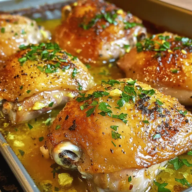- 2 chicken thighs, bone-in and skin-on - Salt and pepper to taste - 1 lemon, zested and juiced - 4 cloves of garlic, minced - 2 tablespoons olive oil - 1 teaspoon dried oregano - 1 teaspoon smoked paprika - Fresh parsley, chopped (for garnish) Lemon garlic roasted chicken is a simple dish that brings big flavors. The chicken thighs stay juicy, and the skin gets crispy. The lemon and garlic mix well to create a bright taste. This dish is perfect for a weeknight dinner or a special occasion. To start, you need fresh chicken thighs. They have rich flavor and moisture that work great with the marinade. The skin helps keep the meat juicy while roasting. Don’t forget to add salt and pepper to bring out the chicken’s taste. Next, the marinade is what makes this dish shine. The lemon zest gives a fresh aroma, while the juice adds brightness. Fresh garlic adds a punch, and olive oil helps keep the chicken moist. Oregano and smoked paprika add depth and warmth to the flavor. You can find the full recipe above if you want to try it out. Each ingredient plays a role in creating a delicious meal. So, gather these items and get ready to impress your family and friends! Start by making the marinade. In a small bowl, mix together the lemon zest, lemon juice, minced garlic, and spices. Add the olive oil, oregano, smoked paprika, salt, and pepper. Stir it all well. This blend brings out fresh flavors in the chicken. Now, take your chicken thighs. Place them in a shallow dish. Pour the marinade over the chicken, making sure it is well-coated. This step is key. Let the chicken marinate for at least 30 minutes. It allows the flavors to soak in and makes the chicken extra tasty. Preheat your oven to 425°F (220°C). Once your chicken is marinated, place the thighs in a roasting pan with the skin side up. Pour any leftover marinade over the chicken. Roast the chicken for 35 to 40 minutes. The chicken is done when it reaches 165°F (75°C) and the skin is golden brown. After roasting, let the chicken rest for about 5 minutes. This helps keep it juicy. Before serving, garnish with freshly chopped parsley. For the full recipe, see above. To get that perfect golden brown skin, start with dry chicken. Pat the skin with paper towels to remove moisture. This helps the skin crisp up in the oven. Use high heat, like 425°F (220°C). This temperature cooks the chicken fast and keeps the skin crunchy. Finally, don’t cover the chicken while it roasts. This ensures the air circulates and the skin stays crispy. Marinating chicken for 30 minutes is good, but longer is better. When you let the chicken soak in the marinade overnight, it absorbs more flavor. The lemon and garlic penetrate deeper, making each bite tasty. You can also try marinating for two hours. This short time still adds great flavor, but overnight is best for rich taste. To make sure your chicken is safe to eat, check the internal temperature. Use a meat thermometer and aim for 165°F (75°C). Insert the thermometer into the thickest part of the thigh. If you don’t have a thermometer, cut into the chicken. The juices should run clear, and the meat should not look pink. This method helps you serve perfectly cooked chicken to your guests. You can find the full recipe above for more details. {{image_2}} You can change the herbs to make this dish your own. Try fresh rosemary or thyme instead of oregano. They add a nice earthy taste. You can also use basil for a sweeter note. Experimenting with herbs can lead to new flavors. Each herb brings its unique twist to the chicken. You can grill or roast the chicken thighs. Grilling gives them a nice char and smoky flavor. It also cooks the chicken faster. Roasting keeps the chicken juicy and tender. Both methods work well for lemon garlic chicken. Choose your method based on your mood or the season. This lemon garlic chicken pairs well with many sides. Roasted vegetables or a fresh salad make great choices. Serve it with rice or potatoes to soak up the juices. You can also add a side of garlic bread for extra flavor. Try a light white wine to enhance the meal. Enjoy the blend of flavors with every bite. For the complete cooking guide, check out the Full Recipe. To store your leftover lemon garlic roasted chicken, first let it cool down. Place the chicken in an airtight container. Make sure to cover it well to keep it fresh. You can store it in the fridge for up to four days. When ready to eat, check for any off smells or changes in color before reheating. If you want to keep the chicken longer, freezing is a great option. Wrap each piece tightly in plastic wrap. Then, place them in a freezer-safe bag or container. This way, the chicken won’t get freezer burn. You can freeze the chicken for up to three months. Just remember to label the bag with the date for easy tracking. To reheat without losing flavor, the oven works best. Preheat your oven to 350°F (175°C). Place the chicken on a baking dish and cover it with foil to keep moisture in. Heat for about 20 minutes or until it reaches 165°F (75°C) inside. You can also reheat it in a skillet over medium heat. Just add a splash of chicken broth to keep it juicy. Enjoy your meal just like the first time! Yes, you can use chicken breasts. They will cook faster than thighs. Keep an eye on the cooking time. For best results, choose bone-in breasts. They stay juicy and flavorful. This recipe is simple to adapt. Check your spices and oils for gluten. Most olive oils and dried spices are safe. Use fresh herbs for added flavor without gluten. Serve the chicken hot from the oven. Place it on a large platter. Add fresh parsley on top for color. Pair it with rice or vegetables. A side salad works well too. Keep the meal light and fresh. You can find the full recipe [here](#Full Recipe). This blog post covered making a tasty lemon garlic chicken. We looked at key ingredients, a step-by-step recipe, and handy tips. You learned about variations to suit your taste and how to store leftovers. In the end, this dish is simple and full of flavor. With the right prep and cooking, you will impress everyone at the table. Enjoy your cooking and savor each bite!