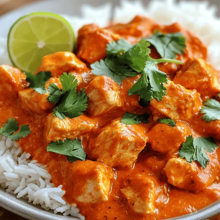 To make a tasty chicken tikka masala, gather these essential ingredients. Each one plays a key role in creating that rich flavor. - Chicken and Marinade Components - 500g boneless chicken breast, cubed - 1 cup plain yogurt - 1 tablespoon ginger-garlic paste - Spices and Seasoning - 2 tablespoons garam masala - 1 tablespoon cumin powder - 1 tablespoon coriander powder - 1 teaspoon turmeric powder - 1 teaspoon chili powder (adjust to taste) - Salt, to taste - Cooking Essentials - 2 tablespoons vegetable oil - 1 large onion, finely chopped - 1 can (400g) diced tomatoes - 1 cup heavy cream - Fresh cilantro, for garnish These ingredients make the dish flavorful and aromatic. Each spice adds depth. The yogurt helps the chicken stay tender. The heavy cream gives it a rich, creamy sauce. For the full recipe, check the main section. Combining Ingredients for the Marinade Start by mixing the yogurt, garam masala, cumin, coriander, turmeric, chili powder, ginger-garlic paste, and salt in a large bowl. Stir well until the mixture is smooth. This blend creates a rich and flavorful base for the chicken. Marinating Time Recommendations Next, add the cubed chicken to the marinade. Make sure each piece is well-coated. Cover the bowl and refrigerate for at least 1 hour. For the best flavor, marinate overnight if you can. This step allows the chicken to soak up all those wonderful spices. Sautéing Onions Heat vegetable oil in a large skillet over medium heat. Add the finely chopped onion and sauté until it turns golden brown and soft. This takes about 5 to 7 minutes. The onions add sweetness and depth to the dish. Cooking Chicken and Melding Flavors Remove any excess marinade from the chicken and add it to the skillet. Cook the chicken for about 6 to 8 minutes, stirring often. You want the chicken to lose its pink color. Then, add the canned diced tomatoes with their juices. Let the mix simmer for around 10 minutes. This allows the flavors to blend beautifully. Adding Cream for Richness Lower the heat and stir in the heavy cream. Cook for an additional 5 to 10 minutes. This makes the sauce thick and creamy, enhancing the overall taste. Taste and adjust the seasoning if needed. Your Chicken Tikka Masala is now ready to impress! For the full recipe, click here: [Full Recipe]. Marination Tips for Optimal Flavor To make your Chicken Tikka Masala shine, marination is key. Use plain yogurt for a tender texture. The spices in the marinade are essential. I recommend mixing together garam masala, cumin, coriander, turmeric, and chili powder. This mix adds depth to the chicken. Marinate it for at least one hour, but overnight is best. This allows the flavors to soak in deeply. Adjusting Spice Levels to Suit Your Taste Spice levels can be adjusted easily. If you like it milder, cut back on the chili powder. You can also add some sugar to balance the heat. For those who love a kick, add more chili powder or even fresh chopped chilies. Taste as you go to find your perfect balance. Presentation Ideas for Serving Serving your Chicken Tikka Masala is part of the fun. Use a large bowl or platter for a family-style meal. Garnish with fresh cilantro for a pop of color. A slice of lime adds brightness. For added texture, you can sprinkle some toasted nuts on top. Recommended Sides to Accompany the Dish To complete your meal, serve it with steamed basmati rice or warm naan. These sides soak up the rich sauce beautifully. You might also add a side of cooling cucumber raita. This contrast makes each bite delightful. Check out the Full Recipe for more tips on sides and serving ideas! {{image_2}} You can easily switch up the protein in your Chicken Tikka Masala. If you want a vegetarian dish, use chickpeas or paneer. Both options soak up the spices well. They give a nice texture and add protein. If you want a twist, consider using lamb or fish. Lamb has a rich taste that pairs perfectly with the spices. Fish like salmon works too, but cook it gently. It cooks faster, so keep an eye on it. Both options provide new flavors while keeping the dish delightful. Making Chicken Tikka Masala gluten-free is simple. Just use gluten-free yogurt and check the spice labels. Most spices are naturally gluten-free. If you want to lower the caloric content, swap heavy cream for coconut milk or Greek yogurt. Both options give creaminess without as many calories. You can also cut back on oil when cooking. This way, you keep the flavor while making it a bit lighter. For the full recipe and more details, check the Easy Chicken Tikka Masala section above. For the best taste and safety, store your Chicken Tikka Masala properly. - Refrigeration Guidelines: Let the dish cool completely before storing. Place it in an airtight container. It lasts for up to 3 days in the fridge. Always reheat thoroughly before serving. - Freezing Instructions: You can freeze Chicken Tikka Masala too. Use a freezer-safe container. It stays fresh for up to 3 months. Thaw in the fridge overnight before reheating. To keep your Chicken Tikka Masala tasty and warm, follow these tips. - Best Practices for Maintaining Flavor and Texture: Reheat on the stove over low heat. Stir often to prevent sticking. Add a splash of water or cream if it seems thick. This helps restore its creamy texture. Using these storage and reheating tips will ensure your Chicken Tikka Masala stays delicious, even days later. Can I make Chicken Tikka Masala in a slow cooker? Yes, you can! Just marinate the chicken as usual. Then, place the marinated chicken in your slow cooker. Add the diced tomatoes and cook on low for about 6 hours. When it’s nearly done, mix in the cream and let it warm through. How spicy is Chicken Tikka Masala typically? Chicken Tikka Masala can vary in spice. It usually has a mild to medium heat level. You can adjust the chili powder based on your taste. Start with a small amount and add more if you like it spicier. What can I substitute for heavy cream in this recipe? If you want to skip heavy cream, you can use coconut milk or Greek yogurt. Both add a nice creaminess. Coconut milk gives a sweet taste, while Greek yogurt will add tang. Just add it towards the end of cooking to keep it smooth. For the full recipe, check out Easy Chicken Tikka Masala. In this blog post, we explored how to make easy Chicken Tikka Masala. We reviewed the key ingredients, marinating process, and cooking steps. You learned tips for perfecting flavors and serving suggestions. We also discussed variations, storage techniques, and answered common questions. With this knowledge, you can create a delicious dish that suits your taste and lifestyle. Enjoy your cooking journey and feel free to try new variations for fun!