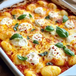 - 1 pound potato gnocchi - 2 tablespoons olive oil - 2 cloves garlic, minced - 1 cup marinara sauce - 1 cup ricotta cheese - 1 ½ cups shredded mozzarella cheese - ½ cup grated Parmesan cheese - 1 teaspoon dried oregano - 1 teaspoon red pepper flakes (optional) - Fresh basil leaves for garnish (optional) - Salt and pepper to taste Gathering these ingredients is key to making cheesy baked gnocchi. The potato gnocchi serves as a soft, pillowy base. The olive oil brings flavor and helps to sauté the garlic. Minced garlic adds a nice aroma and taste. Marinara sauce gives the dish its zesty kick. Ricotta cheese creates a creamy layer, while mozzarella makes it melty and gooey. Parmesan cheese adds a salty, nutty flavor. Dried oregano enhances the overall taste, and red pepper flakes can add heat if you like it spicy. Don't forget to season with salt and pepper! You can find the full recipe [here]. Enjoy cooking! - Preheat your oven to 375°F (190°C). - In a large pot of salted boiling water, cook the gnocchi until they float, about 2-3 minutes. Drain and set aside. - In a large skillet over medium heat, add olive oil and sauté minced garlic until it smells great, about 1 minute. - Stir in the marinara sauce. Bring it to a simmer. Add the cooked gnocchi, salt, pepper, and oregano. Gently mix to combine all ingredients. - In a separate bowl, mix ricotta cheese and half of the mozzarella cheese until smooth. - In a baking dish, spread half of the gnocchi mixture evenly on the bottom. Add half of the ricotta mixture on top. Layer the rest of the gnocchi mixture on top of that, then finish with the remaining ricotta. - Sprinkle the rest of the mozzarella and grated Parmesan cheese evenly over the top. If you like heat, add red pepper flakes. - Bake in the preheated oven for 25-30 minutes. Look for a bubbly and golden brown top. - Let it cool for a few minutes before serving. If you want, garnish with fresh basil leaves. For the complete recipe, check out the Full Recipe. - To cook gnocchi, bring a large pot of salted water to a boil. - Add gnocchi and wait until they float, about 2-3 minutes. - Drain the gnocchi and set them aside. This keeps them light and fluffy. - To melt cheese perfectly, use a mix of mozzarella and Parmesan. - Bake at 375°F for 25-30 minutes for a golden top. - Pair cheesy baked gnocchi with a crisp salad for a fresh bite. - Garlic bread is a great side to soak up the sauce. - For wine, a light red like Chianti works well. - If you prefer white, try a dry Sauvignon Blanc to balance the cheese. - If you want an alternative to ricotta, try cottage cheese. - Cream cheese also gives a rich texture. - For sauce, any tomato-based pasta sauce can work. - Alfredo sauce makes a creamy twist on this dish. For the full recipe, refer to the instructions provided earlier. {{image_2}} You can change the taste of cheesy baked gnocchi by adding vegetables. Spinach and mushrooms work well. They add flavor and nutrition. You can also include meat. Ground beef or Italian sausage adds heartiness. Just brown the meat before combining it with the sauce. Cheese is key to this dish. You can use different cheese blends for unique flavors. Try gouda or fontina for a creamy twist. If you want a dairy-free option, choose vegan cheese. Many brands now make tasty vegan cheeses that melt well. Do you like heat? You can easily spice up your dish. Add fresh jalapeños or red pepper flakes for extra kick. Spicy cheeses can also add warmth. Look for pepper jack or spicy cheddar to elevate the flavor. For the full recipe, check out the section above. Enjoy making your cheesy baked gnocchi unique! To store cheesy baked gnocchi in the fridge, place it in an airtight container. It can last for about three to four days. Make sure it cools down before sealing it up. For freezing leftovers, use a freezer-safe container. Wrap it tightly to prevent freezer burn. It can last for up to three months. When you’re ready to eat it, just thaw in the fridge overnight before reheating. To reheat cheesy baked gnocchi and keep its texture, use an oven. Preheat it to 350°F (175°C). Place the gnocchi in an oven-safe dish, cover it with foil, and heat for about 15-20 minutes. This method keeps the cheese gooey and the gnocchi firm. Avoid the microwave if you can. Microwaving may make it mushy. If you must use a microwave, heat in short intervals and stir often. This way, you keep the flavor and texture nice! How long can I store cheesy baked gnocchi? You can store cheesy baked gnocchi in the fridge for up to three days. Just place it in an airtight container. Can I use homemade gnocchi? Absolutely! Homemade gnocchi works great in this recipe. It adds a personal touch and fresh taste. What if I don’t have ricotta cheese? If you lack ricotta, use cottage cheese or cream cheese. Both options give a creamy texture. How to halve or double the recipe? To halve the recipe, use half the ingredients. For doubling, just double each ingredient. Your baking time may stay the same. Can I make this dish ahead of time? Yes, you can prepare it a day early. Just cover and store it in the fridge. Bake it when you’re ready. What is the optimal baking time for cheesy baked gnocchi? Bake for 25-30 minutes at 375°F (190°C). The top should be bubbly and golden. How do I know when it’s done? Check for a golden top and bubbling cheese. A fork should go in easily. Enjoy your delicious meal! For the full recipe, refer to the details provided earlier. Cheesy baked gnocchi is both simple and delicious. We covered key ingredients and step-by-step instructions to create this hearty dish. I shared tips on cooking, serving, and ingredient substitutions to match your taste. We explored fun variations, like adding veggies or using different cheeses. Finally, I provided storage and reheating methods for leftovers. With these insights, you can confidently make and enjoy this dish any time. Happy cooking!