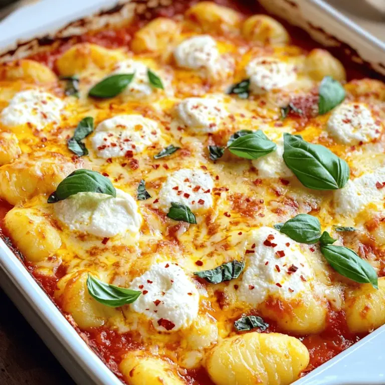 - 1 pound potato gnocchi - 2 tablespoons olive oil - 2 cloves garlic, minced - 1 cup marinara sauce - 1 cup ricotta cheese - 1 ½ cups shredded mozzarella cheese - ½ cup grated Parmesan cheese - 1 teaspoon dried oregano - 1 teaspoon red pepper flakes (optional) - Fresh basil leaves for garnish (optional) - Salt and pepper to taste Gathering these ingredients is key to making cheesy baked gnocchi. The potato gnocchi serves as a soft, pillowy base. The olive oil brings flavor and helps to sauté the garlic. Minced garlic adds a nice aroma and taste. Marinara sauce gives the dish its zesty kick. Ricotta cheese creates a creamy layer, while mozzarella makes it melty and gooey. Parmesan cheese adds a salty, nutty flavor. Dried oregano enhances the overall taste, and red pepper flakes can add heat if you like it spicy. Don't forget to season with salt and pepper! You can find the full recipe [here]. Enjoy cooking! - Preheat your oven to 375°F (190°C). - In a large pot of salted boiling water, cook the gnocchi until they float, about 2-3 minutes. Drain and set aside. - In a large skillet over medium heat, add olive oil and sauté minced garlic until it smells great, about 1 minute. - Stir in the marinara sauce. Bring it to a simmer. Add the cooked gnocchi, salt, pepper, and oregano. Gently mix to combine all ingredients. - In a separate bowl, mix ricotta cheese and half of the mozzarella cheese until smooth. - In a baking dish, spread half of the gnocchi mixture evenly on the bottom. Add half of the ricotta mixture on top. Layer the rest of the gnocchi mixture on top of that, then finish with the remaining ricotta. - Sprinkle the rest of the mozzarella and grated Parmesan cheese evenly over the top. If you like heat, add red pepper flakes. - Bake in the preheated oven for 25-30 minutes. Look for a bubbly and golden brown top. - Let it cool for a few minutes before serving. If you want, garnish with fresh basil leaves. For the complete recipe, check out the Full Recipe. - To cook gnocchi, bring a large pot of salted water to a boil. - Add gnocchi and wait until they float, about 2-3 minutes. - Drain the gnocchi and set them aside. This keeps them light and fluffy. - To melt cheese perfectly, use a mix of mozzarella and Parmesan. - Bake at 375°F for 25-30 minutes for a golden top. - Pair cheesy baked gnocchi with a crisp salad for a fresh bite. - Garlic bread is a great side to soak up the sauce. - For wine, a light red like Chianti works well. - If you prefer white, try a dry Sauvignon Blanc to balance the cheese. - If you want an alternative to ricotta, try cottage cheese. - Cream cheese also gives a rich texture. - For sauce, any tomato-based pasta sauce can work. - Alfredo sauce makes a creamy twist on this dish. For the full recipe, refer to the instructions provided earlier. {{image_2}} You can change the taste of cheesy baked gnocchi by adding vegetables. Spinach and mushrooms work well. They add flavor and nutrition. You can also include meat. Ground beef or Italian sausage adds heartiness. Just brown the meat before combining it with the sauce. Cheese is key to this dish. You can use different cheese blends for unique flavors. Try gouda or fontina for a creamy twist. If you want a dairy-free option, choose vegan cheese. Many brands now make tasty vegan cheeses that melt well. Do you like heat? You can easily spice up your dish. Add fresh jalapeños or red pepper flakes for extra kick. Spicy cheeses can also add warmth. Look for pepper jack or spicy cheddar to elevate the flavor. For the full recipe, check out the section above. Enjoy making your cheesy baked gnocchi unique! To store cheesy baked gnocchi in the fridge, place it in an airtight container. It can last for about three to four days. Make sure it cools down before sealing it up. For freezing leftovers, use a freezer-safe container. Wrap it tightly to prevent freezer burn. It can last for up to three months. When you’re ready to eat it, just thaw in the fridge overnight before reheating. To reheat cheesy baked gnocchi and keep its texture, use an oven. Preheat it to 350°F (175°C). Place the gnocchi in an oven-safe dish, cover it with foil, and heat for about 15-20 minutes. This method keeps the cheese gooey and the gnocchi firm. Avoid the microwave if you can. Microwaving may make it mushy. If you must use a microwave, heat in short intervals and stir often. This way, you keep the flavor and texture nice! How long can I store cheesy baked gnocchi? You can store cheesy baked gnocchi in the fridge for up to three days. Just place it in an airtight container. Can I use homemade gnocchi? Absolutely! Homemade gnocchi works great in this recipe. It adds a personal touch and fresh taste. What if I don’t have ricotta cheese? If you lack ricotta, use cottage cheese or cream cheese. Both options give a creamy texture. How to halve or double the recipe? To halve the recipe, use half the ingredients. For doubling, just double each ingredient. Your baking time may stay the same. Can I make this dish ahead of time? Yes, you can prepare it a day early. Just cover and store it in the fridge. Bake it when you’re ready. What is the optimal baking time for cheesy baked gnocchi? Bake for 25-30 minutes at 375°F (190°C). The top should be bubbly and golden. How do I know when it’s done? Check for a golden top and bubbling cheese. A fork should go in easily. Enjoy your delicious meal! For the full recipe, refer to the details provided earlier. Cheesy baked gnocchi is both simple and delicious. We covered key ingredients and step-by-step instructions to create this hearty dish. I shared tips on cooking, serving, and ingredient substitutions to match your taste. We explored fun variations, like adding veggies or using different cheeses. Finally, I provided storage and reheating methods for leftovers. With these insights, you can confidently make and enjoy this dish any time. Happy cooking!