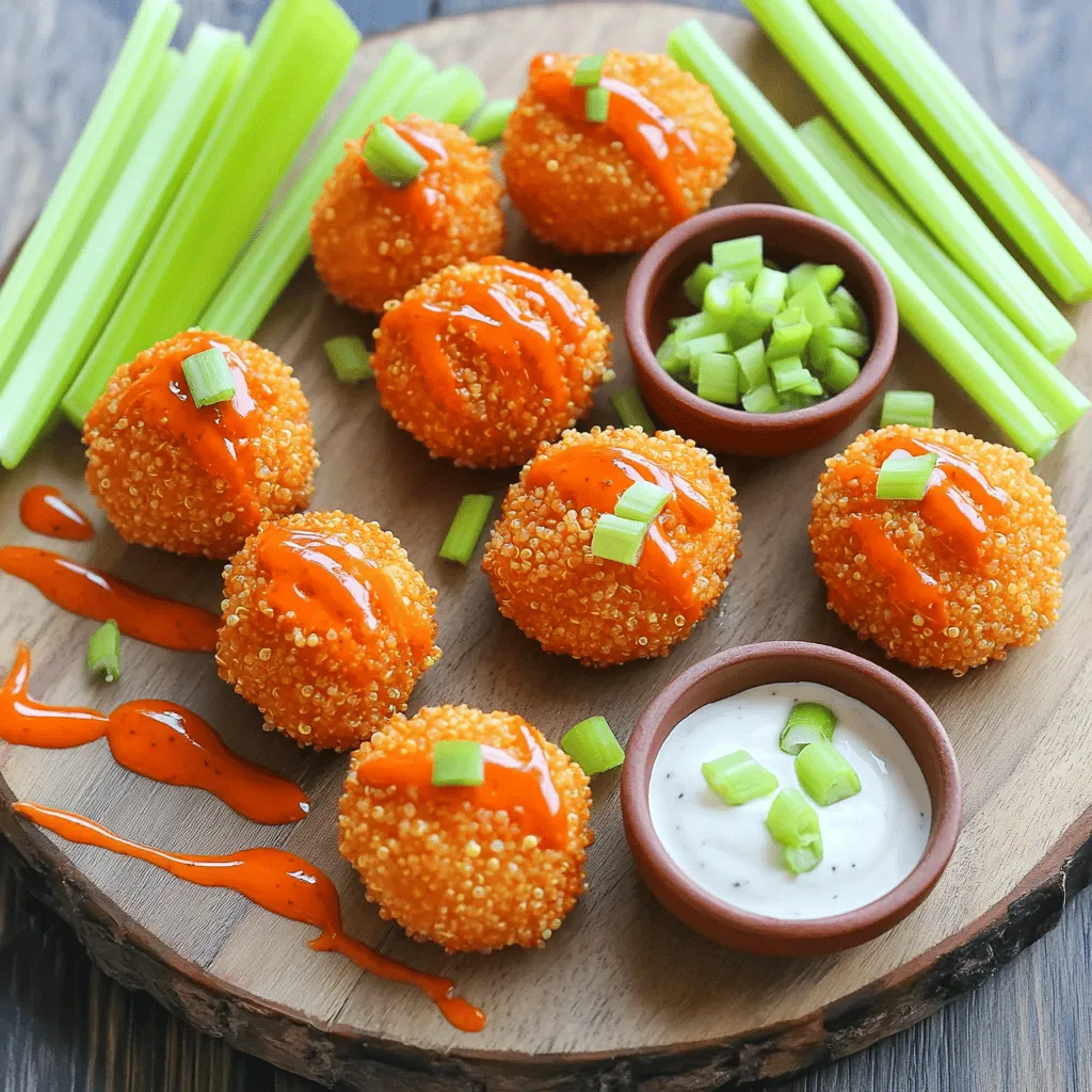 - 1 cup quinoa, rinsed - 2 cups vegetable broth - 1/2 cup grated carrots - 1/2 cup chopped celery - 1/2 cup buffalo sauce (plus extra for drizzling) - 1/4 cup finely chopped green onions - 1/2 cup shredded cheddar cheese - 1/4 cup whole wheat flour - 1 teaspoon garlic powder - 1/2 teaspoon onion powder - Salt and pepper to taste - Olive oil spray These ingredients come together to create a tasty and healthy snack. Quinoa is the star, packed with protein and fiber. Carrots and celery add crunch and color. The buffalo sauce brings heat and flavor. Cheese and flour help bind everything, making the bites hold together well. - 1/4 cup chopped green onions - Extra toppings or sauces Green onions add a fresh taste. You could also try different dips or toppings, like ranch or blue cheese. These options let you customize the bites to your liking. - For gluten-free options, use almond flour or gluten-free flour. - For vegan options, skip the cheese or use a plant-based alternative. These swaps keep your dish tasty and fit your diet. Making Buffalo Quinoa Bites adaptable means everyone can enjoy them! If you want to follow the full recipe, check out the details provided earlier. 1. Start by rinsing 1 cup of quinoa in cold water. This helps remove any bitter taste. 2. In a medium saucepan, bring 2 cups of vegetable broth to a boil. 3. Add the rinsed quinoa to the boiling broth. Reduce heat, cover, and simmer for about 15 minutes. 4. Once the liquid is absorbed, fluff the quinoa with a fork and let it cool for a few minutes. 5. While the quinoa cools, prepare your vegetables. Grate 1/2 cup of carrots and chop 1/2 cup of celery. 1. In a large bowl, combine the cooled quinoa, grated carrots, chopped celery, and 1/2 cup of buffalo sauce. 2. Add 1/4 cup of finely chopped green onions, 1/2 cup of shredded cheddar cheese, and 1/4 cup of whole wheat flour. 3. Mix in 1 teaspoon of garlic powder, 1/2 teaspoon of onion powder, salt, and pepper to taste. 4. Use your hands to mix everything until well combined. 1. Preheat your oven to 400°F (200°C) and lightly grease a baking sheet with olive oil spray. 2. Shape the mixture into small balls, about 1-2 inches in diameter, and place them on the baking sheet. 3. Lightly spray the tops of the quinoa bites with olive oil to help them crisp up. 4. Bake in the preheated oven for 20-25 minutes, flipping them halfway through. 5. Look for a golden brown color and a crispy texture. 6. Drizzle with extra buffalo sauce if you like, and let them cool slightly before serving. For the full recipe, check out the details above. Enjoy making these tasty bites! To make your quinoa bites fluffy, rinse the quinoa well before cooking. This removes the bitter coating called saponin. Use vegetable broth instead of water. This adds flavor. Let the quinoa cool completely before mixing. For crispy bites, shape them into smaller balls. Spray the tops lightly with olive oil before baking. This helps them crisp up nicely in the oven. One mistake is overmixing the ingredients. This makes the bites dense instead of light. Mix just until everything is combined. Another mistake is not preheating your oven. Always preheat it to 400°F (200°C). This ensures even cooking and a nice golden color. Pair your Buffalo Quinoa Bites with tasty dips like ranch or blue cheese. These creamy dips balance the spicy flavor. For a fun presentation, arrange the bites on a platter. Add fresh celery sticks and a small bowl of dressing. Garnish with extra green onions for a pop of color. This makes your dish look as good as it tastes. You can find the full recipe for these delightful bites in the main article. {{image_2}} You can spice up your Buffalo Quinoa Bites easily. Try adding jalapeños or cayenne pepper for more heat. This gives a nice kick for those who love spicy food. Just be careful not to add too much. Start with a little and taste as you go. You can also try using different brands of buffalo sauce. Each brand has its own flavor profile. Some are tangy, while others are hotter. Experiment to find your favorite. Feel free to mix in different veggies. Bell peppers, zucchini, or spinach work well too. Each vegetable adds its own unique taste and texture. For a vegan twist, swap out the cheese for a plant-based alternative. Look for vegan cheddar or mozzarella. These options melt well and keep the bites creamy. You can also reduce the cheese for a lighter version. Boost the protein in your bites by adding black beans or chickpeas. Both are tasty and healthy. They help keep you feeling full longer. You can also add flaxseeds or chia seeds for extra fiber. These tiny seeds pack a nutritional punch. Just mix them in with the quinoa and veggies. This way, your Buffalo Quinoa Bites become even healthier! For the full recipe, check out the link. To keep your Buffalo Quinoa Bites fresh, place them in an airtight container. Store them in the fridge for up to five days. If you want to save them for later, you can freeze them. Use a freezer-safe bag or container, and they will last for about three months. When you’re ready to eat your leftovers, the best way to reheat them is in the oven. Preheat your oven to 350°F (175°C). Place the bites on a baking sheet and heat for about 10-15 minutes. This method keeps them crispy. You can also use a microwave, but they may lose some texture. Buffalo Quinoa Bites can stay fresh for a while. In the fridge, they stay good for five days. If frozen, they maintain quality for about three months. Check for any signs of spoilage before eating. Enjoy your bites at their best! Buffalo Quinoa Bites are tasty, bite-sized snacks. They mix quinoa with fresh veggies and spicy buffalo sauce. I love their crunchy outside and soft inside. They are perfect for parties or as a healthy snack. These bites are simple to make and full of flavor. You can enjoy them with a dip or on their own. It’s a great way to eat healthy without losing taste. Yes, you can easily make Buffalo Quinoa Bites gluten-free. Just swap whole wheat flour for almond flour or gluten-free flour. Both options work great and still taste good. Always check your buffalo sauce to ensure it’s gluten-free. Many brands have gluten-free options. This way, everyone can enjoy these bites! Making Buffalo Quinoa Bites takes about 45 minutes. You need around 10 minutes to prep the ingredients and 25 minutes to bake them. The cooking time for quinoa is about 15 minutes. This makes it a quick and easy recipe. You can have a healthy snack ready in no time! Yes, some stores sell pre-made Buffalo Quinoa Bites. Look for them in health food stores or frozen sections. Brands like Amy's or Whole Foods may offer good options. Always check the ingredients to ensure they match your needs. Buying them saves time and is a great option for busy days. Buffalo Quinoa Bites pair well with many sides. I recommend serving them with celery sticks for crunch. A small bowl of ranch or blue cheese dressing is also tasty. You can even serve them on a platter for parties. This adds a fun touch to your gatherings. In this post, we explored Buffalo Quinoa Bites, from basic ingredients to tasty variations. You learned how to prepare, mix, and bake these bites while avoiding common mistakes. Remember to adjust flavors and add proteins as you wish. For storage, keep leftovers in the fridge or freezer. With these tips, you can master a delicious snack. Enjoy your cooking and make them your own. The possibilities are endless!
