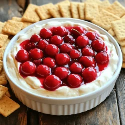 - 8 oz cream cheese, softened - 1/2 cup powdered sugar - 1 teaspoon vanilla extract - 1/4 cup sour cream - 1 cup cherry pie filling - 1/2 teaspoon lemon juice - Graham crackers or vanilla wafers for dipping - Fresh cherries for garnish (optional) For the best Cherry Cheesecake Dip, use high-quality cream cheese. Look for brands that are rich and creamy. This makes a big difference in flavor and texture. For cherry pie filling, choose one without too many additives. This will help keep the dip pure and tasty. If you want to make some swaps, try low-fat cream cheese. It still tastes great and cuts some calories. You can also use Greek yogurt instead of sour cream for a tangy twist. This keeps the dip creamy and adds protein. Feel free to mix things up with your choice of dippers. Graham crackers are classic, but vanilla wafers work well too. You can even use fresh fruit slices for a healthy option. Check out the Full Recipe for more details on making this dip! Start by gathering your ingredients. You will need cream cheese, powdered sugar, vanilla extract, and sour cream. Use an electric mixer to beat the softened cream cheese in a large bowl. Mix until it is smooth and creamy. This step is key for a great dip. Next, slowly add the powdered sugar. Keep mixing until it is fully blended. The texture should be light and airy. Stir in the vanilla extract and sour cream. Mix until everything is combined well. This makes the dip fluffy and rich. Now it's time for the cherry pie filling. Gently fold it into the cream cheese mixture. Be careful not to over-stir. You want to keep some cherry chunks for texture. A splash of lemon juice adds a nice zing to the dip. Once everything is combined, transfer the dip to a serving bowl. Refrigerate it for at least 30 minutes. This waiting time helps the flavors meld. Trust me, the dip tastes better when chilled. Serve with graham crackers or vanilla wafers for dipping. Enjoy your smooth and creamy cherry cheesecake dip! For the best experience, choose the right crackers. Graham crackers work well, but vanilla wafers add a fun twist. Both options have a sweet taste that pairs nicely with the dip. You can also serve this dip with fresh fruit like apple slices or strawberries. These options bring a fresh crunch and balance the creaminess of the dip. To make your dip even more appealing, think about garnishes. Fresh mint leaves add a pop of color and a hint of flavor. You can also sprinkle crushed graham crackers on top. This adds texture and makes the dip look inviting. Want to change up the flavor? You can try adding a bit of almond extract. This gives a nice nutty taste. Another option is to mix in some crushed pineapple for a tropical twist. If you prefer a sweeter dip, add more powdered sugar. Taste as you go to find the right balance. For a tangier bite, add a little more lemon juice. This will brighten the flavors and make the dip more refreshing. Remember, these small changes can make a big difference. Get creative and find the flavor that you love best! You can find the Full Recipe to get started. {{image_2}} You can switch cherry pie filling for other fruits. Strawberries and blueberries work great. They add color and taste. If you want fresh fruit, chop it small. Mix it in for a nice crunch. This will make your dip even more fun and tasty. You can also make a mixed fruit version. Try a blend of cherries, strawberries, and blueberries. This will create a colorful and festive dip. You can make a vegan version of Cherry Cheesecake Dip too. Instead of cream cheese, use coconut cream. It gives a smooth texture. For sweetness, use maple syrup or agave. To make it sugar-free, try using a sugar substitute. Look for options like stevia or erythritol. If you are on a keto diet, use a low-carb cream cheese. You can also replace powdered sugar with a keto-friendly sweetener. Enjoy the same great taste while sticking to your diet. These changes keep the dip delicious and fun for everyone. To keep your Cherry Cheesecake Dip fresh, store it in the fridge. Use an airtight container. This helps keep moisture in and odors out. I recommend glass or plastic containers with tight lids. Make sure the dip is cool before sealing it. This helps prevent condensation inside the container. Store it at the back of the fridge for the best results, away from the door. Yes, you can freeze Cherry Cheesecake Dip! Freezing will change its texture slightly. To freeze, place the dip in a freezer-safe container. Leave a little space at the top for expansion. When you are ready to enjoy it, thaw the dip in the fridge overnight. This helps it return to a smooth and creamy state. After thawing, give it a good stir before serving. You may need to add a touch of sour cream to restore its creaminess. Can I make this dip ahead of time? Yes, you can make this dip ahead of time. Prepare it a day before your event. Store it in the fridge in an airtight container. This allows the flavors to blend well. Just remember to give it a quick stir before serving. How long does Cherry Cheesecake Dip last in the fridge? Cherry Cheesecake Dip lasts about three to four days in the fridge. Make sure it stays in a sealed container. If you notice any changes in smell or texture, it’s best to toss it. Why did my dip come out too runny? If your dip is too runny, you might have added too much sour cream or cherry filling. Make sure to measure carefully. You can fix it by adding more cream cheese or powdered sugar to thicken it. What if I prefer a chunkier texture? To get a chunkier dip, fold in the cherry filling gently. This keeps more cherry pieces intact. You can also add chopped fresh cherries for a burst of flavor and texture. What are the best occasions to serve Cherry Cheesecake Dip? Cherry Cheesecake Dip is great for parties, picnics, or game days. It’s fun for birthdays and holidays too. People love sharing it with friends and family. Can I use it as a dessert topping? Yes, you can! This dip makes a tasty topping for ice cream or pancakes. It adds a creamy, sweet touch to many desserts. Just scoop some on top, and enjoy! In this blog post, we explored the delicious Cherry Cheesecake Dip. We discussed the key ingredients, like cream cheese and cherry pie filling, along with tips for the best flavors. I shared step-by-step instructions to guide you through the process, plus serving suggestions and variations. Remember, you can customize this dip for diets and personal tastes. Enjoying this dip can elevate any occasion. Now is the perfect time to gather your friends or family and make this tasty treat!