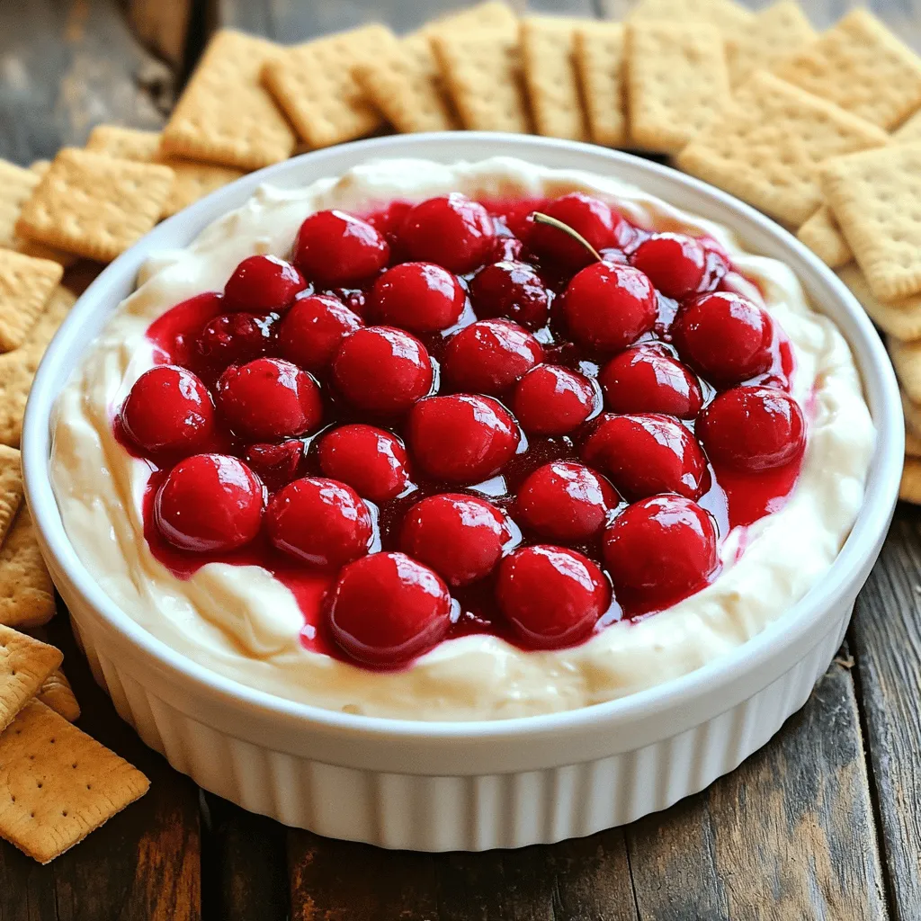 - 8 oz cream cheese, softened - 1/2 cup powdered sugar - 1 teaspoon vanilla extract - 1/4 cup sour cream - 1 cup cherry pie filling - 1/2 teaspoon lemon juice - Graham crackers or vanilla wafers for dipping - Fresh cherries for garnish (optional) For the best Cherry Cheesecake Dip, use high-quality cream cheese. Look for brands that are rich and creamy. This makes a big difference in flavor and texture. For cherry pie filling, choose one without too many additives. This will help keep the dip pure and tasty. If you want to make some swaps, try low-fat cream cheese. It still tastes great and cuts some calories. You can also use Greek yogurt instead of sour cream for a tangy twist. This keeps the dip creamy and adds protein. Feel free to mix things up with your choice of dippers. Graham crackers are classic, but vanilla wafers work well too. You can even use fresh fruit slices for a healthy option. Check out the Full Recipe for more details on making this dip! Start by gathering your ingredients. You will need cream cheese, powdered sugar, vanilla extract, and sour cream. Use an electric mixer to beat the softened cream cheese in a large bowl. Mix until it is smooth and creamy. This step is key for a great dip. Next, slowly add the powdered sugar. Keep mixing until it is fully blended. The texture should be light and airy. Stir in the vanilla extract and sour cream. Mix until everything is combined well. This makes the dip fluffy and rich. Now it's time for the cherry pie filling. Gently fold it into the cream cheese mixture. Be careful not to over-stir. You want to keep some cherry chunks for texture. A splash of lemon juice adds a nice zing to the dip. Once everything is combined, transfer the dip to a serving bowl. Refrigerate it for at least 30 minutes. This waiting time helps the flavors meld. Trust me, the dip tastes better when chilled. Serve with graham crackers or vanilla wafers for dipping. Enjoy your smooth and creamy cherry cheesecake dip! For the best experience, choose the right crackers. Graham crackers work well, but vanilla wafers add a fun twist. Both options have a sweet taste that pairs nicely with the dip. You can also serve this dip with fresh fruit like apple slices or strawberries. These options bring a fresh crunch and balance the creaminess of the dip. To make your dip even more appealing, think about garnishes. Fresh mint leaves add a pop of color and a hint of flavor. You can also sprinkle crushed graham crackers on top. This adds texture and makes the dip look inviting. Want to change up the flavor? You can try adding a bit of almond extract. This gives a nice nutty taste. Another option is to mix in some crushed pineapple for a tropical twist. If you prefer a sweeter dip, add more powdered sugar. Taste as you go to find the right balance. For a tangier bite, add a little more lemon juice. This will brighten the flavors and make the dip more refreshing. Remember, these small changes can make a big difference. Get creative and find the flavor that you love best! You can find the Full Recipe to get started. {{image_2}} You can switch cherry pie filling for other fruits. Strawberries and blueberries work great. They add color and taste. If you want fresh fruit, chop it small. Mix it in for a nice crunch. This will make your dip even more fun and tasty. You can also make a mixed fruit version. Try a blend of cherries, strawberries, and blueberries. This will create a colorful and festive dip. You can make a vegan version of Cherry Cheesecake Dip too. Instead of cream cheese, use coconut cream. It gives a smooth texture. For sweetness, use maple syrup or agave. To make it sugar-free, try using a sugar substitute. Look for options like stevia or erythritol. If you are on a keto diet, use a low-carb cream cheese. You can also replace powdered sugar with a keto-friendly sweetener. Enjoy the same great taste while sticking to your diet. These changes keep the dip delicious and fun for everyone. To keep your Cherry Cheesecake Dip fresh, store it in the fridge. Use an airtight container. This helps keep moisture in and odors out. I recommend glass or plastic containers with tight lids. Make sure the dip is cool before sealing it. This helps prevent condensation inside the container. Store it at the back of the fridge for the best results, away from the door. Yes, you can freeze Cherry Cheesecake Dip! Freezing will change its texture slightly. To freeze, place the dip in a freezer-safe container. Leave a little space at the top for expansion. When you are ready to enjoy it, thaw the dip in the fridge overnight. This helps it return to a smooth and creamy state. After thawing, give it a good stir before serving. You may need to add a touch of sour cream to restore its creaminess. Can I make this dip ahead of time? Yes, you can make this dip ahead of time. Prepare it a day before your event. Store it in the fridge in an airtight container. This allows the flavors to blend well. Just remember to give it a quick stir before serving. How long does Cherry Cheesecake Dip last in the fridge? Cherry Cheesecake Dip lasts about three to four days in the fridge. Make sure it stays in a sealed container. If you notice any changes in smell or texture, it’s best to toss it. Why did my dip come out too runny? If your dip is too runny, you might have added too much sour cream or cherry filling. Make sure to measure carefully. You can fix it by adding more cream cheese or powdered sugar to thicken it. What if I prefer a chunkier texture? To get a chunkier dip, fold in the cherry filling gently. This keeps more cherry pieces intact. You can also add chopped fresh cherries for a burst of flavor and texture. What are the best occasions to serve Cherry Cheesecake Dip? Cherry Cheesecake Dip is great for parties, picnics, or game days. It’s fun for birthdays and holidays too. People love sharing it with friends and family. Can I use it as a dessert topping? Yes, you can! This dip makes a tasty topping for ice cream or pancakes. It adds a creamy, sweet touch to many desserts. Just scoop some on top, and enjoy! In this blog post, we explored the delicious Cherry Cheesecake Dip. We discussed the key ingredients, like cream cheese and cherry pie filling, along with tips for the best flavors. I shared step-by-step instructions to guide you through the process, plus serving suggestions and variations. Remember, you can customize this dip for diets and personal tastes. Enjoying this dip can elevate any occasion. Now is the perfect time to gather your friends or family and make this tasty treat!