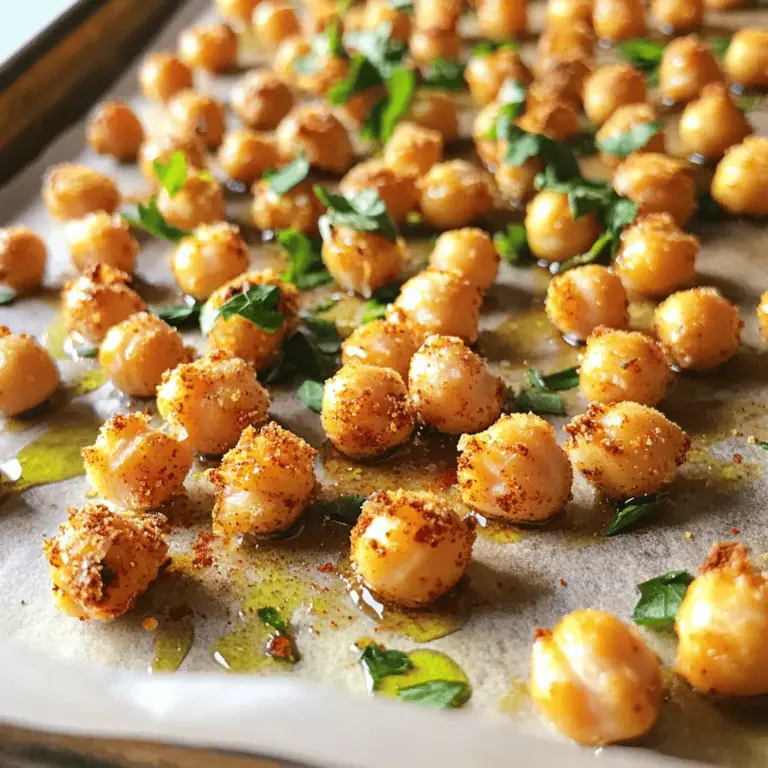 - 1 can (15 oz) chickpeas, drained and rinsed - 2 tablespoons olive oil - 1 teaspoon smoked paprika - 1 teaspoon cumin - 1/2 teaspoon garlic powder - 1/2 teaspoon onion powder - 1/2 teaspoon sea salt - 1/4 teaspoon black pepper - 1/4 teaspoon cayenne pepper (optional for heat) - Fresh herbs for garnish (parsley or cilantro) Crispy roasted chickpeas require simple ingredients. The base is canned chickpeas. You can use dried chickpeas, but they need soaking and cooking first. I prefer canned chickpeas for quick prep. Olive oil adds richness and helps the spices stick. The spices bring flavor. Smoked paprika gives a nice smokiness. Cumin adds warmth, while garlic and onion powder add depth. Sea salt and black pepper balance the taste. For a spicy kick, cayenne pepper works well. Fresh herbs, like parsley or cilantro, add a pop of color and freshness. Feel free to mix and match spices to fit your taste. Check out the Full Recipe for a complete guide. A serving of crispy roasted chickpeas has about 130 calories, 6 grams of protein, 22 grams of carbs, and 6 grams of fiber. Chickpeas are packed with nutrients. They help keep you full and satisfied. Eating chickpeas can benefit your health. They support digestion and heart health. Plus, they are a great plant-based protein source. If you want a snack that is tasty and good for you, crispy roasted chickpeas are a perfect choice. - Preheat the oven to 400°F (200°C). This helps the chickpeas crisp up nicely. - Rinse the chickpeas in cold water. Drain them well in a colander. - Pat the chickpeas dry with a clean kitchen towel. Make sure they are very dry. This step is key for crispiness. - In a mixing bowl, add the dried chickpeas. Pour in the olive oil. - Sprinkle in the smoked paprika, cumin, garlic powder, onion powder, sea salt, black pepper, and cayenne pepper if you want some heat. - Toss everything together. Make sure each chickpea gets an even coating of spice and oil. - Spread the seasoned chickpeas in a single layer on a baking sheet. This helps them roast evenly. - Roast in the oven for 25-30 minutes. Be sure to shake the pan halfway through. This ensures all sides brown well. - After roasting, remove the chickpeas from the oven. Let them cool for a few minutes. They will become crispier as they cool. These crispy roasted chickpeas are a great snack. You can find the Full Recipe above for more details. To get the perfect crispy roasted chickpeas, start by drying them well. After you rinse the chickpeas, use a clean kitchen towel to pat them dry. This step is key because moisture will make them soggy. Next, I recommend preheating your oven to 400°F (200°C). This high heat ensures they roast evenly and crisp up nicely. Make sure you place your baking sheet in the center of the oven. This helps with even cooking. To add more flavor, think outside the box with your spices. You can try adding a pinch of smoked paprika for a smoky taste or some cayenne pepper for heat. Feel free to experiment with different seasonings like curry powder or chili powder. Changing the oil can also make a difference. While I love olive oil, you can use coconut oil or avocado oil for a unique twist. When serving, pair your crispy chickpeas with a tasty dip. Hummus or yogurt dip works great. You can also sprinkle some fresh herbs like parsley or cilantro on top for color. This not only adds flavor but also makes the dish look appealing. Serve them in a bowl or on a platter. Your guests will love this fun and healthy snack! {{image_2}} You can change the taste of crispy roasted chickpeas in fun ways. For a spicy version, add more cayenne or chili powder. This gives a kick that many enjoy. If you prefer a sweet snack, try using cinnamon and sugar. The warm spice pairs well with the crunch of the chickpeas. You can swap oils to change the flavor. Try coconut or avocado oil for a different twist. If you want to use dried chickpeas, soak them overnight. This gives you a fresh base for roasting. Canned chickpeas work well too, but dried has a unique texture. Crispy roasted chickpeas are great in many dishes. You can mix them into salads or grain bowls for added crunch. They also make a fantastic party snack. Pair them with drinks like beer or soda. The flavors complement each other nicely. For the full recipe, check out the Full Recipe section above! To keep your crispy roasted chickpeas fresh, store them in an airtight container at room temperature. This helps maintain their crunch. Do not place them in the fridge, as moisture can make them soggy. If you plan to eat them within a few days, this method works well. For longer storage, you can freeze them. Just make sure they are fully cooled before sealing them in a freezer bag. They can last up to three months in the freezer. If you have leftovers, you might want to warm them up. The oven is the best way to reheat chickpeas while keeping them crispy. Preheat your oven to 350°F (175°C). Spread the chickpeas on a baking sheet and heat for about 10 minutes. This method helps refresh their texture. You can use a microwave, but it won't keep them crispy. If you do use the microwave, heat them in short bursts. Check every 30 seconds to avoid overcooking. If your chickpeas lose their crunch, you can try baking them again to revive their crispiness. For any stale chickpeas, toss them back in the oven briefly. This quick fix can restore some of their original texture. Enjoy your snack any time! For the full recipe, check out Crunchy Spice Bomb Chickpeas . You can make crispy roasted chickpeas without oil by using a few simple tricks. First, rinse and dry your chickpeas well. This step is key for crispiness. Instead of oil, you can use vegetable broth or water to help the spices stick. Toss the chickpeas with your spice mix, then spread them on a baking sheet. Roast them the same way as you would with oil. You may need to watch them closely, as they can cook faster. This method is great for a lower-calorie snack. Yes, you can make crispy roasted chickpeas in an air fryer! Start by rinsing and drying the chickpeas, as usual. Then, toss them with your favorite spices. Preheat the air fryer to 400°F (200°C). Place the seasoned chickpeas in the fryer basket in a single layer. Cook for about 15-20 minutes. Shake the basket halfway through to ensure they cook evenly. Check for crispiness before you remove them. Air fryers can give you a great crunch without using a lot of oil. If you use frozen chickpeas, you need to adjust the cooking time. First, thaw them completely and then drain. You should dry them well to remove any excess water. Follow the same steps for seasoning and roasting. Typically, frozen chickpeas may take about 30-35 minutes to become crispy in the oven. Always check them a few minutes before the time is up. This ensures they do not overcook and become soft. Enjoy your crispy roasted chickpeas, no matter how you prepare them! For the full recipe, check out the Crunchy Spice Bomb Chickpeas section. Crispy roasted chickpeas are easy to make and packed with flavor. You learned the main ingredients, nutritional benefits, and detailed steps to prepare them. With tips for maximum crispiness and fun variations, you can customize your chickpeas to fit any meal. Store them well to keep that crunch, and you'll always have a tasty snack ready. So grab your chickpeas and start roasting—it's simple, healthy, and delicious!