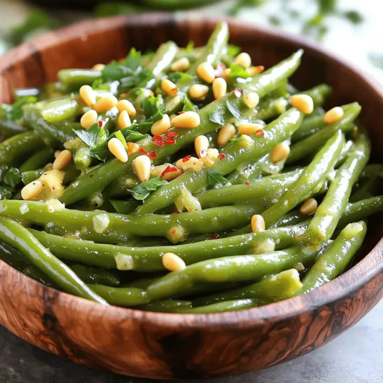 - 1 pound fresh green beans, trimmed - 4 tablespoons unsalted butter Fresh green beans are key for this dish. Choose bright, firm beans for the best taste. Trim the ends to make them ready for cooking. Use unsalted butter to control the salt level in the dish. This butter adds richness and flavor to the beans. - 4 cloves garlic, minced - 1/2 teaspoon red pepper flakes (optional) - Salt and pepper to taste - Juice of 1/2 lemon Garlic is the star in this recipe. It brings a strong, savory flavor. Mince the garlic finely to release its wonderful aroma. Red pepper flakes add a bit of heat, but you can skip them if you prefer a milder taste. Use salt and pepper to enhance the natural flavors of the green beans. A squeeze of lemon juice brightens the dish and balances the richness of the butter. - 1/4 cup toasted pine nuts (for garnish) - Fresh parsley, chopped (for garnish) Garnishes make your dish look great. Toasted pine nuts add crunch and nutty flavor. Chopped parsley gives a fresh pop of color. These extras not only taste good but also make your dish look beautiful and inviting. For the full recipe, check out the Garlic Butter Green Beans 🧄 section. Start by trimming the ends of the green beans. This step helps make them easier to eat. Next, bring a large pot of salted water to a boil. Once boiling, add the green beans and blanch them for about 3 to 4 minutes. You want them bright green and tender-crisp. After that, drain the beans quickly. To stop cooking, transfer them to a bowl of ice water. Let them cool for a few minutes, then drain and set them aside. In a large skillet, melt 4 tablespoons of unsalted butter over medium heat. It melts fast, so keep an eye on it. Next, add 4 cloves of minced garlic to the melted butter. If you like some heat, sprinkle in 1/2 teaspoon of red pepper flakes. Stir frequently for about 1 to 2 minutes. You want the garlic to smell great but not brown. Now it’s time to bring it all together. Add the blanched green beans to the skillet. Toss them well in the garlic butter until they’re coated. Cook for an additional 2 to 3 minutes. This step helps the beans heat through. Finally, squeeze the juice of half a lemon over the green beans. Season with salt and pepper to taste, and toss again. For a lovely finish, transfer the green beans to a serving dish. Top with 1/4 cup of toasted pine nuts and some chopped parsley for flavor and crunch. Enjoy this delicious side dish! For the full recipe, check out the details above. To make the best garlic butter, start with good quality unsalted butter. Melt four tablespoons in a skillet over medium heat. Add minced garlic right after the butter melts. Stir for one to two minutes. You want the garlic to smell great but not brown. If you like a kick, add red pepper flakes. This will make your dish pop! For crisp green beans, blanch them first. Boil a pot of salted water and add your fresh green beans. Cook them for three to four minutes. They should look bright green and feel tender-crisp. Once that’s done, plunge them into ice water. This stops the cooking and keeps them bright and colorful. You can make your garlic butter green beans even better. Squeeze fresh lemon juice on top for a zesty twist. Toasted pine nuts add crunch and richness. Chopped parsley gives a fresh taste and nice color. Feel free to mix in other vegetables like cherry tomatoes or bell peppers. These small changes make a big difference! For the complete recipe, check the Full Recipe section. {{image_2}} You can cook garlic butter green beans in different ways. The stovetop method is quick and easy. Simply blanch the beans, make the garlic butter, and mix. This method keeps them crisp and bright. Oven-roasting gives the beans a different flavor. Preheat your oven to 425°F. Toss the green beans in garlic butter and spread them on a baking sheet. Roast for about 15-20 minutes. This method adds a nice char and depth of flavor. You can make garlic butter green beans even better by adding other veggies. Try sliced carrots or bell peppers for color and crunch. You can also add cherry tomatoes for a burst of sweetness. Just cut them into similar sizes and add them during the cooking process. This way, all your veggies will cook evenly. Nuts and herbs can change the dish's taste. Instead of pine nuts, try walnuts or almonds for a different crunch. You can also experiment with fresh herbs like thyme or rosemary. Add them while making the garlic butter for more aroma. For a fresh twist, mix in some lemon zest or Parmesan cheese at the end. These simple changes can make your garlic butter green beans a unique treat. For the full recipe, check out the Garlic Butter Green Beans recipe details above. After enjoying your garlic butter green beans, you may have some left. Store them in an airtight container. Keep them in the fridge for up to three days. Make sure to let them cool before sealing the container. This helps keep their texture and flavor fresh. To reheat, use a skillet over medium heat. Add a splash of water or a bit of butter to keep them moist. Stir them gently for about 3-5 minutes until heated through. You can also use a microwave. Place them in a microwave-safe dish, cover loosely, and heat for 1-2 minutes. Stir halfway to ensure even heating. If you want to save your garlic butter green beans for later, freezing is a great option. First, cool them completely and pack them in a freezer-safe bag. Squeeze out as much air as possible before sealing. They can last up to three months in the freezer. To use, thaw them overnight in the fridge and reheat as mentioned above. Enjoy this delicious side dish anytime! You can find the full recipe in our earlier sections. Garlic Butter Green Beans last about 3 to 4 days in the fridge. Make sure to store them in an airtight container. This keeps them fresh and tasty. When you want to eat them, just reheat and enjoy! Yes, you can make Garlic Butter Green Beans ahead of time. Just follow the recipe and cool them down. Store them in the fridge until you are ready to serve. Reheat them in a skillet for best results. They will taste nearly as fresh as when you made them. Garlic Butter Green Beans pair well with many dishes. They go great with roasted chicken or grilled fish. You can also serve them with steak or pasta. Adding these green beans to your meal adds color and a burst of flavor. For the full recipe, check out the details above! Garlic butter green beans are simple and tasty. We covered the key ingredients like fresh beans, garlic, and seasonings. I shared easy step-by-step instructions to help you cook them just right. Tips ensure the best flavor and texture every time. You can even explore variations, like adding veggies or trying different cooking methods. Store leftovers safely and reheat them easily for later meals. Now, enjoy making this dish your own! You’re ready to impress with delicious garlic butter green beans.