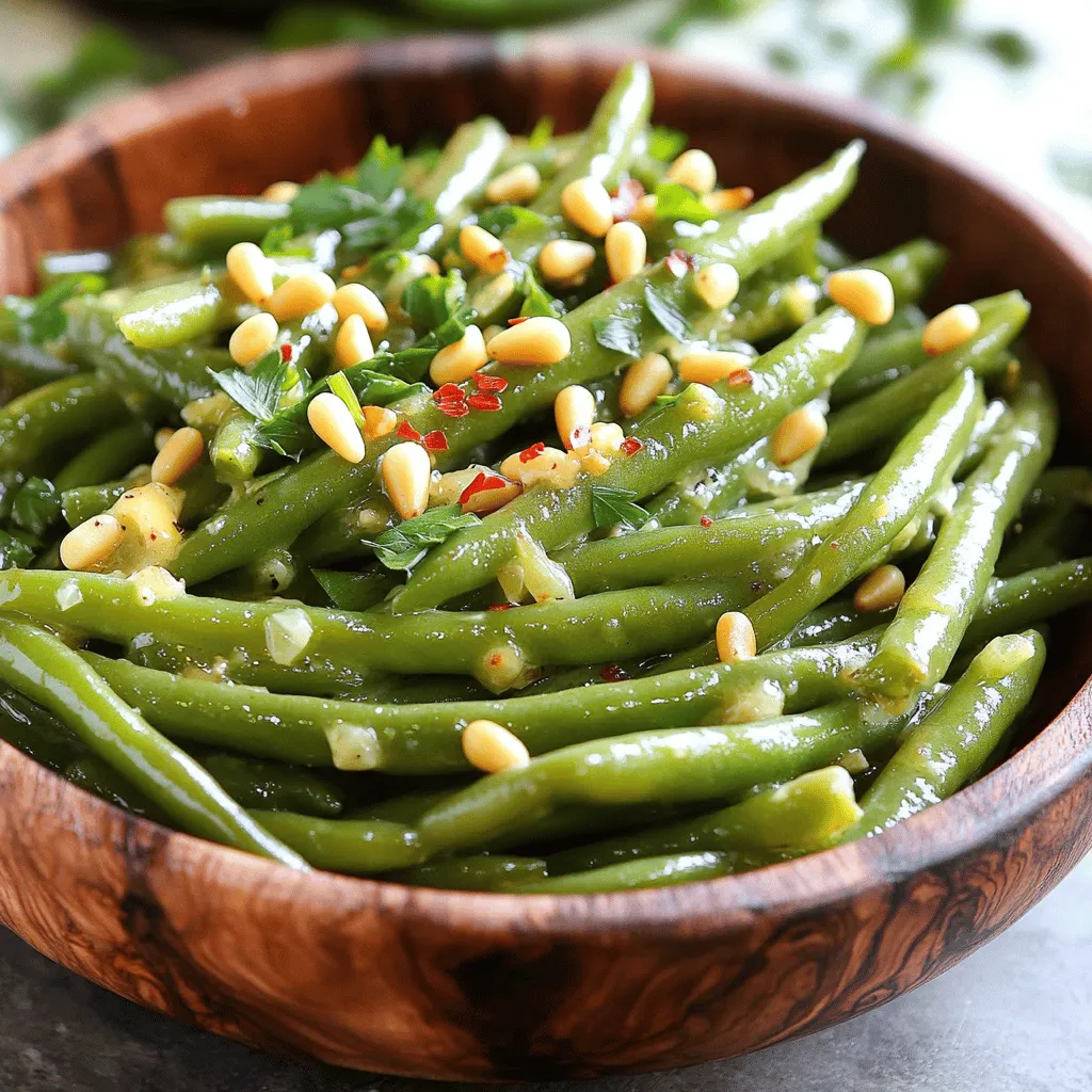 - 1 pound fresh green beans, trimmed - 4 tablespoons unsalted butter Fresh green beans are key for this dish. Choose bright, firm beans for the best taste. Trim the ends to make them ready for cooking. Use unsalted butter to control the salt level in the dish. This butter adds richness and flavor to the beans. - 4 cloves garlic, minced - 1/2 teaspoon red pepper flakes (optional) - Salt and pepper to taste - Juice of 1/2 lemon Garlic is the star in this recipe. It brings a strong, savory flavor. Mince the garlic finely to release its wonderful aroma. Red pepper flakes add a bit of heat, but you can skip them if you prefer a milder taste. Use salt and pepper to enhance the natural flavors of the green beans. A squeeze of lemon juice brightens the dish and balances the richness of the butter. - 1/4 cup toasted pine nuts (for garnish) - Fresh parsley, chopped (for garnish) Garnishes make your dish look great. Toasted pine nuts add crunch and nutty flavor. Chopped parsley gives a fresh pop of color. These extras not only taste good but also make your dish look beautiful and inviting. For the full recipe, check out the Garlic Butter Green Beans 🧄 section. Start by trimming the ends of the green beans. This step helps make them easier to eat. Next, bring a large pot of salted water to a boil. Once boiling, add the green beans and blanch them for about 3 to 4 minutes. You want them bright green and tender-crisp. After that, drain the beans quickly. To stop cooking, transfer them to a bowl of ice water. Let them cool for a few minutes, then drain and set them aside. In a large skillet, melt 4 tablespoons of unsalted butter over medium heat. It melts fast, so keep an eye on it. Next, add 4 cloves of minced garlic to the melted butter. If you like some heat, sprinkle in 1/2 teaspoon of red pepper flakes. Stir frequently for about 1 to 2 minutes. You want the garlic to smell great but not brown. Now it’s time to bring it all together. Add the blanched green beans to the skillet. Toss them well in the garlic butter until they’re coated. Cook for an additional 2 to 3 minutes. This step helps the beans heat through. Finally, squeeze the juice of half a lemon over the green beans. Season with salt and pepper to taste, and toss again. For a lovely finish, transfer the green beans to a serving dish. Top with 1/4 cup of toasted pine nuts and some chopped parsley for flavor and crunch. Enjoy this delicious side dish! For the full recipe, check out the details above. To make the best garlic butter, start with good quality unsalted butter. Melt four tablespoons in a skillet over medium heat. Add minced garlic right after the butter melts. Stir for one to two minutes. You want the garlic to smell great but not brown. If you like a kick, add red pepper flakes. This will make your dish pop! For crisp green beans, blanch them first. Boil a pot of salted water and add your fresh green beans. Cook them for three to four minutes. They should look bright green and feel tender-crisp. Once that’s done, plunge them into ice water. This stops the cooking and keeps them bright and colorful. You can make your garlic butter green beans even better. Squeeze fresh lemon juice on top for a zesty twist. Toasted pine nuts add crunch and richness. Chopped parsley gives a fresh taste and nice color. Feel free to mix in other vegetables like cherry tomatoes or bell peppers. These small changes make a big difference! For the complete recipe, check the Full Recipe section. {{image_2}} You can cook garlic butter green beans in different ways. The stovetop method is quick and easy. Simply blanch the beans, make the garlic butter, and mix. This method keeps them crisp and bright. Oven-roasting gives the beans a different flavor. Preheat your oven to 425°F. Toss the green beans in garlic butter and spread them on a baking sheet. Roast for about 15-20 minutes. This method adds a nice char and depth of flavor. You can make garlic butter green beans even better by adding other veggies. Try sliced carrots or bell peppers for color and crunch. You can also add cherry tomatoes for a burst of sweetness. Just cut them into similar sizes and add them during the cooking process. This way, all your veggies will cook evenly. Nuts and herbs can change the dish's taste. Instead of pine nuts, try walnuts or almonds for a different crunch. You can also experiment with fresh herbs like thyme or rosemary. Add them while making the garlic butter for more aroma. For a fresh twist, mix in some lemon zest or Parmesan cheese at the end. These simple changes can make your garlic butter green beans a unique treat. For the full recipe, check out the Garlic Butter Green Beans recipe details above. After enjoying your garlic butter green beans, you may have some left. Store them in an airtight container. Keep them in the fridge for up to three days. Make sure to let them cool before sealing the container. This helps keep their texture and flavor fresh. To reheat, use a skillet over medium heat. Add a splash of water or a bit of butter to keep them moist. Stir them gently for about 3-5 minutes until heated through. You can also use a microwave. Place them in a microwave-safe dish, cover loosely, and heat for 1-2 minutes. Stir halfway to ensure even heating. If you want to save your garlic butter green beans for later, freezing is a great option. First, cool them completely and pack them in a freezer-safe bag. Squeeze out as much air as possible before sealing. They can last up to three months in the freezer. To use, thaw them overnight in the fridge and reheat as mentioned above. Enjoy this delicious side dish anytime! You can find the full recipe in our earlier sections. Garlic Butter Green Beans last about 3 to 4 days in the fridge. Make sure to store them in an airtight container. This keeps them fresh and tasty. When you want to eat them, just reheat and enjoy! Yes, you can make Garlic Butter Green Beans ahead of time. Just follow the recipe and cool them down. Store them in the fridge until you are ready to serve. Reheat them in a skillet for best results. They will taste nearly as fresh as when you made them. Garlic Butter Green Beans pair well with many dishes. They go great with roasted chicken or grilled fish. You can also serve them with steak or pasta. Adding these green beans to your meal adds color and a burst of flavor. For the full recipe, check out the details above! Garlic butter green beans are simple and tasty. We covered the key ingredients like fresh beans, garlic, and seasonings. I shared easy step-by-step instructions to help you cook them just right. Tips ensure the best flavor and texture every time. You can even explore variations, like adding veggies or trying different cooking methods. Store leftovers safely and reheat them easily for later meals. Now, enjoy making this dish your own! You’re ready to impress with delicious garlic butter green beans.