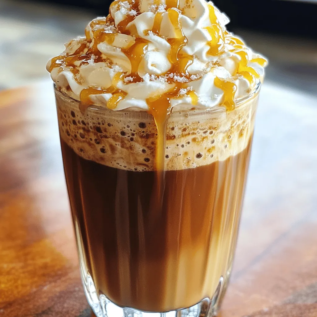 To make a tasty salted caramel mocha frappe, you need the following ingredients: - 1 cup brewed coffee, cooled - 1 cup milk (dairy or non-dairy) - 1/4 cup caramel sauce (plus extra for drizzling) - 1 tablespoon cocoa powder - 2 tablespoons sugar (or to taste) - 1/2 teaspoon sea salt (plus a pinch for topping) - 2 cups ice - Whipped cream for topping These ingredients come together to create a rich and creamy treat. The coffee gives it a nice kick, while the cocoa adds depth. The caramel sauce makes it sweet, and the sea salt balances the flavors perfectly. You can customize your frappe by adding some optional ingredients: - A splash of vanilla extract for extra flavor - A scoop of chocolate or vanilla ice cream for creaminess - Different flavored syrups like hazelnut or peppermint - A sprinkle of cinnamon or nutmeg for warmth Feel free to mix and match these options to suit your taste! Here’s a quick look at the nutritional content of one serving of salted caramel mocha frappe: - Calories: Approximately 350 - Protein: 8g - Carbohydrates: 53g - Fat: 12g Keep in mind that these values may change based on any optional ingredients you add. Always check labels for specific information. For the full recipe, check out the detailed instructions. Enjoy your delicious creation! To make your salted caramel mocha frappe, start with the right ingredients. Gather: - 1 cup brewed coffee, cooled - 1 cup milk (dairy or non-dairy) - 1/4 cup caramel sauce (plus extra for drizzling) - 1 tablespoon cocoa powder - 2 tablespoons sugar (or to taste) - 1/2 teaspoon sea salt (plus a pinch for topping) - 2 cups ice - Whipped cream for topping First, add the cooled brewed coffee, milk, caramel sauce, cocoa powder, sugar, sea salt, and ice into a blender. Blend on high for about 30 seconds. You want a smooth and frosty mix. If it’s not sweet enough, add more sugar and blend again. When blending, ensure all ingredients combine well. Start on a low speed, then switch to high. This helps crush the ice evenly. If the mixture is too thick, add a splash of milk. You can also taste the mixture before serving. Adjust the caramel and sugar to your liking. Presentation matters! Drizzle caramel sauce inside your serving glasses. Create pretty swirls that catch the eye. Pour the frappe into these glasses and pile on whipped cream. Finally, sprinkle a pinch of sea salt on top. Add another drizzle of caramel for that perfect finish. This makes your salted caramel mocha frappe look as good as it tastes! For the complete recipe, check out the Full Recipe section. To make your salted caramel mocha frappe taste great, follow these tips: - Use fresh brewed coffee. It gives the best flavor. - Chill the coffee before blending. This keeps your frappe nice and cold. - Choose high-quality caramel sauce. A good sauce makes all the difference. - Use real cocoa powder. It enhances the chocolate taste. - Blend until smooth. This adds a nice texture. Avoid these common mistakes for a better frappé: - Don’t skip the sea salt. It adds balance to the sweetness. - Don’t overblend. You want a frosty drink, not a soup. - Avoid using hot coffee. It melts the ice too quickly. - Don’t forget to taste as you go. Adjust the sweetness to your liking. You can easily change the sweetness and creaminess of your frappé: - Add more sugar if you like it sweeter. Start with one teaspoon at a time. - For creaminess, use whole milk or cream. Almond or oat milk makes it lighter. - Try flavored syrups like vanilla or hazelnut. They add a fun twist. - Top it with more whipped cream for extra richness. For the full recipe, make sure to check the details above. Enjoy your delicious treat! {{image_2}} You can change the flavor of your salted caramel mocha frappe easily. Try adding vanilla extract for a sweet twist. A dash of peppermint extract gives a refreshing touch, perfect for the holidays. If you love chocolate, add chocolate syrup for extra richness. You can also mix in some almond extract for a nutty flavor. These small changes can make your frappe unique and exciting. The type of milk you use can change the taste and texture of your frappe. Dairy milk, almond milk, oat milk, or soy milk all work well. Each milk gives a different flavor. Almond milk adds a nutty taste, while oat milk makes it creamier. You can also try coconut milk for a tropical twist. Choose the milk that you enjoy the most. Seasonal ingredients can make your frappe special. In fall, add pumpkin spice for a warm flavor. In winter, try adding eggnog to bring in holiday cheer. For summer, blend in fresh berries for a fruity kick. You can even top with a sprinkle of cinnamon or nutmeg to enhance the taste. These seasonal touches keep your frappe fresh and fun all year long. To make your perfect salted caramel mocha frappe, check out the Full Recipe for more details! To keep your leftover frappe fresh, place it in an airtight container. This helps prevent air from affecting its taste. Store it in the fridge for up to two days. Before serving, stir it well to mix any settled ingredients. You can freeze your salted caramel mocha frappe for later enjoyment. Pour the leftover frappe into ice cube trays. Once frozen, transfer the cubes into a freezer bag. These cubes work great for smoothies or a quick treat. Just blend them with a bit of milk when you want a refreshing drink. If you want to refresh your frappe, don’t heat it up. Instead, add a splash of milk and blend it again. This brings back the creamy texture and delicious flavor. Just remember, reheating will change its taste and consistency, so it’s best served cold. For the full recipe, check out the Salted Caramel Mocha Frappe section. To make a salted caramel mocha frappe, start with brewed coffee. Use one cup of cooled coffee. Add one cup of milk, which can be dairy or non-dairy. Next, include 1/4 cup of caramel sauce and one tablespoon of cocoa powder. Add two tablespoons of sugar, adjusting to your taste. Don't forget 1/2 teaspoon of sea salt, plus a pinch for topping. Finally, add two cups of ice. Blend all these ingredients until smooth. You can check out the Full Recipe for more details. You can find a salted caramel mocha frappe at many coffee shops. Popular chains like Starbucks often have this drink. Local cafes may also offer their twist on the classic. Make sure to ask for the salted caramel version. Many shops allow you to customize sweetness and toppings. The best coffee for this recipe is medium to dark roast. These types provide a rich flavor that pairs well with caramel. Use freshly brewed coffee for the best taste. If you want extra flavor, try espresso. Cold brew is another great option, giving a smooth base for the frappe. You’ve learned how to make a delicious Salted Caramel Mocha Frappe at home. We covered key ingredients, blending steps, and ways to customize your drink. You now know tips for great flavor and mistakes to avoid. Plus, consider fun variations and how to store leftovers. Enjoying your frappe should be simple and fun. With these steps, you’ll have a tasty treat ready anytime!