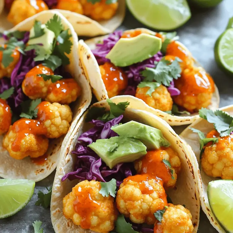 - Cauliflower florets - All-purpose flour - Plant-based milk The star of this dish is the cauliflower. I use one medium head of cauliflower, cut into bite-sized florets. This gives the tacos that perfect texture. The batter requires one cup of all-purpose flour and one cup of plant-based milk, such as almond or oat milk. This mix coats the cauliflower well and creates a nice crunch when baked. - Garlic powder - Onion powder - Smoked paprika - Salt To add flavor, I use simple seasonings. One teaspoon of garlic powder brings depth. One teaspoon of onion powder adds sweetness. Smoked paprika gives a lovely smoky note, while half a teaspoon of salt enhances all the flavors. This combination makes each bite tasty. - Buffalo sauce - Corn tortillas - Red cabbage - Avocado - Fresh cilantro - Lime wedges For the finishing touches, I use buffalo sauce to coat the baked cauliflower. It adds heat and tang. I warm eight small corn tortillas in a skillet. They hold all the fillings well. I also add one cup of shredded red cabbage for crunch and color. Sliced avocado adds creaminess and balances the spice. Finally, I sprinkle fresh cilantro on top for brightness and serve with lime wedges for an extra zing. You can find the full recipe to make this delicious dish! - Preheat the oven: Set your oven to 425°F (220°C). Grab a baking sheet and line it with parchment paper. This makes cleanup easy and helps the cauliflower crisp up nicely. - Prepare the cauliflower batter: In a large mixing bowl, whisk together the flour, plant-based milk, garlic powder, onion powder, smoked paprika, and salt. Mix until smooth. This batter will coat the cauliflower and add great flavor. - Coat the cauliflower: Take each cauliflower floret and dip it into the batter. Let the extra batter drip off before placing the floret on the baking sheet. This helps each piece get an even coating. - Bake the cauliflower: Place the baking sheet in the oven. Bake the cauliflower for 20-25 minutes. Flip them halfway through to ensure they bake evenly and get nice and crispy. - Buffalo sauce coating: Once the cauliflower is golden and crispy, take it out of the oven. Transfer the florets to a clean bowl. Pour in the buffalo sauce and toss gently until all the pieces are coated. - Re-bake the cauliflower: Spread the coated cauliflower back onto the baking sheet. Return it to the oven for another 10 minutes. This step makes the flavors pop and adds extra crunch. - Warm tortillas and fill: While the cauliflower bakes, warm the corn tortillas in a dry skillet over medium heat. Heat them for about 30 seconds on each side. Then, fill each tortilla with buffalo cauliflower, shredded red cabbage, and avocado slices. Enjoy these tacos with fresh cilantro on top and lime wedges on the side. For a full recipe, refer to the instructions above. To make the best buffalo cauliflower, you must get the batter right. Use one cup of all-purpose flour and one cup of plant-based milk. Mix until smooth. The batter should be thick enough to coat the florets. If it's too runny, add more flour. If too thick, add a bit more milk. For crispiness, bake the cauliflower at 425°F for 20-25 minutes. Flip it halfway through for even cooking. To add extra crunch, consider a light dusting of breadcrumbs before baking. This step helps create a tasty crunch on the outside. These tacos shine with fresh toppings. I suggest serving them with a side of black beans or a simple corn salad. These sides add color and flavor. Pair your tacos with a cool drink. A light beer or a sparkling water with lime works great. These beverages balance the spice and enhance your meal experience. You can prepare many ingredients in advance. Cut the cauliflower florets a day before and store them in the fridge. Make the batter ahead too. Just whisk it again before use. If you have leftovers, store the cauliflower in an airtight container. Keep the tortillas and toppings separate. This way, you can enjoy fresh tacos the next day without sogginess. {{image_2}} You can boost the flavor of your vegan buffalo cauliflower tacos easily. Start by adding spices or herbs to the batter. Try cumin for warmth or dried oregano for a fresh twist. You can also use alternative sauces. If you want a milder taste, swap buffalo sauce for BBQ sauce. Feeling adventurous? Use a spicy sriracha sauce for a kick. Making these tacos fit your needs is simple. For a gluten-free option, use chickpea flour instead of all-purpose flour. You can also adjust the milk. Use oat milk, soy milk, or any other plant-based milk you like. This way, you cater to different diets while keeping the flavor intact. Toppings can make your tacos shine. Add extra vegetables for crunch and color. Try diced tomatoes, sliced radishes, or even pickled onions. For unique garnishes, consider adding crushed nuts or seeds for texture. A sprinkle of nutritional yeast gives a cheesy flavor without dairy. These choices let you personalize your tacos and make them truly yours. For the full recipe, check the section above. To store leftover tacos, place them in an airtight container. Make sure to separate the cauliflower from the tortillas. This helps keep everything fresh. Use a glass or plastic container that seals well. The best method for reheating is using the oven. Preheat your oven to 350°F (175°C). Place the tacos on a baking sheet for about 10 minutes. This method keeps the tacos crisp. Avoid using the microwave, as it can make them soggy. Yes, you can freeze buffalo cauliflower! First, let the cauliflower cool completely. Then, place it in a freezer-safe bag. Remove as much air as possible before sealing. When you want to eat it, thaw in the fridge overnight. Reheat in the oven to restore crispness. What is the best way to make vegan buffalo sauce? To make vegan buffalo sauce, mix hot sauce with plant-based butter. You can also add garlic powder or maple syrup for extra flavor. The key is to balance heat and flavor. Adjust the spice level to suit your taste. For a thicker sauce, simmer it a bit longer. This sauce works great on cauliflower, wings, and more. You can find a detailed recipe for this sauce in the Full Recipe. Can I use frozen cauliflower for this recipe? Yes, you can use frozen cauliflower. Just make sure to thaw and drain it first. Frozen cauliflower may not get as crispy as fresh, but it still tastes good. Baking time may vary, so check for doneness. Calories per serving Each taco has about 200 calories. This number may change based on your toppings and sauce. It’s a filling option that won’t weigh you down. Allergy information This recipe contains gluten and soy. Make sure to check labels for allergens in your ingredients. You may want to substitute flour for a gluten-free option if needed. How many tacos per serving? This recipe makes four servings. Each serving has two tacos, so you can share or enjoy extra. Is this recipe suitable for meal prep? Yes, this recipe is great for meal prep. You can store the cauliflower and toppings separately. Just heat everything when you’re ready to eat. This keeps your tacos fresh and tasty! This blog post covered how to make delicious buffalo cauliflower tacos. You learned about the main ingredients, seasoning, and useful tips for perfecting your dish. I shared step-by-step instructions for preparation, cooking, and assembling. You also found variations and storage info to keep your tacos fresh. In summary, these tacos are easy to make and loaded with flavor. Enjoy experimenting with your toppings and adjustments. Happy cooking!