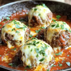 - 1 lb ground beef - 1/2 lb ground chicken - 1 cup breadcrumbs - 1 cup mozzarella cheese, diced into small cubes - 1/4 cup grated Parmesan cheese - 1/4 cup chopped fresh parsley - 2 cloves garlic, minced - 1 teaspoon onion powder - 1 teaspoon Italian seasoning - Salt and pepper to taste - 1 jar (24 oz) marinara sauce - Olive oil for frying These ingredients come together to create a dish full of flavor. The blend of ground beef and chicken offers a nice texture. The breadcrumbs help bind everything, making each meatball hold its shape. Using fresh parsley adds a pop of color and freshness. Garlic gives a warm, savory note that everyone loves. The Italian seasoning brings a classic taste, perfect for a family meal. For cooking, I recommend a good quality marinara sauce. It adds depth and pairs well with the meatballs. Olive oil is essential for frying. It adds flavor and helps achieve a nice, golden crust. This list of ingredients is the key to making your Cheesy Stuffed Meatballs shine. For the complete recipe, you can refer to the [Full Recipe]. - In a large bowl, combine the ground beef, ground chicken, breadcrumbs, Parmesan cheese, parsley, minced garlic, onion powder, Italian seasoning, egg, salt, and pepper. Mix well until everything blends together. - Take a portion of this mixture, about the size of a golf ball. Flatten it slightly in your hand. - Place a cube of mozzarella cheese in the center. Cover the cheese with the meat mixture and roll it into a ball. Make sure the cheese is sealed inside. - Continue this process until you form about 12 to 15 meatballs. - Heat olive oil in a large skillet over medium heat. Once hot, add the meatballs. Brown them on all sides for about 5 to 7 minutes. - After browning, pour the marinara sauce over the meatballs. Cover the skillet and lower the heat. Let it simmer for 15 to 20 minutes. This allows the flavors to mix and the cheese to melt. - Once done, remove the skillet from heat and let the meatballs rest for a few minutes. - Serve the meatballs warm with extra marinara sauce on top. Enjoy with pasta, bread, or a fresh salad! To make these meatballs pop with flavor, use fresh herbs. I love fresh parsley, but you can add basil or oregano too. Season well with salt and pepper. Use about one teaspoon of each for best taste. For the meat blend, I like to mix ground beef and ground chicken. This mix gives a nice texture and rich flavor. Sealing the cheese is key. After you flatten the meat, place the cheese in the center. Then, wrap the meat around the cheese tightly. This keeps it from leaking out while cooking. You can use mozzarella, but other cheeses work too. Try cheddar or gouda for a twist. For frying, use medium heat. If the oil is too hot, the meatballs burn. A good test is to drop a small piece of meat into the oil. If it sizzles, you are ready. Use a heavy skillet for even cooking. A cast-iron skillet is perfect for this dish. For more detailed steps, check the Full Recipe. {{image_2}} You can switch up the cheese for a new taste. Try using cheddar or gouda. These cheeses give a nice twist to the dish. If you need dairy-free options, look for vegan cheese. Many brands offer great melts for your meatballs. Feel free to change the meat for your meatballs. Turkey or pork works well as substitutes for beef. These options can lighten the dish without losing flavor. Want to add more taste? Try mixing in some chopped bacon. It adds a tasty, smoky flavor that many love. While marinara sauce is a classic, you can create your own. A homemade marinara can be richer and more personal. You can also use barbecue or teriyaki sauce for a fun twist. These sauces bring a unique sweetness that pairs well with the meatballs. For the full recipe, check out the main article. To keep your cheesy stuffed meatballs fresh, store them correctly. Place leftover meatballs in an airtight container. This helps prevent them from drying out. You can keep them in the fridge for up to three days. Be sure to let them cool before sealing. For long-term storage, you can freeze the meatballs. First, let them cool completely. Then, lay them out on a baking sheet. Freeze them for about two hours. After that, transfer the meatballs to a freezer-safe bag. They will last for about three months in the freezer. When it's time to enjoy your leftovers, reheating them right is key. The best methods include using an oven or a skillet. If using an oven, preheat it to 350°F. Place the meatballs on a baking tray and cover them with foil. Heat for about 15-20 minutes until warm. If you prefer a skillet, add a bit of marinara sauce to keep them moist. Heat on medium heat for about 5-7 minutes, turning them gently. This ensures they stay juicy and full of flavor. Knowing when to discard leftovers is important. If meatballs smell off or have a strange texture, it's best to throw them away. In the fridge, they are safe for about three days. In the freezer, they can last for about three months. Always label your containers with the date to keep track. This practice helps you enjoy your cheesy stuffed meatballs at their best. Cheesy stuffed meatballs are flavorful bites made with ground meats and gooey cheese. I mix ground beef and ground chicken for the best taste. I add breadcrumbs, garlic, and herbs for flavor. Each meatball hides a cube of mozzarella that melts as it cooks. They soak in marinara sauce, making them extra yummy. This dish is perfect for family dinners and gatherings. You can find the full recipe below. Yes, you can prepare these meatballs in advance. Mix the meat and cheese mixture, then form the meatballs. Place them on a baking tray and cover with plastic wrap. You can store them in the fridge for one day or freeze them for later use. If frozen, they can last for up to three months. Just thaw them in the fridge before cooking. Check the meatballs by cutting one in half. The center should no longer be pink. You can also use a meat thermometer. The inside temperature needs to reach 165°F (74°C). Once done, the cheese should be gooey and melty. Yes, you can easily make gluten-free cheesy stuffed meatballs. Use gluten-free breadcrumbs instead of regular ones. Many stores sell them, or you can make your own from gluten-free bread. This way, everyone can enjoy these tasty meatballs! In this post, we covered how to make cheesy stuffed meatballs. We explored the ingredients, step-by-step instructions, and tips to ensure great flavor. I shared different meat and cheese options, as well as variations for sauces. Don't forget about the best ways to store and reheat your delicious meatballs. With these tips, you can create tasty meatballs that everyone will love. Enjoy your cooking adventure!