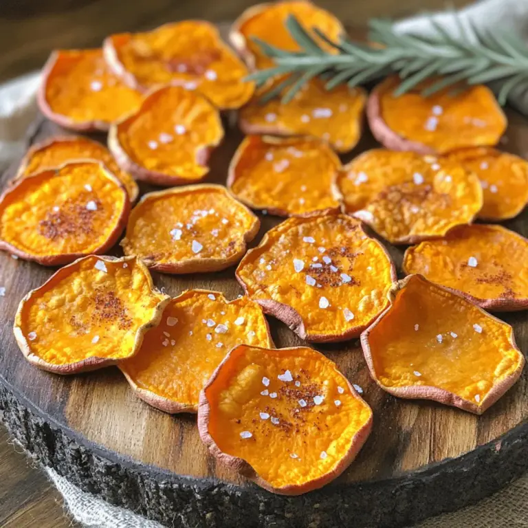 - 2 large sweet potatoes - 2 tablespoons olive oil - 1 teaspoon sea salt - 1/2 teaspoon smoked paprika - 1/4 teaspoon garlic powder - 1/4 teaspoon cayenne pepper (optional for heat) - Fresh herbs (such as rosemary or thyme) for garnish Each sweet potato gives about 3-4 servings. Adjust the olive oil based on the number of potatoes. Use a scale for precise measurements if needed. For spices, you can slightly increase or decrease to match your taste. You can use other oils like avocado or coconut oil. If you want a different flavor, try using chili powder or Italian seasoning instead of smoked paprika. For a sweeter chip, add a sprinkle of cinnamon. If you have no fresh herbs, dried herbs will work too. First, you need to gather your ingredients. You'll need: - 2 large sweet potatoes - 2 tablespoons olive oil - 1 teaspoon sea salt - 1/2 teaspoon smoked paprika - 1/4 teaspoon garlic powder - 1/4 teaspoon cayenne pepper (optional for heat) - Fresh herbs (like rosemary or thyme) for garnish Next, preheat your oven to 400°F (200°C). This step is key for crispy chips. Line two baking sheets with parchment paper to prevent sticking. Now, wash and peel the sweet potatoes. A mandoline slicer works best for even slices. Aim for about 1/8 inch thick rounds. This thickness helps them cook evenly. Place the slices in a bowl and drizzle olive oil over them. Toss the slices gently to coat them all with oil. Sprinkle sea salt, smoked paprika, garlic powder, and cayenne pepper over the slices. Toss again to mix the seasonings well. Spread the sweet potato slices in a single layer on the baking sheets. Make sure they don’t overlap. Overlapping may lead to soft chips instead of crispy ones. Bake the chips for 15-20 minutes. Flip them halfway through to ensure they cook evenly. Keep a watchful eye, as they can burn quickly. When they are golden brown and crispy, take them out. Let them cool for a few minutes on the sheets. Cooling helps them get even crisper. For the best chips, follow these tips: - Slice evenly: Use a mandoline for uniform thickness. This ensures even baking. - Don’t rush the cooling: Allow them to cool on the sheets. This step helps retain crispiness. - Experiment with flavors: Try different seasonings like chili powder or cumin for variety. - Use fresh herbs: Garnish with fresh herbs after baking for added flavor. For the full recipe, check out the details above. Enjoy your crispy and healthy snack! To make your sweet potato chips super crispy, follow these steps: - Slice the sweet potatoes very thin, around 1/8 inch thick. Use a mandoline for even slices. - After slicing, soak the sweet potato rounds in cold water for about 30 minutes. This removes excess starch. - Dry the slices well with a towel. Moisture leads to soggy chips. - Spread the slices in a single layer on your baking sheet. Overlapping slices will steam instead of crisp. You can customize the flavor of your chips easily. Here are some fun ideas: - For a spicy kick, add more cayenne pepper or chili powder. - Try adding a pinch of cinnamon and sugar for a sweet treat. - Mix in some grated Parmesan cheese for a cheesy flavor. - Fresh herbs like rosemary or thyme can add a nice touch too. Using the right tools makes a big difference: - A mandoline slicer helps you achieve perfect thickness quickly. - Parchment paper keeps your chips from sticking and burning. - A large bowl is great for tossing the slices with oil and seasoning. - Use a baking sheet with a rim to catch any crumbs or oil. You can find the full recipe above to get started on these tasty snacks! {{image_2}} You can easily change the flavor of your baked sweet potato chips. Try adding different spices to create your own unique taste. Here are some ideas: - Cinnamon and Sugar: For a sweet treat, mix cinnamon with a bit of sugar. - Chili Powder and Lime: Add some chili powder and a squeeze of lime for a zesty kick. - Italian Herbs: Use a mix of dried basil, oregano, and parsley for an Italian twist. - Curry Powder: A touch of curry powder gives a warm, earthy flavor. These variations let you enjoy sweet potato chips in new ways! You can cook sweet potato chips in different ways. The oven is great, but air fryers and dehydrators work well too. - Air Fryer: Set your air fryer to 350°F (175°C). Place the sweet potato slices in a single layer. Cook for 10-15 minutes, shaking the basket halfway through for even crispiness. - Dehydrator: Set your dehydrator to 135°F (57°C). Lay the sweet potato slices on the trays. It usually takes about 6-8 hours to dry out fully. This method keeps them crispy and fresh for a long time. Each method gives you a slightly different texture, so try them all! Sweet potato chips taste great on their own, but they shine with dips. Here are some tasty options: - Guacamole: The creaminess pairs well with the crunch of the chips. - Hummus: This dip adds flavor and protein to your snack. - Salsa: Fresh salsa adds a kick and bright flavor. - Yogurt Dip: Mix plain yogurt with herbs and spices for a refreshing dip. These dips make your snack even better and perfect for sharing! Don't forget to check out the Full Recipe for more details on how to make these delicious chips. After you enjoy your baked sweet potato chips, store any leftovers in an airtight container. This keeps them fresh and crunchy. Place them in a cool, dry spot in your kitchen. If you store them this way, they can last up to three days. However, for the best taste, eat them within one day. To make your chips crispy again, you can reheat them in the oven. Preheat the oven to 350°F (175°C). Spread the chips on a baking sheet in a single layer. Heat them for about 5 to 10 minutes. Keep an eye on them to avoid burning. You can also use an air fryer. Set it to 350°F (175°C) for 3 to 5 minutes. This method works well to regain crispiness. If you want to save your chips for later, you can freeze them. First, let the chips cool to room temperature. Then, place them in a single layer on a baking sheet. Freeze them for about 2 hours. Once frozen, transfer the chips to a freezer bag. Remove as much air as possible before sealing. They can last up to three months in the freezer. When you’re ready to eat, you can bake them straight from the freezer. Just add a few extra minutes to the baking time. For the full recipe to make these tasty chips, check out the earlier section in this article. Baked sweet potato chips can last up to a week. Store them in an airtight container at room temperature. If you keep them in the fridge, they may stay fresh longer, but they could lose some crispiness. For the best taste, eat them within the first few days. Yes, you can make sweet potato chips without oil. Just slice the sweet potatoes and season them as you like. Bake them on parchment paper. They may not be as crispy, but they will still taste great. You can try using a light spray of cooking spray if you prefer some crispiness. Sweet potato chips pair well with many dips and spreads. Try them with guacamole, salsa, or hummus. You can also enjoy them with a yogurt-based dip for a cool contrast. For a sweet twist, serve with a fruit salsa or apple dip. These options add flavor and make a tasty snack! This article covered how to make and enjoy baked sweet potato chips. We discussed ingredients, measurements, and substitutions to suit your needs. You learned step-by-step instructions for preparation and baking, along with tips for crispiness and seasoning options. We explored variations in flavor and cooking methods, as well as storage and reheating information. Now, you have all the tools to create tasty chips. Enjoy experimenting with your recipes, and share your favorites with friends!