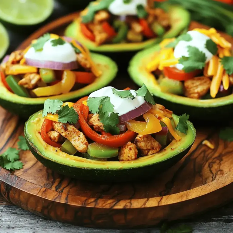 - 2 ripe avocados - 1 lb chicken breast, diced - 1 bell pepper (any color), sliced - 1 small red onion, sliced - 2 tablespoons olive oil - 1 tablespoon chili powder - 1 teaspoon cumin - 1 teaspoon garlic powder - Salt and pepper to taste - Optional toppings: diced tomatoes, shredded cheese, sour cream For this dish, ripe avocados are key. Look for avocados that feel slightly soft when you press them. The chicken breast gives protein and flavor. Use any color bell pepper you like; they all taste great. Red onion adds a nice crunch and sweetness. Seasoning is just as important. Olive oil adds richness and helps cook the chicken. Chili powder brings warmth, while cumin and garlic powder add depth. Don't forget salt and pepper to enhance all the flavors. For toppings, you can get creative. Diced tomatoes add freshness, shredded cheese gives creaminess, and sour cream adds a cool touch. Check out the Full Recipe to see how all these ingredients come together to make a healthy and tasty meal. 1. First, heat 2 tablespoons of olive oil in a large skillet over medium heat. 2. Next, add 1 pound of diced chicken breast into the skillet. 3. Season the chicken with 1 tablespoon of chili powder, 1 teaspoon of cumin, 1 teaspoon of garlic powder, salt, and pepper. Cook for about 6 to 7 minutes. Stir occasionally until the chicken is fully cooked and no longer pink. 4. Now, add 1 sliced bell pepper and 1 sliced small red onion to the skillet. Cook for 3 to 4 minutes until the veggies are tender but still crisp. 1. While the chicken and vegetables cool, cut 2 ripe avocados in half and remove the pit. 2. Scoop out some flesh from each avocado half to create more room for filling. You can save the scooped-out flesh for another recipe. 1. Generously fill each avocado half with the chicken fajita mixture from the skillet. 2. If you like, add optional toppings such as diced tomatoes, shredded cheese, or a dollop of sour cream. This recipe is simple, quick, and packed with flavor. For the full recipe, check out the Chicken Fajita Stuffed Avocados. To cook chicken evenly, cut it into small, uniform pieces. This helps it cook fast and stay juicy. Use medium heat to avoid burning. Stir often to ensure all sides cook well. For tender vegetables, add them after the chicken is nearly done. Cook them just until soft but still bright in color. This keeps them crisp and adds great texture to your dish. Look for avocados that feel slightly soft when you press them. These are ripe and ready for stuffing. Avoid any with dark spots or a mushy feel. The best types for this recipe are Hass avocados. They are creamy and hold their shape well when filled. Pair your stuffed avocados with fluffy rice or a fresh salad for a complete meal. You can also serve them with tortilla chips for an extra crunch. For a stunning presentation, arrange the stuffed avocados on a colorful platter. Drizzle with lime juice and sprinkle extra cilantro on top. This not only looks great but adds fresh flavor to each bite. {{image_2}} You can easily swap chicken for beef or tofu. Beef adds a rich flavor, while tofu makes it vegetarian. Both options work well in this dish. If you're short on time, use pre-cooked or shredded chicken. This saves time and still tastes great. For a meat-free meal, replace chicken with black beans or lentils. Both options are packed with protein and fiber. You can also add more veggies, like corn or zucchini. These choices give a fresh taste and color to your meal. To change up the flavor, try adding different spices or sauces. A dash of smoked paprika or a splash of hot sauce can elevate the dish. You might also add cheese for creaminess. Fresh ingredients like chopped tomatoes or jalapeños can enhance the taste and texture. These variations let you customize your Chicken Fajita Stuffed Avocados. You can find the full recipe earlier in this article. Enjoy exploring new flavors and textures! To keep your stuffed avocados fresh, store them in an airtight container. This helps keep moisture in and air out. If you have leftover filling, store it separately from the avocados. This prevents the avocado from browning quickly. You can store leftover stuffed avocados in the fridge for up to two days. However, the longer they sit, the more the avocado may turn brown. To slow this down, squeeze some lime juice over the exposed flesh. Reheating stuffed avocados can be tricky. I recommend taking out the filling and warming it up in a skillet. This helps keep the flavor intact. You can use medium heat for about five minutes, stirring occasionally. When it comes to safety, always ensure the filling reaches 165°F. Use a food thermometer for accuracy. Avoid reheating avocados in the microwave, as this can make them mushy and lose their taste. To find ripe avocados, look for a few signs: - The skin should turn dark green or almost black. - Gently squeeze the avocado; it should feel soft but not mushy. - If the stem comes off easily and shows green underneath, it's ripe. These signs help you pick the best avocados for stuffing. Yes, you can prep some parts ahead of time! Here are tips: - Cook the chicken and veggies in advance. - Store them in the fridge for up to two days. - Cut and store the avocados right before serving to keep them fresh. This way, you save time on busy days while still enjoying a tasty meal. Pair these stuffed avocados with some great sides! Consider: - A fresh green salad with lime vinaigrette. - Cilantro-lime rice for a flavorful touch. - Tortilla chips and salsa for a crunchy bite. - A refreshing drink like iced tea or a light beer. These options will enhance your meal and make it even more enjoyable. You can make tasty Chicken Fajita Stuffed Avocados with ripe avocados, chicken, and spices. First, cook the chicken and veggies. Then, fill the avocados and top with your favorites. In this post, I shared tips for ripeness, cooking, and great variations. Remember, leftovers can stay fresh in the fridge. Enjoy making this fun dish for your next meal or party! With a little practice, you'll impress everyone with your cooking skills!