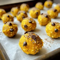 - 1 cup rolled oats - 1/2 cup pumpkin puree - 1/2 cup almond butter (or peanut butter) - 1/4 cup honey or maple syrup - 1/4 cup ground flaxseed - 1 teaspoon vanilla extract - 1 teaspoon pumpkin pie spice - 1/2 cup mini chocolate chips (optional) - Pinch of salt These ingredients form a perfect blend for energy bites. The oats give a good texture. Pumpkin puree adds moisture and flavor. Almond butter or peanut butter brings in healthy fats and protein. Honey or maple syrup sweetens the bites just right. Ground flaxseed packs a nutritional punch, adding fiber and omega-3s. Vanilla extract enhances all the flavors. Pumpkin pie spice gives that warm, cozy taste. Mini chocolate chips are optional, but they add fun sweetness. - Alternative nut butters - Different sweeteners - Add-ins like nuts or dried fruit You can change the nut butter to fit your taste. Try cashew or sunflower butter if you like. Sweeteners can vary too. Use agave or coconut sugar if you prefer. Add-ins can make these bites your own. Try adding nuts for crunch or dried fruit for sweetness. Each energy bite has around 100 calories, depending on what you add. They are a good source of carbs, proteins, and healthy fats. - Carbs: Oats and pumpkin give you energy. - Proteins: Almond butter or peanut butter adds protein for muscle health. - Fats: Healthy fats from nut butter and flaxseed help keep you full. Pumpkin is rich in vitamins and minerals. It boosts your immune system and improves vision. Flaxseed supports heart health and digestion. Each bite is a small powerhouse of nutrition. Enjoy them as a snack or a quick breakfast. For the full recipe, check out Healthy Pumpkin Energy Bites. To start, gather your dry ingredients. In a large mixing bowl, add 1 cup of rolled oats, 1/4 cup of ground flaxseed, and 1 teaspoon of pumpkin pie spice. Use a spoon to mix these together. This gives the bites a good base flavor and texture. Next, you need to combine the wet ingredients. In a separate bowl, add 1/2 cup of pumpkin puree, 1/2 cup of almond butter, and 1/4 cup of honey or maple syrup. Toss in 1 teaspoon of vanilla extract and a pinch of salt. Stir until everything is smooth and well mixed. This mixture adds moisture and a sweet flavor to the bites. Now, it’s time to form the energy bites. Pour the wet mixture into the bowl with the dry ingredients. Mix until everything is combined. If you like chocolate, fold in 1/2 cup of mini chocolate chips. Once mixed, cover the bowl and chill the mixture in the fridge for 30 minutes. Chilling helps it firm up, making it easier to roll into balls. After chilling, scoop out small portions, about 1 tablespoon each. Roll them into balls using your hands. Place the rolled bites on a parchment-lined baking sheet. After rolling all the bites, return them to the fridge for another 15 to 20 minutes. This step lets them set nicely. You can enjoy these bites right away. They also store well in an airtight container in the fridge for up to a week. They make a great snack or energy boost anytime! For more details, check out the Full Recipe. To keep your energy bites fresh, store them in an airtight container. The fridge is best for short-term storage. They will last about a week. If you want them to last longer, freeze them. In the freezer, they can stay good for up to three months. Just remember to separate layers with parchment paper. This prevents sticking. You can easily make these bites vegan. Swap honey for maple syrup. For gluten-free options, use certified gluten-free oats. You can also replace almond butter with sunflower seed butter. This keeps the texture smooth and creamy. Always check that your ingredients are gluten free. Want to spice things up? Add a pinch of cinnamon or nutmeg for warmth. You can also play with mix-ins. Try adding chopped nuts or dried fruits. For a chocolate twist, use dark chocolate chips instead of mini ones. These changes will give your bites a fun, new flavor. {{image_2}} You can change the flavor of your energy bites easily. Here are two fun ideas: - Pumpkin spice variation: Use extra pumpkin pie spice. This adds more warmth and flavor. You can also add a bit of cinnamon for a cozy touch. - Chocolate pumpkin energy bites: Mix in mini chocolate chips. They add sweetness and a rich taste. You can use dark chocolate chips for a healthier twist. Making energy bites fit your diet is simple. Here are some options: - Nut-free options: Use sunflower seed butter instead of nut butter. This keeps them safe for those with nut allergies. - Low-sugar alternatives: Swap honey or maple syrup for mashed banana. This gives natural sweetness without added sugar. You can change the bites based on the season: - Use of seasonal flavors: Try adding ginger or apple for a fresh taste. Both flavors work well with pumpkin and add a nice twist. - Holiday themed energy bites: For special occasions, mix in festive spices like nutmeg or cloves. You can even shape them into holiday-themed forms for fun treats. Feel free to get creative and enjoy the full recipe! To keep your Healthy Pumpkin Energy Bites fresh, store them in an airtight container. This helps keep moisture out. You can store them in the fridge for easy access. If you want to save some for later, freezing is a great option. Just place them in a freezer-safe bag or container. They will last longer this way. In the fridge, these bites last about one week. If you freeze them, they can stay good for up to three months. Check for signs of spoilage before eating. If they have a strange smell or look dry, it's best to toss them. Fresh energy bites should feel soft and smell sweet. If you find some bites have gone stale, don’t worry! You can blend them into smoothies for added flavor and nutrition. You can also break them up and sprinkle over yogurt or oatmeal. This makes a great topping and adds texture to your breakfast. Healthy Pumpkin Energy Bites last about one week in the fridge. Store them in an airtight container to keep them fresh. If you want to store them longer, you can freeze them for up to three months. Always check for signs of spoilage, like mold or a bad smell, before eating. Yes, you can use other sweeteners. Agave nectar works well as a liquid sweetener. You can also use stevia or monk fruit if you want a low-calorie option. Just make sure to adjust the amount to your taste. Remember, each sweetener has a different level of sweetness. Absolutely! Healthy Pumpkin Energy Bites are packed with good ingredients. They have oats, pumpkin, and nut butter, which provide fiber and protein. These bites are a tasty snack for kids. Plus, they can help with energy and focus. Always check for nut allergies before serving. In this blog post, we explored how to make tasty and healthy pumpkin energy bites. You learned about the key ingredients, step-by-step instructions, and tips for different diets. We also covered storage methods and ways to customize your bites. My final thought: These snacks are easy, fun, and good for you. Try them out, and enjoy experimenting with flavors and ingredients that you love. You’ll find they make a perfect treat or pick-me-up anytime!