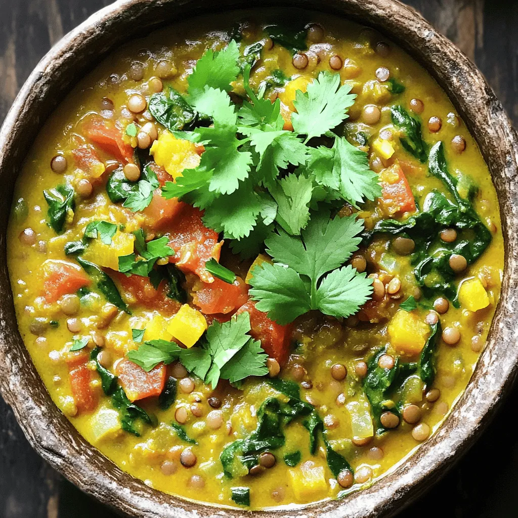 To make my easy vegan lentil curry, gather these key ingredients: - 1 cup green or brown lentils, rinsed - 1 tablespoon coconut oil - 1 onion, finely chopped - 3 garlic cloves, minced - 1-inch piece of ginger, grated - 1 can (14 oz) coconut milk - 2 tomatoes, diced - 1 tablespoon curry powder - 1 teaspoon cumin - 1 teaspoon turmeric - 1 cup vegetable broth - 2 cups spinach or kale, chopped - Salt and pepper to taste - Fresh cilantro for garnish (optional) When choosing ingredients, focus on freshness. Here are some tips: - Lentils: Pick lentils that are dry and free from debris. Look for a vibrant color. - Onions: Choose firm onions with no soft spots. They should feel heavy for their size. - Garlic: Select garlic bulbs that are tight and dry. Avoid any that show signs of sprouting. - Ginger: Look for smooth, firm ginger without wrinkles. It should feel heavy and aromatic. - Spinach/Kale: Choose dark green leaves. They should be crisp and free from brown spots. - Tomatoes: Pick ripe tomatoes that are smooth, firm, and fragrant. If you have allergies, here are easy swaps you can try: - Coconut oil: Use olive oil or avocado oil if you prefer. - Coconut milk: Almond milk or soy milk can work, but the flavor will change. - Lentils: If you cannot have lentils, try using chickpeas or black beans instead. - Spinach/Kale: You can replace these with Swiss chard or collard greens. - Curry powder: A mix of turmeric, cumin, and coriander can serve as a substitute. These tips will help you make a flavorful lentil curry that suits your needs! You can find the full recipe at the beginning of the article. Start by gathering all your ingredients. This makes cooking smooth and fun. Here’s what you need: - 1 cup green or brown lentils, rinsed - 1 tablespoon coconut oil - 1 onion, finely chopped - 3 garlic cloves, minced - 1-inch piece of ginger, grated - 1 can (14 oz) coconut milk - 2 tomatoes, diced - 1 tablespoon curry powder - 1 teaspoon cumin - 1 teaspoon turmeric - 1 cup vegetable broth - 2 cups spinach or kale, chopped - Salt and pepper to taste - Fresh cilantro for garnish (optional) Chop the onion, garlic, and ginger before cooking. This saves time and keeps you organized. Rinse the lentils in cold water to remove any dirt. You want clean lentils for great taste. Now, let’s cook the curry. First, heat the coconut oil in a medium pot over medium heat. Add the chopped onion and sauté for about 5 minutes. You want the onion to be soft and clear. Next, stir in the minced garlic and grated ginger. Cook for 1-2 minutes until you smell the aroma. This builds flavor. Then, add the diced tomatoes along with curry powder, cumin, and turmeric. Cook for another 2-3 minutes. This lets the spices release their full flavor. Now, pour in the rinsed lentils, coconut milk, and vegetable broth. Mix everything well. Bring the mixture to a gentle boil. After that, reduce the heat to low and cover the pot. Simmer for about 25-30 minutes. The lentils should be tender when done. Finally, stir in the chopped spinach or kale. Cook for another 5 minutes until the greens are wilted. Season with salt and pepper. Taste and adjust if needed. Cooking times can change based on your stove and pot. If you use a pressure cooker, your lentils will cook faster. They may take only about 10-15 minutes. If you use a slow cooker, it may take 3-4 hours on low. Always check your lentils for doneness. Use a fork to see if they are tender. If they are not, give them a few more minutes. This way, you will always have a great curry. For the full recipe, check the complete instructions. To boost the taste of your vegan lentil curry, try adding a squeeze of lemon juice. This can brighten up the dish. You can also toss in some fresh herbs like cilantro or parsley. Fresh herbs add a nice touch and make the dish vibrant. If you love heat, add chili flakes or fresh chilies during cooking. Always rinse lentils before cooking. This helps remove dirt and any small stones. Use a pot with a heavy bottom to prevent sticking. Cook lentils on low heat for even cooking. Stir occasionally, so they do not stick to the pot. For a creamy texture, mash a few lentils with a fork or spoon. This gives your curry a thick feel. If it becomes too thick, add a splash of vegetable broth or coconut milk. For a soupier curry, adjust the liquid as you like. Keep an eye on the cooking time to avoid mushy lentils. Cook until just tender for the best results. Check out the Full Recipe for more details on making this dish. {{image_2}} When making lentil curry, you can choose different lentils. Green and brown lentils are the most common. They hold their shape well and add great texture. Red lentils cook faster and become creamy. They are perfect if you want a thicker curry. Black lentils, or beluga lentils, add a unique taste. They are small and shiny, adding a nice touch to your dish. You can even mix lentils for a fun twist. Each type brings its own flavor and feel. You can boost this curry with extra protein. Chickpeas are a great choice. They add a nice chew and blend well. Tofu is another option. It soaks up flavors and adds creaminess. If you want more veggies, try adding carrots or bell peppers. They add color and nutrients. Sweet potatoes also work well. They bring sweetness and a hearty texture. You can adjust based on what you have at home. Just chop them small so they cook evenly. Spices are the heart of lentil curry. You can change the flavor easily. Try adding garam masala for a warm, spicy kick. Cardamom adds a sweet and fragrant note. If you love heat, add more cayenne pepper or chili flakes. Fresh herbs like basil or mint can brighten the dish. For a smoky flavor, add smoked paprika. Each spice brings its own magic. Feel free to mix and match until you find your favorite blend. For the full recipe, check out the Easy Vegan Lentil Curry section. Once you finish your meal, let the curry cool down. Transfer it to an airtight container. Store it in the fridge. It will stay fresh for about 4 to 5 days. Make sure you label the container with the date. This way, you won't forget about it. If you want to keep your curry longer, freezing is a great option. Pour the cooled curry into freezer-safe bags or containers. Remove as much air as possible before sealing. This helps to prevent freezer burn. You can freeze the curry for up to 3 months. When you're ready to eat, just thaw it in the fridge overnight. To reheat, you have a few options. You can use the stove or the microwave. For the stove, pour the curry into a pot and warm it over medium heat. Stir often to heat evenly. For the microwave, place the curry in a bowl and cover it. Heat it for 1-2 minutes, stirring halfway. Check that it's hot throughout. Always taste and adjust the salt or spices if needed. Enjoy your Easy Vegan Lentil Curry again! To make your vegan lentil curry spicy, add chili powder or fresh chili peppers. Start with a small amount. You can always add more if you like heat. Mix in the spices when you add the curry powder. Another option is to use spicy curry paste instead of regular curry powder. This will boost the heat and flavor at the same time. Yes, you can make this curry in a slow cooker. First, sauté the onion, garlic, and ginger in a pan. This step adds more flavor. Then, add all ingredients to the slow cooker. Set it on low for 6-8 hours or high for 3-4 hours. Stir in the spinach or kale just before serving. This method makes the curry easy and hands-off. Lentils are a great source of protein and fiber. They help you feel full and satisfied. They are low in fat, which is good for heart health. Lentils also provide iron, folate, and potassium. These nutrients support energy levels and overall health. Including lentils in your diet can boost your nutrition. For the full recipe, check out the Easy Vegan Lentil Curry. In this blog post, we covered the key steps to making a delicious lentil curry. You learned about selecting fresh ingredients, cooking instructions, and tips for the best texture. We explored variations to add flavor and nutrients. Lastly, I shared storage and reheating tips for your leftovers. Cooking can be fun and easy. With this knowledge, you can create a tasty meal that pleases everyone. Enjoy exploring lentils and all their benefits. Happy cooking!