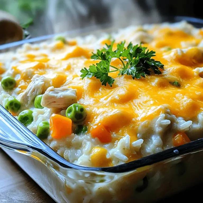 For a tasty Ranch Chicken and Rice Casserole, you need a few key items. Here’s the list: - 1 lb (450g) boneless, skinless chicken breasts, diced - 1 cup uncooked white rice - 2 cups chicken broth - 1 cup ranch dressing - 1 cup frozen mixed vegetables (peas, carrots, corn) - 1 cup shredded cheddar cheese - 1 teaspoon onion powder - 1 teaspoon garlic powder - Salt and pepper to taste - Fresh parsley for garnish (optional) Each ingredient plays a special role. The chicken gives protein and heartiness. The rice absorbs flavor and adds bulk. Ranch dressing brings a creamy, tangy taste. The mixed veggies add color and nutrition. Cheese melts into a gooey topping, making everything better. Using onion and garlic powder boosts the flavor without extra work. You can make this casserole your own with some add-ins. Here are a few ideas: - Fresh bell peppers - Spinach or kale - Mushrooms - Spices like paprika or cumin Using fresh vegetables can brighten the dish. They add texture and nutrients. Frozen options work great too. They save time and keep well. Plus, they are often picked at peak freshness. For more tips, check out the Full Recipe. You’ll find all the details you need to create this easy comfort dish! First, preheat your oven to 375°F (190°C). This ensures your casserole cooks evenly. Next, gather your ingredients. Accurate measuring is key for great taste. In a large mixing bowl, add the diced chicken, uncooked rice, chicken broth, ranch dressing, onion powder, garlic powder, and a pinch of salt and pepper. Mix well. Make sure all ingredients are evenly coated. Now, fold in the frozen mixed vegetables. This adds color and nutrition. Spread the mixture evenly in a greased 9x13-inch baking dish. Cover the dish with aluminum foil. This helps keep moisture in while baking. Bake the casserole in your preheated oven for 25 minutes. This time allows the rice to absorb the broth. After 25 minutes, carefully remove the foil. Sprinkle the shredded cheddar cheese on top. Return the dish to the oven uncovered. Bake for an additional 15 to 20 minutes. The casserole is done when the chicken is cooked through and the cheese is bubbly and golden. To check for doneness, use a meat thermometer. Chicken should reach an internal temperature of 165°F (74°C). Let the casserole cool a few minutes before serving. If you want, garnish with fresh parsley. To get the best flavor and texture, follow a few simple tips. First, use freshly diced chicken. This gives the dish a juicy bite. Make sure your rice is uncooked when you mix it. This helps it absorb all the great flavors as it cooks. Mix the chicken, rice, broth, and ranch dressing really well. This ensures every bite has that creamy ranch taste. If you want to add some extra crunch, toss in a handful of crushed crackers or fried onions on top before serving. For beginners, keep an eye on your oven. Baking times can change based on your oven's heat. Always check for doneness. A meat thermometer should read 165°F (74°C) in the chicken. Sometimes, your casserole might not turn out just right. If it’s undercooked, cover it again and bake for a bit longer. You can also add a splash of broth to help it cook through. If it’s overcooked and dry, add a splash of ranch dressing or broth before serving. This can bring back that creamy texture. Adjusting seasonings is easy. If you want it spicier, add some red pepper flakes or hot sauce. For a milder taste, reduce the ranch dressing. Remember, cooking is all about personal taste! You can find the full recipe for Ranch Chicken and Rice Casserole to guide you as you perfect your dish. {{image_2}} You can easily change the flavor of Ranch Chicken and Rice Casserole. Try using spicy ranch dressing for a kick. If you want something zesty, go for a lemon herb dressing. Each option gives a new twist to the dish. For proteins, consider turkey instead of chicken. Turkey gives a nice flavor and is leaner. If you prefer plant-based options, try tofu. You can cube firm tofu and mix it in with the other ingredients. It soaks up the flavors well. If you need gluten-free options, use gluten-free rice. This works just as well as regular rice. Check the ranch dressing label to ensure it is gluten-free as well. For a dairy-free version, swap out the cheddar cheese for a dairy-free alternative. Many brands offer great cheese substitutes nowadays. You can use coconut milk or almond milk in place of chicken broth for a vegan twist. These adaptations keep the comfort of the dish while meeting different dietary needs. You can find the Full Recipe to get started on these variations. To keep your Ranch Chicken and Rice Casserole fresh, store it in an airtight container. This allows you to enjoy it later without losing flavor. You can refrigerate the leftovers for up to three days. If you want to save it longer, freezing is a great option. Place it in a freezer-safe container, and it can last for up to three months. When it’s time to enjoy your casserole again, you have a couple of good options for reheating. The oven is my favorite way because it keeps the texture nice. Preheat your oven to 350°F (175°C). Place the casserole in a baking dish and cover it with foil. Heat for about 20-25 minutes or until it’s warm throughout. If you’re short on time, the microwave works well too. Transfer a portion to a microwave-safe bowl. Heat it in 30-second intervals, stirring in between. This method helps keep the flavors intact. Just remember to cover the bowl to avoid splatters. Enjoy your meal! Yes, you can prepare Ranch Chicken and Rice Casserole in advance. To do this, mix all the ingredients as the recipe states. Then, cover your dish tightly with foil or plastic wrap. Store it in the fridge for up to 24 hours before baking. This saves time on busy days. Just remember to add a few extra minutes to the baking time if you start with a cold dish. The casserole keeps well for about three to four days in the fridge. Make sure to store it in an airtight container. This helps keep it fresh and tasty. Always check for any signs of spoilage before eating leftovers. If you have any leftover casserole after four days, it’s best to throw it away. You can use brown rice, but it will change the cooking time. Brown rice takes longer to cook than white rice. If you use brown rice, add an extra cup of chicken broth and bake the casserole longer, about 15 to 20 minutes. This will help ensure the rice is tender and fully cooked. The texture will also be chewier and nuttier. This casserole pairs well with many side dishes. Here are some ideas: - A simple green salad with your favorite dressing - Steamed broccoli or green beans - Garlic bread for a crunchy side - Fresh fruit salad for a sweet touch These sides can enhance your meal and add variety to your plate. Enjoy your casserole with these tasty options! Ranch Chicken and Rice Casserole is simple and tasty. You learned about key ingredients like chicken and rice, plus optional add-ins. I shared step-by-step instructions for prep and baking. You can even adapt flavors or substitute ingredients for your diet. Remember to store leftovers properly for the best taste later. This dish is flexible, easy to make, and great for any meal. Enjoy trying new variations that fit your style!
