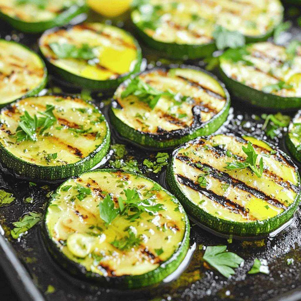 To prepare the Lemon Herb Grilled Zucchini, you need the following ingredients: - 4 medium zucchinis - 4 tablespoons olive oil - 2 tablespoons fresh lemon juice - 1 teaspoon lemon zest - 2 teaspoons dried oregano - 1 teaspoon garlic powder - 1 teaspoon salt - 1/2 teaspoon black pepper - 2 tablespoons fresh parsley, chopped These fresh ingredients create a bright and zesty flavor. Zucchini is versatile and absorbs the lemon and herb marinade well. The olive oil adds richness, while garlic powder gives a nice depth. Fresh parsley adds a pop of color and flavor. If you want to explore the full recipe, check out the [Full Recipe]. It’s simple and will impress anyone you serve it to! - Preheating the Grill Start by heating your grill to medium-high, around 400°F. This helps get nice grill marks and a good cook. A hot grill is key for grilling zucchini. - Mixing the Marinade In a large bowl, combine olive oil, lemon juice, lemon zest, oregano, garlic powder, salt, and black pepper. Use a whisk to mix well. This marinade adds flavor to the zucchini. - Marinating the Zucchini Add the sliced zucchini to the bowl. Toss them gently to coat each piece with the marinade. Let them sit for about 10-15 minutes. This allows the zucchini to soak up the flavors. - Placing Zucchini on the Grill Once marinated, place the zucchini slices directly on the grill. Make sure they are not overcrowded. This ensures even cooking and nice grill marks. - Cooking Time and Techniques Grill the zucchini for about 3-4 minutes on each side. Look for tender slices with nice char marks. Don’t overcook them, or they will become mushy. - How to Plate the Dish After grilling, remove the zucchini from the grill. Arrange them on a serving platter. You can layer them or place them in a single row for a lovely look. - Garnishing with Fresh Herbs Finally, sprinkle freshly chopped parsley on top. This adds a pop of color and enhances the flavor. Serve your lemon herb grilled zucchini warm for the best taste. For the full recipe, check here. Grilling zucchini can be simple and fun. Here are some tips to get the most flavor. - Ideal Grill Temperature: Preheat your grill to medium-high heat, around 400°F. This helps to cook the zucchini evenly and gives it a nice char. - How to Achieve Perfect Grill Marks: Place the zucchini slices at a 45-degree angle on the grill. This angle helps create those beautiful grill marks. Turn the slices halfway through cooking to get even marks. - Over-marinating: Don’t let the zucchini sit too long in the marinade. A quick 10-15 minutes is enough. If you marinate too long, the zucchini can turn mushy. - Under-cooking: Make sure to grill until tender. Zucchini should take about 3-4 minutes on each side. Test with a fork; it should pierce easily. - Adding Spices or Cheese: Sprinkle some grated Parmesan cheese on top right before serving. It adds a rich flavor. You can also try adding crushed red pepper for a spicy kick. - Optional Add-Ons: Consider adding cherry tomatoes or bell peppers to the grill. They pair well with zucchini and add color to your dish. For the full recipe, check out the Lemon Herb Grilled Zucchini section earlier. Enjoy your grilling! {{image_2}} You can switch up the herbs in this dish. Fresh herbs, like basil or thyme, add a nice twist. Just chop them fine and mix them into your marinade. If you want a spicy kick, try adding crushed red pepper. Garlic and onion powder can also enhance the flavor. Experiment with your favorites! This recipe is great for all diets. For a vegetarian or vegan option, you’re already set! It uses only veggies and olive oil. Just make sure to check any added sauces or sides. For a gluten-free meal, you won't need to change a thing! This dish is naturally gluten-free, making it easy for everyone to enjoy. Grilling can happen all year! In summer, use fresh zucchini and bright herbs. In fall, add squash or peppers for warmth. You can even grill these veggies in winter if you have a grill. Just adjust cooking time based on the veggie. Keep the flavors fresh by using what's in season. For the full recipe, check out the detailed instructions above! - Refrigeration Tips: Place leftover grilled zucchini in an airtight container. Store it in the fridge for up to three days. Make sure to let it cool before sealing the container. This keeps the flavors fresh and prevents sogginess. - Freezing for Later Use: If you want to save zucchini for longer, freeze it. Slice the zucchini before grilling. After grilling, cool the slices completely. Then, place them in a single layer on a baking sheet. Freeze for a few hours, then transfer to a freezer bag. This method helps keep the texture better. - Best Methods to Reheat Grilled Zucchini: To reheat, you can use the oven or a skillet. For the oven, set it to 350°F (175°C). Place the zucchini on a baking sheet for about 10 minutes. If using a skillet, heat it over medium heat and add a little olive oil. Cook for about 3 minutes until warm. - Avoiding Sogginess: Avoid microwaving grilled zucchini. It tends to make it soggy. Instead, use dry heat methods to keep it crispy. - How Long Does It Last? Grilled zucchini lasts about three days in the fridge. If frozen, it can last up to three months. - Signs to Look Out For: Check for any off smell or slimy texture. If it looks dry or brown, it’s best to toss it. Always trust your senses when it comes to food safety. Yes, you can use many other vegetables. Bell peppers, eggplants, and asparagus work well. These veggies have a similar texture and grill nicely. Just cut them into similar sizes. This way, they cook evenly like the zucchini. To keep zucchini from sticking, use these tips: - Brush the grill grates with oil before heating. - Marinate the zucchini well; the oil helps with sticking. - Turn the zucchini only once. This helps form a crust. - Let the zucchini cook before trying to flip it. Lemon Herb Grilled Zucchini pairs well with many dishes. Try serving it with grilled chicken or fish for a tasty meal. It also goes great with quinoa or rice for a filling option. Add a fresh salad for crunch and color. For the full recipe, check back earlier in the article. Grilling zucchini is simple and turns healthy eating into fun. You need fresh zucchinis, olive oil, lemon juice, and a few spices. Marinate them, then grill for great flavor. Remember to avoid common mistakes like over-marinating or under-cooking. You can try different herbs or add cheese for extra taste. Store leftovers well and reheat correctly for the best results. Grilled zucchini works well with many dishes. Enjoy experimenting with recipes, as they can add joy to your meals!