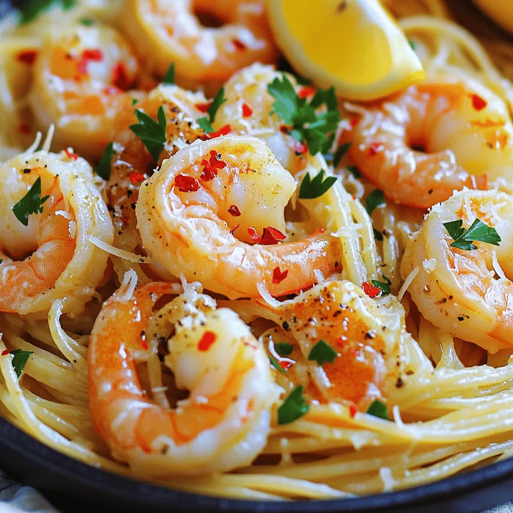- 8 oz spaghetti or linguine - 1 lb large shrimp, peeled and deveined - 6 tablespoons unsalted butter - 5 cloves garlic, minced - 1 teaspoon red pepper flakes - 1 lemon, zested and juiced - 1/4 cup fresh parsley, chopped - Salt and pepper, to taste - Grated Parmesan cheese, for serving (optional) When making Garlic Butter Shrimp Pasta, the ingredients are key. Start with the pasta. I prefer spaghetti or linguine. Both work well and cook quickly. You will also need large shrimp. Make sure they are peeled and deveined for a tender bite. Next, butter plays a big role. Use unsalted butter to control the salt level. The garlic is a must. Mince fresh garlic for the best flavor. It adds depth to the sauce. Red pepper flakes give a nice kick. Adjust the amount based on your spice level. The zest and juice from a lemon brighten the dish. It balances the richness of the butter. For seasoning, fresh parsley adds color and freshness. Salt and pepper enhance all the flavors. If you want, sprinkle some grated Parmesan cheese on top before serving. It adds creaminess and a salty bite. For the complete recipe and cooking steps, check out the Full Recipe. - Bring a pot of salted water to a boil. - Cook spaghetti or linguine according to the package instructions until al dente. - Melt 2 tablespoons of butter in a skillet over medium-high heat. - Add the shrimp and season with salt, pepper, and red pepper flakes. - Cook the shrimp for about 2-3 minutes on each side until they turn pink and opaque. - Remove the shrimp from the skillet and set them aside. - In the same skillet, reduce the heat to medium. - Add the remaining butter and sauté 5 cloves of minced garlic for 1-2 minutes. - Make sure the garlic is fragrant but not browned. - Add the cooked pasta to the skillet along with lemon juice, lemon zest, and about 1/2 cup of reserved pasta water. - Toss everything to combine, cooking for another minute. The pasta should coat well in the garlic butter sauce. - Return the shrimp to the skillet and mix well with the pasta. - Stir in 1/4 cup of chopped fresh parsley and adjust the seasoning with salt and pepper. - Serve hot, garnished with more parsley and grated Parmesan cheese if desired. For the complete recipe details, check out the Full Recipe. To avoid overcooking shrimp, watch the time closely. Cook shrimp for just 2-3 minutes on each side. When they turn pink and opaque, they are done. Remove them quickly from the heat. This keeps them tender and juicy. If you want to adjust the spice level, use red pepper flakes. Start with a teaspoon. You can always add more if you like it spicy. Mix it well into the butter with the shrimp. Plating your dish well makes it look great. Use a large bowl or a plate with a wide rim. Twirl the pasta into a nest shape in the center. Place the shrimp around the pasta for a nice view. For garnishing, sprinkle fresh parsley on top. Add a little lemon zest for color and a pop of flavor. You can also add a sprinkle of Parmesan cheese for a gourmet touch. Garlic butter shrimp pasta pairs well with simple side dishes. A fresh green salad with a light vinaigrette works nicely. Garlic bread is another great choice. It adds a nice crunch to your meal. When it comes to drinks, a glass of white wine is perfect. A crisp Sauvignon Blanc or a light Pinot Grigio complements the dish well. If you prefer non-alcoholic options, try sparkling water with a slice of lemon. For the full recipe, you can check out the details. Enjoy your cooking! {{image_2}} You can switch up the pasta to suit your taste or diet. Here are some options: - Pasta Alternatives: Try penne or fettuccine if you want a fun shape. For a lighter option, use zucchini noodles or whole wheat pasta. Both will add a twist to the dish. - Seafood Options: If you want to change the shrimp, scallops or crab work well. Cook them the same way as shrimp for a new flavor. Making this dish fit your diet is simple: - Gluten-Free: Use gluten-free pasta. Many brands offer great options that taste just as good. Look for brown rice or chickpea pasta for added nutrition. - Dairy-Free Sauce: Swap butter for olive oil or vegan butter. This keeps the dish light and still packs flavor. You can also use a splash of vegetable broth for richness. Want to add more taste? Here are some ideas: - Vegetables: Spinach or sun-dried tomatoes can brighten the dish. Just toss them in when you add the garlic to boost color and nutrition. - White Wine: Add a splash of white wine to the skillet after cooking the garlic. This gives the sauce a nice depth and adds a touch of elegance. For the full recipe, check [Full Recipe]. To store your leftover Garlic Butter Shrimp Pasta, place it in an airtight container. Make sure it cools down first to prevent steam buildup. This helps keep the pasta fresh and tasty. Refrigerate it within two hours of cooking for best results. Leftovers will stay good in the fridge for up to three days. If you want to freeze this dish, use a freezer-safe container. It’s best to freeze the pasta without the shrimp. This keeps the shrimp from getting tough. You can freeze the pasta for up to three months. When you're ready to eat, thaw it overnight in the fridge. For reheating, warm it gently on the stove. Add a splash of water or broth to revive the sauce. Garlic Butter Shrimp Pasta lasts about three days in the fridge. After that, it may lose its flavor and texture. If you see any signs of spoilage, it’s best to throw it away. Always check for any off smells or changes in color before eating leftovers. I recommend using spaghetti or linguine for this dish. Both types hold sauce well and cook evenly. Spaghetti is long and thin, while linguine is flat and slightly wider. Either will give you a great texture and flavor for your garlic butter shrimp pasta. Yes, you can prepare this dish in advance. Cook the shrimp and pasta, then store them separately in the fridge. Keep them in airtight containers. When you’re ready to eat, just reheat both and combine them with the garlic butter sauce. If shrimp isn't available, try using scallops or crab. Both add a sweet, ocean flavor. You can also use cooked chicken for a different twist. Just make sure to adjust the cooking time based on what you choose. The spice level depends on how much red pepper flakes you use. If you like it mild, use less. For more heat, add extra flakes. You can also add fresh chili peppers if you want a fresh kick! This blog shared a simple and tasty Garlic Butter Shrimp Pasta recipe. We covered ingredients, step-by-step cooking, and helpful tips. You can tweak the dish to fit your style, like using different seafood or adjusting the spice level. Remember to store leftovers properly to keep them fresh. This dish is easy to make and perfect for any occasion. Now, it's time for you to enjoy this delightful meal with family or friends. Cook, serve, and savor every bite!