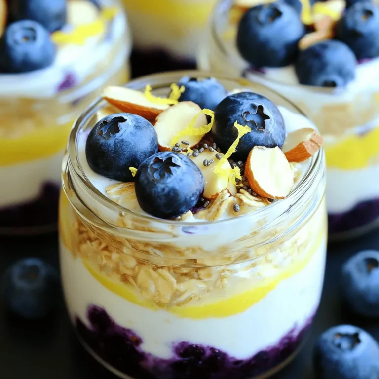 This recipe is simple and fun. You need a few key ingredients: - 1 cup rolled oats - 1 cup milk (dairy or non-dairy) - 1/2 cup Greek yogurt (or plant-based yogurt) - 1/2 cup fresh blueberries (or frozen, thawed) - Zest of 1 lemon - 2 tablespoons lemon juice - 1 tablespoon maple syrup (optional, adjust for sweetness) - 1/2 teaspoon vanilla extract - Pinch of salt - Toppings: extra blueberries, sliced almonds, and a sprinkle of chia seeds These ingredients work together to create a bright, zesty flavor. The oats soak up the milk and yogurt, making them creamy and delicious. You can mix things up with some optional ingredients. Here are a few ideas: - Swap maple syrup for honey or agave syrup. - Use almond milk instead of regular milk for a nutty taste. - Add nuts or seeds for extra crunch. - Try different fruits like strawberries or raspberries. Feel free to get creative! The recipe lets you play with flavors. Each ingredient packs a punch of nutrition: - Rolled oats provide fiber, which aids digestion. - Greek yogurt adds protein, helping keep you full. - Blueberries are rich in antioxidants, great for your health. - Lemon juice boosts vitamin C and adds a refreshing zing. These ingredients not only taste great but also offer health perks. Enjoy the benefits while savoring your overnight oats. For the complete recipe, check out the Full Recipe. To start, gather all your ingredients. You will need rolled oats, milk, Greek yogurt, blueberries, lemon zest, lemon juice, maple syrup, vanilla extract, and a pinch of salt. This recipe takes only 10 minutes of your time, and you can prep it the night before. In a mixing bowl, combine one cup of rolled oats, one cup of milk, and half a cup of Greek yogurt. Add the zest of one lemon and two tablespoons of lemon juice for that fresh flavor. If you like it sweet, mix in one tablespoon of maple syrup. Don’t forget half a teaspoon of vanilla extract and a pinch of salt. Stir everything well. Make sure the oats soak up the milk and yogurt. Next, gently fold in half a cup of blueberries. This prevents them from getting crushed. Once mixed, divide the oat mixture into two jars or airtight containers. Seal the jars tightly and place them in the fridge overnight. This allows the oats to soak and the flavors to blend beautifully. In the morning, stir the oats again. If they are too thick, add a splash of milk. Top your oats with more blueberries, some sliced almonds, and a sprinkle of chia seeds for extra crunch and nutrition. Enjoy your creamy, zesty lemon blueberry overnight oats! For the full recipe, check the original instructions. To make great overnight oats, use old-fashioned rolled oats. They soak well and create a nice texture. Avoid quick oats, as they may turn mushy. Measure your ingredients carefully for the best results. Make sure to mix everything thoroughly, so each oat gets flavor. I like to let my oats sit overnight. This gives them time to get soft and tasty. You can tweak the sweetness to your taste. Start with the maple syrup. Add one tablespoon, then taste. If you want it sweeter, add more. You can also switch maple syrup for honey or agave. For extra flavor, try adding spices like cinnamon or nutmeg. These spices pair well with lemon and blueberries. Store your overnight oats in airtight jars or containers. This keeps them fresh and prevents spills. I recommend eating them within three days for the best flavor. If you want to save them longer, freeze the oats before adding toppings. Just thaw in the fridge overnight before eating. For a fun touch, add toppings like sliced almonds or chia seeds right before serving. {{image_2}} You can easily change the taste of your Lemon Blueberry Overnight Oats. Here are some ideas: - Add nuts: Chopped almonds or walnuts give a nice crunch. - Use spices: A sprinkle of cinnamon or nutmeg adds warmth. - Add sweet flavors: Try honey or agave for a different sweet taste. - Mix in seeds: Chia seeds or flaxseeds boost nutrition and texture. These small changes can make a big difference! You can adapt this recipe for different diets: - For vegan options: Use plant-based milk and yogurt. - To make it gluten-free: Ensure your oats are labeled gluten-free. - Sugar-free version: Skip the maple syrup or use a sugar substitute. These swaps let everyone enjoy this tasty dish without worry. You can switch ingredients based on what’s in season: - In spring: Try strawberries or raspberries instead of blueberries. - In summer: Peaches or cherries add a juicy twist. - In fall: Replace lemon with pumpkin puree for a cozy flavor. These seasonal changes keep your breakfast fresh and exciting! You can find the full recipe shared above for all the details. To keep your leftover lemon blueberry overnight oats fresh, use airtight containers. Make sure the lids fit snugly. You can store them in the fridge for up to three days. This way, you can enjoy a quick breakfast or snack anytime. You can freeze your overnight oats for later. Just fill your containers, leaving some space at the top. The oats will expand as they freeze. When you want to eat them, move a jar to the fridge overnight. They will thaw slowly and be ready the next day. For the best taste and texture, eat your overnight oats within three days. After that, they may lose their creaminess. If you freeze them, enjoy them within three months for the best flavor. Remember, quality is key for delicious oats! Check the [Full Recipe] for more details on preparing these tasty oats. You should soak overnight oats for at least 4 hours. However, I recommend soaking them overnight. This gives the oats time to absorb the liquid and flavors fully. The longer you soak, the creamier your oats will be. Yes, you can use frozen blueberries! Just thaw them before adding to the oats. They will soften and combine well with the other ingredients. Frozen blueberries are also a great option when fresh ones are out of season. Oats are very healthy! They are high in fiber, which helps digestion. They can also lower cholesterol levels and keep you full longer. Oats provide steady energy, making them a great choice for breakfast. To make more servings, simply double or triple the ingredients. Keep the same ratios for oats, milk, and yogurt. For example, if you want to serve four, use 2 cups of rolled oats and 2 cups of milk. This recipe is easy to adjust! For the full recipe, check the earlier sections. Lemon blueberry overnight oats are simple and full of flavor. We covered key ingredients, steps, and storage tips. You can easily adjust sweetness and explore fun variations. With these oats, you get a healthy meal that fits various diets. Remember to experiment with seasonal ingredients for a fresh twist. Make this versatile dish a regular part of your breakfast. Enjoy your delicious and nutritious oats, and make mornings easier!