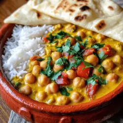 - 2 cans of chickpeas, rinsed and drained - 1 large onion, finely chopped - 4 cloves garlic, minced - 1-inch piece ginger, grated - 1 can (14 oz) coconut milk - 2 medium tomatoes, diced - 2 tablespoons curry powder - 1 teaspoon ground cumin - 1 teaspoon turmeric powder - 1 teaspoon chili powder (adjust to taste) - 2 tablespoons vegetable oil - Salt to taste - Fresh cilantro for garnish - Cooked rice or naan for serving Chickpeas are the star of this dish. They add protein and great texture. I love using canned chickpeas for ease. Rinsing them helps reduce sodium. Coconut milk gives the curry a creamy base. It balances the spices well. Fresh vegetables, like onions and tomatoes, add flavor and nutrition. They help create a rich sauce. - 2 tablespoons curry powder - 1 teaspoon ground cumin - 1 teaspoon turmeric powder - 1 teaspoon chili powder (adjust to taste) Spices make this curry sing. Curry powder is essential and brings depth. Cumin adds warmth, while turmeric gives a lovely color. Chili powder lets you control the heat. Adjust it for your taste. If you like it spicy, add more! - Fresh cilantro - Additional toppings Garnishes add a fresh touch. I love adding chopped cilantro on top. It brightens the dish and adds flavor. You can also add yogurt or nuts for more texture. Try different toppings to find your favorite! For the full recipe, check out the [Full Recipe]. 1. Heat the vegetable oil in a large pot over medium heat. 2. Add the finely chopped onion. Sauté until it turns translucent, about 5-7 minutes. 3. Stir in the minced garlic and grated ginger. Cook for 2 minutes until fragrant. 4. Add the diced tomatoes, curry powder, ground cumin, turmeric, and chili powder. Stir well. 5. Let this mix cook for 3-4 minutes until the tomatoes soften. 1. Now, pour in the rinsed chickpeas and coconut milk. Stir to combine everything. 2. Bring the mixture to a gentle simmer. This is where the magic happens. 3. Season with salt to taste. Let it simmer for 15-20 minutes. 4. Stir occasionally to help the flavors meld together. 1. Once the curry thickens slightly, remove it from heat. 2. Garnish with fresh cilantro for a pop of color and flavor. 3. Serve hot with cooked rice or warm naan. Enjoy your delightful meal! For full details, check the Full Recipe. Adjusting Spice Levels You can change the spice level to fit your taste. If you love heat, add more chili powder. For less spice, cut back on it or leave it out. Start with one teaspoon and taste as you go. This way, you can find the right balance. Choosing the Right Coconut Milk Use full-fat coconut milk for rich, creamy flavor. It adds depth to the curry. If you want a lighter option, go for light coconut milk. Check labels for additives. You want the best flavor with no extra junk. Best Pot for Cooking Curries A heavy-bottom pot works best for making curries. It distributes heat evenly. This helps to avoid burning. A Dutch oven or a thick saucepan is a good choice. Tips for Perfect Consistency For a thick curry, let it simmer longer. Stir it occasionally to prevent sticking. If it's too thick, add a splash of water or coconut milk. Keep adjusting until you reach the perfect thickness. Pairing with Rice or Naan Serve your spicy chickpea curry with fluffy rice or warm naan. The rice soaks up the sauce. Naan is perfect for scooping. Both options enhance the meal. Perfect Presentation Ideas Garnish your curry with fresh cilantro for color and flavor. Serve it in a nice bowl to impress your guests. A sprinkle of chili flakes adds a pop and shows you care about details. For the full recipe, check out the Spicy Chickpea Curry section. {{image_2}} You can easily make this dish vegan. Start by using vegetable oil instead of ghee. You can also swap out coconut milk for almond or soy milk. Adding fresh spinach or kale boosts the nutrients. You can also toss in bell peppers or zucchini for more flavor. If you love heat, try adding fresh chilies. You can use jalapeños or serranos based on your spice level. Another option is to mix in a dash of hot sauce. For a unique taste, try different curry blends like madras or vindaloo. Each blend adds its own twist to the dish. This dish shines in different styles. For an Indian twist, add garam masala at the end. You can also top it with yogurt or pickles. If you want a Thai style, add lime juice and fresh basil. Serve it over jasmine rice for a different flavor. You can also serve it as a soup with a side of bread. For a full experience, check out the Full Recipe. Store your Spicy Chickpea Curry in an airtight container. This keeps the dish fresh. The curry will last up to 4 days in the fridge. Always let it cool to room temperature before sealing. This helps to prevent moisture build-up inside the container. To freeze, portion the curry into freezer-safe containers. Leave some space at the top for expansion. It’s best to freeze within 2 hours of cooking. The curry will stay good for up to 3 months in the freezer. When you’re ready to eat, thaw the curry overnight in the fridge. Reheat it on the stove over low heat, stirring often. You can also microwave it in a bowl, but cover it to avoid splatter. Pair it with fresh rice or warm naan for a tasty meal. Spicy Chickpea Curry is a warm and hearty dish. It blends chickpeas with rich spices. This meal is both filling and full of flavor. Main Ingredients Used: - 2 cans of chickpeas, rinsed and drained - 1 large onion, finely chopped - 4 cloves garlic, minced - 1-inch piece ginger, grated - 1 can (14 oz) coconut milk - 2 medium tomatoes, diced - 2 tablespoons curry powder - 1 teaspoon ground cumin - 1 teaspoon turmeric powder - 1 teaspoon chili powder (adjust to taste) - 2 tablespoons vegetable oil - Salt to taste - Fresh cilantro for garnish - Cooked rice or naan for serving I love how simple it is to make this dish. You can enjoy it with rice or naan. Yes, you can prep this recipe in advance. Just cook the curry and let it cool. Store it in an airtight container in the fridge. It stays fresh for about 3-4 days. Storage Tips for Prepared Curry: - Use glass or plastic containers. - Make sure to cool the curry before sealing. - Label the container with the date. You can also freeze the curry for up to 3 months. Just thaw it in the fridge before reheating. The spice level can vary. The chili powder gives it a nice kick. You can adjust the heat to your taste. Adjusting Spice Levels: - Start with less chili powder. - Add more as it cooks. - Taste it before serving. Suggestions for Less Heat: - Use mild chili powder. - Add more coconut milk for creaminess. - Serve with yogurt to cool it down. This dish is for everyone. You can make it as spicy or mild as you like. For the full recipe, check the earlier section. Enjoy cooking! This blog post covered how to make a tasty spicy chickpea curry. You learned about the main ingredients, spices, and optional garnishes. We explored step-by-step instructions for cooking and tips to enhance the flavor. You also discovered variations to fit your taste and storage tips for leftovers. Now you can enjoy this dish anytime. Try different toppings or spice levels to make it your own. This curry is simple and satisfying, perfect for sharing or enjoying alone. Happy cooking!