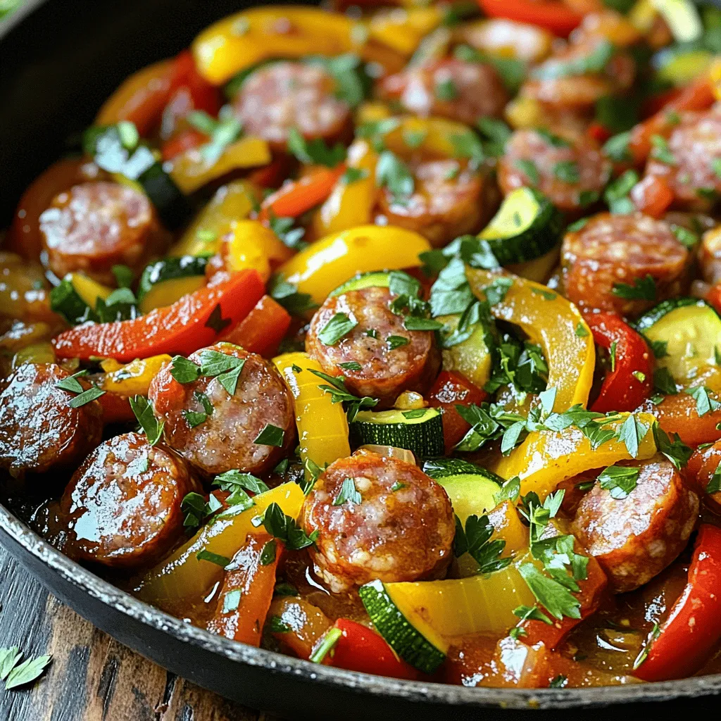 - 1 pound Italian chicken or turkey sausage, sliced - 1 red bell pepper, sliced - 1 yellow bell pepper, sliced - 1 zucchini, diced - 1 small red onion, diced - 2 cloves garlic, minced - 1 teaspoon dried oregano - 1 teaspoon smoked paprika - Salt and pepper to taste - 2 tablespoons olive oil - Fresh parsley, chopped When I make this sausage and veggie skillet, I love how vibrant the colors are. The red and yellow bell peppers add a sweet crunch. The zucchini brings a nice texture. Each bite is full of flavor and nutrition. Using Italian chicken or turkey sausage gives the dish a great taste. You can also choose spicy sausage if you like heat. The garlic and onion create a rich base for the meal. Dried oregano and smoked paprika add depth. I always use fresh parsley as a garnish. It not only looks pretty but also brightens the dish. This meal is quick, easy, and full of good ingredients. You can find the Full Recipe at the top of this article for step-by-step details! - Heat olive oil in a large skillet over medium-high heat. - Slice sausage and prepare vegetables. First, pour the olive oil into your skillet. Make sure it’s hot before adding the sausage. While the oil heats, slice your sausage into rounds. You can use chicken or turkey sausage for a lighter option. Next, chop your veggies. Slice the red and yellow bell peppers, and dice the zucchini and onion. Mince the garlic as well. This prep will make cooking easier and faster. - Brown sausage in the skillet for 5-7 minutes. - Sauté onion and garlic until translucent. - Add bell peppers and zucchini, cooking until tender. Now, add the sliced sausage to the hot skillet. Cook it until it turns brown, about 5 to 7 minutes. You want those nice, golden edges. Once the sausage is browned, remove it from the skillet and set it aside. In the same skillet, toss in the diced onion and minced garlic. Sauté them for about 2-3 minutes. They should become soft and see-through. After that, add the sliced bell peppers and diced zucchini. Stir and cook these veggies for 5-7 minutes until they soften up. - Return sausage to the skillet and mix. - Season with oregano, smoked paprika, salt, and pepper. - Continue cooking for an additional 3-4 minutes. Next, put the sausage back into the skillet. Mix it with the veggies. This is where the magic happens! Season your dish with dried oregano, smoked paprika, salt, and pepper. Stir everything well and let it cook for another 3-4 minutes. This will blend all the flavors together perfectly. For the full recipe, refer to the initial list of steps. - Use a non-stick skillet for easier cleanup. - Avoid overcrowding the pan for even cooking. Using a non-stick skillet helps food slide out easily. It also makes cleaning quick and simple. When you overcrowd the pan, food steams instead of browns. This can lead to soggy veggies and uneven cooking. Cook in batches if needed. - Add a splash of balsamic vinegar for extra flavor. - Incorporate other vegetables like spinach or mushrooms. Balsamic vinegar adds a nice tang. Just a small splash can elevate the dish. You can also mix in spinach for some green goodness or mushrooms for a savory touch. Feel free to experiment with other veggies too! - Drizzle with extra olive oil before serving. - Serve directly in the skillet or plated for guests. A drizzle of olive oil gives the dish a glossy finish. It also adds richness. You can serve it right from the skillet for a casual feel. Or, plate it nicely for a more formal dinner. Either way, it looks great! {{image_2}} You can easily mix up the sausage in this dish. If you like heat, try spicy sausage. It adds a nice kick to the meal. For a lighter choice, consider plant-based sausage. It gives a great flavor without meat. This way, both meat lovers and vegetarians can enjoy it! Feel free to swap the zucchini for other veggies. Asparagus or broccoli work well too. They not only taste great but also add more color. You can also add seasonal vegetables. Fresh peas or bell peppers can brighten the dish. This keeps your meal exciting and fresh. To make this dish a complete meal, serve it over rice or quinoa. Both options soak up the flavors nicely. If you want something crunchier, pair it with crusty bread. A side salad also works well for a refreshing touch. These options make your meal more filling and satisfying. Store leftovers in an airtight container for up to 3-4 days. This keeps them fresh and tasty. When you want to enjoy them later, just take them out and heat them up. Freeze in individual portions for easy future meals. This lets you enjoy a quick dish anytime. Thaw overnight in the fridge before reheating. It makes the reheating smooth and keeps everything juicy. Reheat in the skillet with a splash of water or broth. This helps the dish not dry out. You can also heat it in the microwave for 1-2 minutes on high. This is fast and still keeps the flavors bright. Cooking times may vary based on the size and type of your ingredients. For example, if you use thicker sausage or larger veggie pieces, they may need more time. Always check if everything is cooked through. The best way to know is to cut into the sausage and check if it’s no longer pink. Keep stirring so nothing burns. Yes, you can prepare the ingredients ahead. Chop the veggies and slice the sausage, then store them in the fridge. When you are ready to eat, just cook them together in the skillet. This saves time and makes dinner easy. Recommended sides include a garden salad or garlic bread. A fresh salad adds crunch and lightness. Garlic bread can soak up the tasty juices from the skillet. You can also serve it over rice or pasta for a filling meal. Enjoy pairing these sides to make your meal more fun! This dish combines savory sausage with fresh veggies for a tasty meal. Start by cooking your ingredients step-by-step, adding simple seasonings for flavor. Use easy storage tips for leftovers, ensuring you enjoy your skillet dish later. Remember, you can customize it based on your taste. Whether you opt for different sausages or vegetables, the options are endless. Get creative and make it your own. Enjoy cooking and share this flavorful experience with others.
