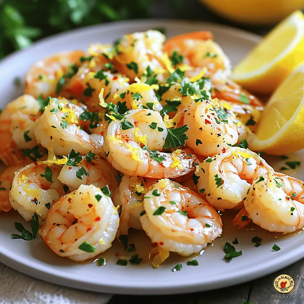 - 1 pound large shrimp, peeled and deveined - 4 cloves garlic, minced - 1 lemon, zested and juiced - 2 tablespoons olive oil - 1 teaspoon paprika - ½ teaspoon red pepper flakes (optional) - Salt and pepper to taste - 2 tablespoons fresh parsley, chopped (for garnish) The main ingredients for Zesty Lemon Garlic Shrimp include shrimp, garlic, lemon, and olive oil. The shrimp should be large, peeled, and deveined. Fresh garlic adds a strong and tasty punch. The lemon gives a bright flavor with both zest and juice. Olive oil helps to coat everything smoothly. For seasoning, I like to use paprika for a subtle warmth. If you enjoy some heat, add red pepper flakes. Always season with salt and pepper to bring out the flavors. Finally, the dish needs a fresh touch. Chopped parsley works well for garnishing. It adds a nice color and fresh taste. This simple mix of ingredients creates a quick and flavorful dish that impresses every time. You can find the full recipe above. - First, take 1 pound of shrimp. Peel and devein them if you haven’t already. - In a medium bowl, mix the shrimp with 4 cloves of minced garlic. - Add the zest and juice of 1 lemon into the bowl. - Pour in 2 tablespoons of olive oil and sprinkle 1 teaspoon of paprika. - If you like heat, add ½ teaspoon of red pepper flakes. - Season with salt and pepper. Taste as you go to get it just right. - Mix everything well to ensure the shrimp are coated evenly. - Cover the bowl and let it sit in the fridge for 15 to 30 minutes. - While the shrimp marinate, preheat a skillet over medium-high heat. - Once the skillet is hot, add the shrimp in a single layer. - Cook them for about 2-3 minutes on each side. - Watch for the shrimp to turn pink and opaque. - Avoid overcrowding the pan; cook in batches if needed. - Once done, take the skillet off the heat. - Sprinkle fresh parsley over the shrimp for color and flavor. - Serve immediately with optional lemon wedges for extra zing. For more details, check the Full Recipe. - Choose large, fresh, or frozen shrimp for optimal flavor. - Look for shrimp that are firm and have a slight sea fragrance. When selecting shrimp, size matters. Large shrimp offer a nice bite. Fresh shrimp often have a clean, ocean smell. If frozen, ensure they are not freezer-burned. Check the packaging for a trustworthy source. - Cook in batches to avoid overcrowding the skillet. - Avoid overcooking for tender and juicy shrimp. Cooking shrimp can be swift. Overcrowding your skillet can lead to steaming, not searing. Cook shrimp in batches for that perfect golden color. They should cook for about 2-3 minutes per side. Look for that pink, opaque color to know they are done. - Add a splash of white wine or broth for added richness. - Consider incorporating different herbs for varied flavor profiles. Want to boost flavor? A splash of white wine adds depth. You can also use broth for a richer taste. Herbs like basil or cilantro can change the dish's vibe. Experiment with flavors to find your favorite twist. {{image_2}} To make this dish richer, add heavy cream or coconut milk. This twist gives a smooth, velvety sauce. It pairs well with the bright lemon flavor. Just stir it in after cooking the shrimp. This variation is great for those who love creamy dishes. For a kick, increase the red pepper flakes. You can also add a dash of hot sauce. This version adds heat and depth. It’s perfect for those who enjoy bold flavors. Adjust the spice to suit your taste. You can serve Zesty Lemon Garlic Shrimp in many ways. Pair it with pasta, rice, or a fresh salad for a complete meal. It also works well as an appetizer, perfect for parties. Whether as a main dish or a starter, it impresses everyone. For more ideas, check out the Full Recipe. You can store your leftover Zesty Lemon Garlic Shrimp in an airtight container. It will stay fresh for up to 3 days. Just make sure to seal it well to keep the flavors locked in. If you want to enjoy this dish later, freeze it in sealed bags. It will last up to 2 months in the freezer. When you're ready to eat, thaw the shrimp properly before reheating. This step helps keep the shrimp tender and tasty. Yes, just make sure to thaw them before marinating. Using frozen shrimp is easy. Simply place them in the fridge overnight or run them under cold water for a few minutes. This method saves you time and keeps the shrimp fresh. They should be pink, opaque, and firm to the touch. Cooking shrimp is quick, so watch them closely. If they curl into a C shape, they are likely done. Overcooking makes them tough, so take them off the heat right away. Suggestions include rice, quinoa, or steamed vegetables. These sides complement the shrimp's bright flavors. You can also serve it over pasta for a filling meal. Each option adds a nice texture and helps soak up the zesty sauce. For more ideas, check out the Full Recipe. You learned how to make Zesty Lemon Garlic Shrimp. We discussed ingredients, marinating, cooking, and garnishing. Remember to select fresh shrimp and avoid overcooking for the best taste. Feel free to try variations like creamy or spicy shrimp to suit your palate. With proper storage, this dish remains tasty for days. Enjoy this easy and flavorful meal anytime!