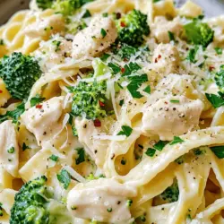- 1 lb boneless, skinless chicken breasts, diced - 2 cups broccoli florets - 8 oz fettuccine or penne pasta - 2 tablespoons olive oil - 3 cloves garlic, minced - 1 cup heavy cream - 1 cup grated Parmesan cheese - Salt and black pepper to taste - 1/4 teaspoon red pepper flakes (optional for heat) - Fresh parsley, chopped for garnish When it comes to measurements, precision matters for great flavor. If you need a lighter option, you can swap heavy cream with half-and-half or a plant-based cream. For pasta, feel free to use gluten-free options if needed. Chicken thighs can replace chicken breasts, offering more flavor and moisture. Broccoli can also switch to other vegetables like spinach or asparagus for a twist. This dish can fit many diets but may not suit everyone. It's rich in protein and calcium, thanks to chicken and cheese. However, if you're avoiding dairy, consider using a vegan cheese alternative and a plant-based cream. Those on a low-carb diet might want to try zoodles (zucchini noodles) instead of pasta. Always check labels for allergens, especially if serving guests. For the full recipe, check the Chicken & Broccoli Alfredo Pasta 🥦 section. To start, bring a large pot of salted water to a boil. Add the pasta and cook it until it's al dente. This usually takes about 8 to 10 minutes. Al dente means the pasta is tender but still has a slight bite. Three to four minutes before the pasta is done, add the broccoli florets. This method cooks the broccoli perfectly, keeping it bright and crisp. Once cooked, drain the pasta and broccoli together in a colander. Shake off any excess water. Next, grab a large skillet and heat olive oil over medium-high heat. Once the oil is hot, add the diced chicken. Make sure to season the chicken with salt and pepper for flavor. Cook the chicken until it’s no longer pink, which should take about 5 to 7 minutes. Use a meat thermometer to check the chicken's temperature; it should reach 165°F. This ensures the chicken is safe to eat and perfectly cooked. After cooking the chicken, reduce the heat to medium. Stir in minced garlic and cook it for 1 to 2 minutes until it smells amazing. Be careful not to burn the garlic, as this can ruin the flavor. Next, pour in the heavy cream and stir well. Allow the cream to simmer for 2 to 3 minutes. This thickens the sauce nicely. Gradually add grated Parmesan cheese, stirring until the cheese melts smoothly into the sauce. If you like some heat, sprinkle in red pepper flakes. Adjust the seasoning with more salt and pepper if needed. Now it’s time to bring it all together! Add the cooked pasta and broccoli to the skillet with the creamy sauce. Toss everything together until the pasta and broccoli are well-coated. This should take about one minute. Once combined, your chicken and broccoli pasta is ready to serve! You can find the full recipe to follow these steps in detail. Enjoy your meal! - Overcooking chicken: Cook your chicken just until it’s no longer pink. If you cook it too long, it will become dry. Aim for about 5-7 minutes over medium-high heat. Use a meat thermometer for precision, targeting 165°F (74°C). - Burning garlic: Garlic adds flavor, but it can burn quickly. Cook it for only 1-2 minutes in the hot oil. Stir often and watch it closely to keep it fragrant and golden, not dark brown. - Suggested spices and herbs: Try adding Italian herbs like oregano or basil. A pinch of red pepper flakes adds heat. Fresh herbs like thyme or rosemary can brighten the dish, too. - Optional garnishes: Top your pasta with fresh parsley or even a sprinkle of lemon zest for brightness. A bit of extra Parmesan cheese can bring a creamy finish that many love. A few handy tools make this dish easier: - A large pot for boiling pasta. Choose one with a lid to speed up boiling. - A large skillet for cooking chicken and sauce. A non-stick option helps prevent burning. - A good knife for chopping chicken and garlic. A cutting board is essential for safety. - A meat thermometer ensures your chicken cooks perfectly. {{image_2}} You can switch the chicken for other proteins. Try shrimp or Turkey for a different taste. For a vegan or vegetarian option, use tofu or tempeh. Both options work well with the sauce and broccoli. If you need gluten-free pasta, use rice noodles or gluten-free penne. These options cook similarly and taste great with the sauce. You can add more veggies to this dish. Spinach, bell peppers, or carrots add color and nutrition. For flavor variations, try adding different herbs like basil or thyme. A squeeze of lemon juice can also brighten the dish. To keep your chicken and broccoli pasta fresh, place it in an airtight container. This helps prevent any odors from other foods in the fridge. Make sure to cool the pasta to room temperature before sealing. - Refrigeration tips: Store the pasta in the fridge for up to three days. Always check for any signs of spoilage before eating. - Freezing instructions: For longer storage, freeze the pasta in a freezer-safe container. It can last up to three months in the freezer. When ready to use, thaw it overnight in the fridge before reheating. Reheating your chicken and broccoli pasta can be done in two ways: microwave or stovetop. - Microwave method: Place the pasta in a microwave-safe bowl and add a splash of water. Cover the bowl with a microwave-safe lid. Heat on high for 1-2 minutes, stirring halfway through. - Stovetop method: Heat a skillet over medium heat. Add the pasta and a splash of cream or water. Stir often until warm. This method helps keep the sauce creamy. Chicken and broccoli pasta stays safe to eat for about three days in the fridge. If frozen, it can last up to three months. Always label your containers with the date to track freshness. Yes, you can use frozen broccoli. It saves time and is easy to find. Just add it to your pasta during the last few minutes of cooking. Frozen broccoli cooks quickly and tastes great in this dish. You can use milk mixed with cornstarch for a lighter option. Another good choice is half-and-half. If you want a non-dairy option, try coconut milk or cashew cream. Each of these gives a nice flavor and texture. To make more servings, simply double or triple the ingredients. Keep the cooking times the same. Make sure your pot and skillet are large enough to hold the extra food. This keeps the flavors even and tasty. Yes, you can make this dish ahead of time. Cook it as normal and store it in the fridge. When you are ready to eat, just reheat it in a skillet. Add a splash of milk or cream to keep it creamy. Chicken and broccoli pasta can be healthy. It has protein from chicken and vitamins from broccoli. You can make it healthier by using whole grain pasta or reducing the cream. This way, you enjoy the flavor without too many calories. To make this dish a one-pot meal, cook the pasta and broccoli together. Start by boiling the pasta. Then, add the broccoli for the last few minutes. After draining, add the chicken and sauce to the same pot. This saves time and makes clean-up easy! For the complete recipe, check out the Full Recipe. This blog post covered everything you need to make Chicken and Broccoli Pasta. We explored the key ingredients, cooking steps, and helpful tips. You learned about ingredient swaps and how to store leftovers. Remember, cooking is about having fun and being creative. Don’t hesitate to try new flavors and ingredients. With these steps and ideas, you can create a great meal every time! Enjoy cooking and tasting your delicious dish.