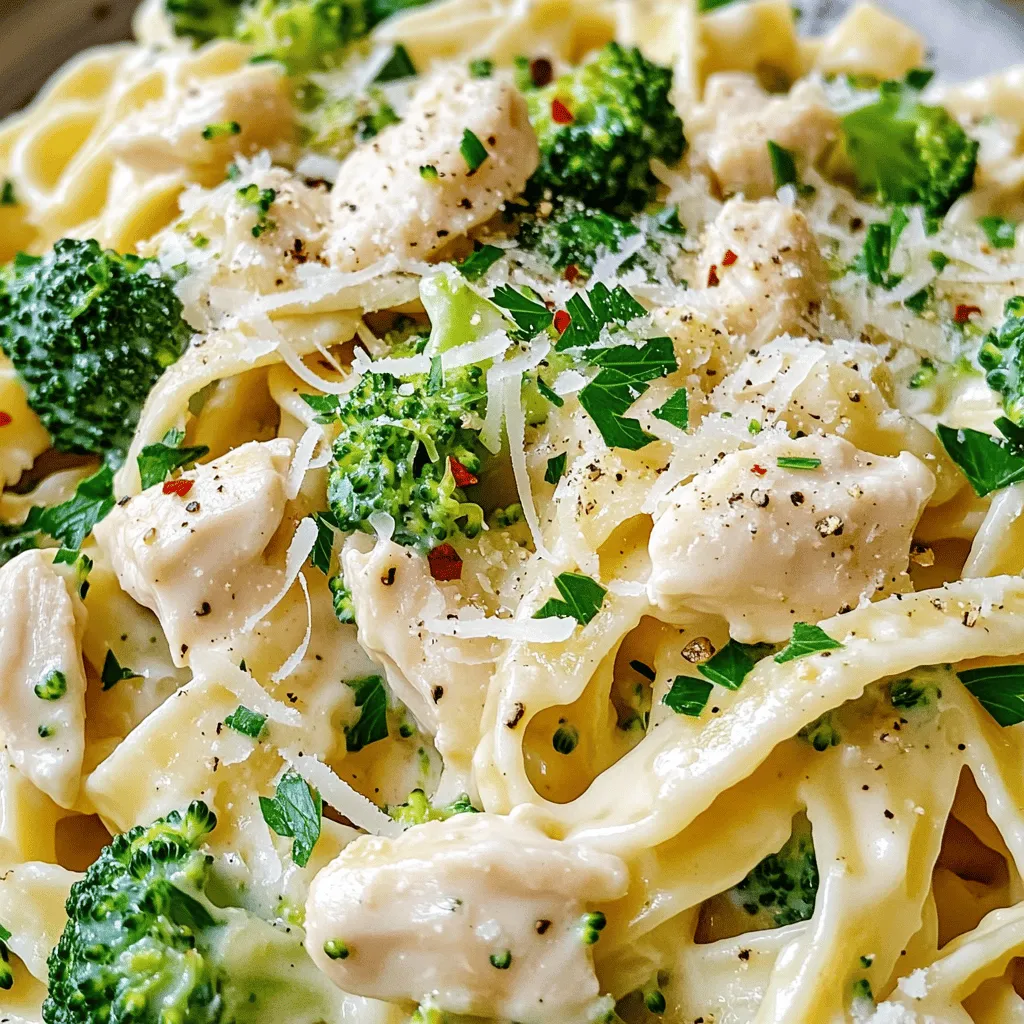 - 1 lb boneless, skinless chicken breasts, diced - 2 cups broccoli florets - 8 oz fettuccine or penne pasta - 2 tablespoons olive oil - 3 cloves garlic, minced - 1 cup heavy cream - 1 cup grated Parmesan cheese - Salt and black pepper to taste - 1/4 teaspoon red pepper flakes (optional for heat) - Fresh parsley, chopped for garnish When it comes to measurements, precision matters for great flavor. If you need a lighter option, you can swap heavy cream with half-and-half or a plant-based cream. For pasta, feel free to use gluten-free options if needed. Chicken thighs can replace chicken breasts, offering more flavor and moisture. Broccoli can also switch to other vegetables like spinach or asparagus for a twist. This dish can fit many diets but may not suit everyone. It's rich in protein and calcium, thanks to chicken and cheese. However, if you're avoiding dairy, consider using a vegan cheese alternative and a plant-based cream. Those on a low-carb diet might want to try zoodles (zucchini noodles) instead of pasta. Always check labels for allergens, especially if serving guests. For the full recipe, check the Chicken & Broccoli Alfredo Pasta 🥦 section. To start, bring a large pot of salted water to a boil. Add the pasta and cook it until it's al dente. This usually takes about 8 to 10 minutes. Al dente means the pasta is tender but still has a slight bite. Three to four minutes before the pasta is done, add the broccoli florets. This method cooks the broccoli perfectly, keeping it bright and crisp. Once cooked, drain the pasta and broccoli together in a colander. Shake off any excess water. Next, grab a large skillet and heat olive oil over medium-high heat. Once the oil is hot, add the diced chicken. Make sure to season the chicken with salt and pepper for flavor. Cook the chicken until it’s no longer pink, which should take about 5 to 7 minutes. Use a meat thermometer to check the chicken's temperature; it should reach 165°F. This ensures the chicken is safe to eat and perfectly cooked. After cooking the chicken, reduce the heat to medium. Stir in minced garlic and cook it for 1 to 2 minutes until it smells amazing. Be careful not to burn the garlic, as this can ruin the flavor. Next, pour in the heavy cream and stir well. Allow the cream to simmer for 2 to 3 minutes. This thickens the sauce nicely. Gradually add grated Parmesan cheese, stirring until the cheese melts smoothly into the sauce. If you like some heat, sprinkle in red pepper flakes. Adjust the seasoning with more salt and pepper if needed. Now it’s time to bring it all together! Add the cooked pasta and broccoli to the skillet with the creamy sauce. Toss everything together until the pasta and broccoli are well-coated. This should take about one minute. Once combined, your chicken and broccoli pasta is ready to serve! You can find the full recipe to follow these steps in detail. Enjoy your meal! - Overcooking chicken: Cook your chicken just until it’s no longer pink. If you cook it too long, it will become dry. Aim for about 5-7 minutes over medium-high heat. Use a meat thermometer for precision, targeting 165°F (74°C). - Burning garlic: Garlic adds flavor, but it can burn quickly. Cook it for only 1-2 minutes in the hot oil. Stir often and watch it closely to keep it fragrant and golden, not dark brown. - Suggested spices and herbs: Try adding Italian herbs like oregano or basil. A pinch of red pepper flakes adds heat. Fresh herbs like thyme or rosemary can brighten the dish, too. - Optional garnishes: Top your pasta with fresh parsley or even a sprinkle of lemon zest for brightness. A bit of extra Parmesan cheese can bring a creamy finish that many love. A few handy tools make this dish easier: - A large pot for boiling pasta. Choose one with a lid to speed up boiling. - A large skillet for cooking chicken and sauce. A non-stick option helps prevent burning. - A good knife for chopping chicken and garlic. A cutting board is essential for safety. - A meat thermometer ensures your chicken cooks perfectly. {{image_2}} You can switch the chicken for other proteins. Try shrimp or Turkey for a different taste. For a vegan or vegetarian option, use tofu or tempeh. Both options work well with the sauce and broccoli. If you need gluten-free pasta, use rice noodles or gluten-free penne. These options cook similarly and taste great with the sauce. You can add more veggies to this dish. Spinach, bell peppers, or carrots add color and nutrition. For flavor variations, try adding different herbs like basil or thyme. A squeeze of lemon juice can also brighten the dish. To keep your chicken and broccoli pasta fresh, place it in an airtight container. This helps prevent any odors from other foods in the fridge. Make sure to cool the pasta to room temperature before sealing. - Refrigeration tips: Store the pasta in the fridge for up to three days. Always check for any signs of spoilage before eating. - Freezing instructions: For longer storage, freeze the pasta in a freezer-safe container. It can last up to three months in the freezer. When ready to use, thaw it overnight in the fridge before reheating. Reheating your chicken and broccoli pasta can be done in two ways: microwave or stovetop. - Microwave method: Place the pasta in a microwave-safe bowl and add a splash of water. Cover the bowl with a microwave-safe lid. Heat on high for 1-2 minutes, stirring halfway through. - Stovetop method: Heat a skillet over medium heat. Add the pasta and a splash of cream or water. Stir often until warm. This method helps keep the sauce creamy. Chicken and broccoli pasta stays safe to eat for about three days in the fridge. If frozen, it can last up to three months. Always label your containers with the date to track freshness. Yes, you can use frozen broccoli. It saves time and is easy to find. Just add it to your pasta during the last few minutes of cooking. Frozen broccoli cooks quickly and tastes great in this dish. You can use milk mixed with cornstarch for a lighter option. Another good choice is half-and-half. If you want a non-dairy option, try coconut milk or cashew cream. Each of these gives a nice flavor and texture. To make more servings, simply double or triple the ingredients. Keep the cooking times the same. Make sure your pot and skillet are large enough to hold the extra food. This keeps the flavors even and tasty. Yes, you can make this dish ahead of time. Cook it as normal and store it in the fridge. When you are ready to eat, just reheat it in a skillet. Add a splash of milk or cream to keep it creamy. Chicken and broccoli pasta can be healthy. It has protein from chicken and vitamins from broccoli. You can make it healthier by using whole grain pasta or reducing the cream. This way, you enjoy the flavor without too many calories. To make this dish a one-pot meal, cook the pasta and broccoli together. Start by boiling the pasta. Then, add the broccoli for the last few minutes. After draining, add the chicken and sauce to the same pot. This saves time and makes clean-up easy! For the complete recipe, check out the Full Recipe. This blog post covered everything you need to make Chicken and Broccoli Pasta. We explored the key ingredients, cooking steps, and helpful tips. You learned about ingredient swaps and how to store leftovers. Remember, cooking is about having fun and being creative. Don’t hesitate to try new flavors and ingredients. With these steps and ideas, you can create a great meal every time! Enjoy cooking and tasting your delicious dish.