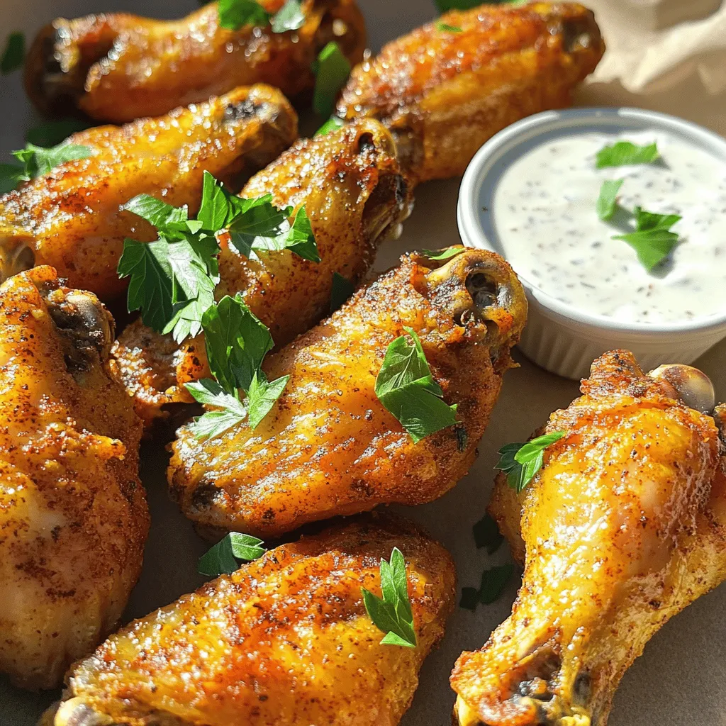 To make crispy air fryer chicken wings, you need a few key ingredients. Here’s what you will need: - 2 pounds chicken wings - 1 tablespoon baking powder - 1 teaspoon garlic powder - 1 teaspoon onion powder - 1 teaspoon smoked paprika - 1 teaspoon salt - ½ teaspoon black pepper - ½ teaspoon cayenne pepper (optional for heat) - 2 tablespoons olive oil - Fresh parsley, chopped (for garnish) - Optional dipping sauce: ranch or blue cheese dressing These ingredients work together to create a flavor blast in every bite. The baking powder is key. It helps the wings get that perfect crispy skin. The spices bring out the best taste. You can adjust the cayenne pepper if you like it spicier. This recipe is so simple. With just these ingredients, you will make a dish that everyone loves. You can find the full recipe to get started on this tasty treat! First, preheat your air fryer to 400°F (200°C). This step is key for crispy wings. While it heats, rinse the chicken wings under cold water. Make sure to dry them thoroughly with paper towels. The drier the wings, the crispier they will turn out! In a large bowl, mix your spices. Combine 1 tablespoon baking powder, 1 teaspoon garlic powder, 1 teaspoon onion powder, 1 teaspoon smoked paprika, 1 teaspoon salt, ½ teaspoon black pepper, and ½ teaspoon cayenne pepper (if you like heat). This spice mix packs a flavorful punch! Next, add the chicken wings to the bowl. Drizzle 2 tablespoons olive oil over them. Toss the wings in the spice mixture until they are all coated evenly. Now, arrange the coated chicken wings in the air fryer basket. Place them in a single layer. Be careful not to overcrowd the basket; this helps them cook evenly. Air fry the wings for about 25-30 minutes. Remember to flip them halfway through. This ensures both sides get that perfect golden-brown color and nice crispiness. Once cooked, take the wings out and let them rest for a few minutes. This helps them stay juicy. Garnish with freshly chopped parsley for a touch of color. Serve these tasty wings with your favorite dipping sauces, like ranch or blue cheese dressing. For the full recipe, check out the earlier section. Enjoy your crispy air fryer chicken wings! To get the best crisp on your wings, drying them is key. Moisture makes wings soggy. After rinsing, pat them dry with paper towels. This step helps the skin get that nice crunch. Using baking powder is another secret. It helps draw out moisture and makes the skin crispier. Just one tablespoon is all you need. The baking powder also helps the spices stick better. Flipping your wings halfway through cooking is important. This ensures they cook evenly. Use tongs to carefully turn them over after about 15 minutes. For cooking, I recommend setting your air fryer to 400°F (200°C). This high heat helps get that golden brown color. If you like your wings extra crispy, you can add a few more minutes to the cooking time. To boost flavor, think about adding spices. Try Italian herbs or Cajun seasoning for a twist. Marinades can also work wonders. Let your wings soak in a mix of olive oil and spices for an hour before cooking. For sauces, buffalo sauce is a classic choice. It gives a spicy kick. Ranch or blue cheese dressing pairs well too. You can also try honey garlic sauce for a sweet option. For the full recipe, check the earlier section! {{image_2}} You can make your crispy air fryer chicken wings exciting with flavor twists. Here are two favorites: - Spicy Buffalo Wings: Add a kick by tossing your cooked wings in hot sauce. You can mix melted butter with the sauce for richness. This classic combo is perfect for those who love heat. - Honey Garlic Wings: For a sweeter option, mix honey with minced garlic. Toss your wings in this mix after air frying. The sticky glaze adds a tasty layer to each bite. If you want to make a healthier version of your wings, consider these options: - Baked Instead of Air-Fried: You can bake your wings in the oven. Coat them lightly with oil and spices, spread them on a baking sheet, and bake at 425°F (218°C) for about 40-45 minutes. This method still gives you a crispy texture but with less oil. - Air Fryer Techniques with Different Coatings: Experiment with different coatings. Instead of using oil, try a light spray of cooking spray or even a vinegar-based marinade. This can cut down on calories while still providing great flavor. Pair your wings with tasty sides and sauces to make your meal complete: - Best Sides to Pair with Wings: Serve your wings with crunchy celery sticks or carrot sticks. A fresh salad can also balance the richness of the wings. You might enjoy fries or onion rings for a classic touch. - Customizing Dipping Sauces: Dipping sauces can enhance your wings. Ranch and blue cheese are classic choices. For a twist, try a spicy sriracha mayo or a zesty yogurt sauce. These options can make each bite even more enjoyable. If you're ready to dive into making these wings, check out the Full Recipe for all the steps! To keep your leftover wings fresh, store them in an airtight container. This helps prevent them from drying out. Place a paper towel in the container to absorb excess moisture. Your wings will stay tasty for up to three days in the fridge. To reheat wings while keeping them crispy, use your air fryer. Preheat it to 375°F (190°C). Place the wings in the basket in a single layer and heat for about 5-7 minutes. This ensures they regain their crunch. You can also use an oven for reheating. Just spread the wings on a baking tray and bake at 375°F (190°C) for 10-15 minutes. For best results, avoid using the microwave, as it can make them soggy. Use glass or plastic containers for storage, as they seal well and are safe for reheating. If you have extra wings, freezing them is a great option. For raw wings, place them in a freezer bag, removing as much air as possible. They can last up to six months in the freezer. For cooked wings, let them cool completely before freezing. Store them in an airtight container or freezer bag. To thaw, place the wings in the fridge overnight before cooking. You can also use cold water to thaw them faster. Just ensure they are sealed well to avoid water getting in. The best temperature for chicken wings is 400°F (200°C). Most air fryers work well at this setting. If your air fryer has different settings, check the manual. Some models may require slight adjustments. A good rule is to keep the wings in a single layer. This helps them cook evenly and get that nice crisp. Yes, you can air fry frozen chicken wings. Start by setting your air fryer to 400°F (200°C). Cook the wings for about 30 to 35 minutes. Make sure to flip them halfway through cooking. Check for doneness and ensure they are hot all the way through. This method works well, but fresh wings usually yield better results. Soggy wings often result from moisture. Ensure you dry the wings well before cooking. Use paper towels to remove excess moisture. Another issue may be overcrowding the basket. If wings are packed too closely, they steam instead of fry. Always spread them in a single layer. Finally, check that you use baking powder in the spice mix. It helps create that perfect crispy texture. To add some heat, you can increase the cayenne pepper in the recipe. Start with an extra ½ teaspoon and adjust to your taste. You can also toss the wings in hot sauce after cooking. Popular choices include buffalo sauce or sriracha. If you want a sweet and spicy wing, add honey with your hot sauce. This balance gives a tasty kick! For more options, check my Full Recipe. Making crispy air fryer chicken wings is simple and fun. We covered the key ingredients, essential steps, and tips for perfect results. You learned about flavor variations and how to store leftovers. With this knowledge, you can create tasty wings at home. Remember to adjust spices to your liking and serve with your favorite dips. Enjoy the crunch and flavor of your dishes! Now it’s time to whip up your own batch and share with friends.