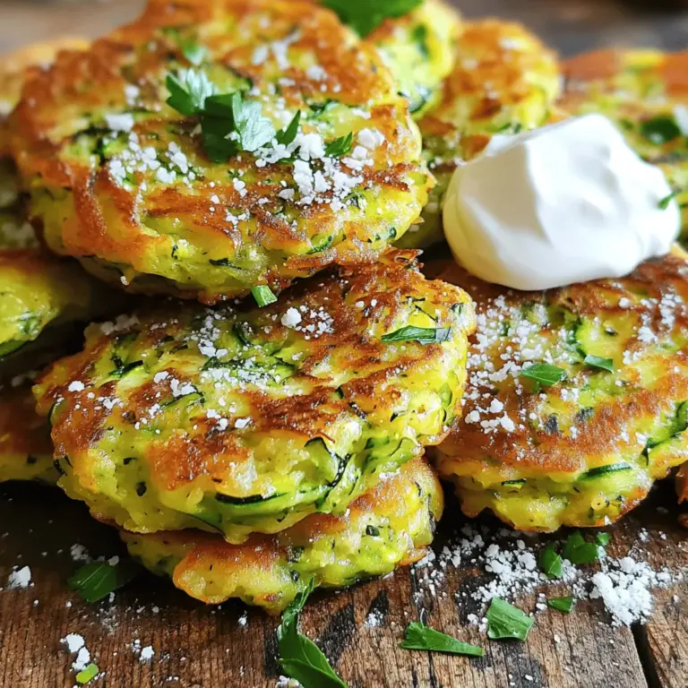 To make savory zucchini fritters, you need fresh and simple ingredients. Here’s what to gather: - 2 medium zucchinis, grated - 1 teaspoon salt - 1 cup all-purpose flour - 1/2 cup grated Parmesan cheese - 2 large eggs - 1 clove garlic, minced - 1/2 teaspoon black pepper - 1/4 cup olive oil for frying These ingredients create a flavorful base for the fritters. The zucchini gives them moisture, while the flour holds everything together. Parmesan adds a nice cheesy flavor. Fresh herbs can elevate your fritters. I suggest using: - 1/4 cup chopped parsley - Fresh dill - Chives These herbs add brightness and freshness. You can mix and match based on what you like. Dill pairs well with the zucchini’s taste, while parsley and chives bring a pop of color. If you want to spice things up, consider these optional ingredients: - 1/4 teaspoon cayenne pepper for heat - Sour cream or yogurt for serving Cayenne pepper gives a fun kick. Serve the fritters with sour cream or yogurt for a creamy dip. This combination balances the fritters' savory flavor. For the full recipe, check the [Full Recipe] section. Start by grating the zucchinis. I use a box grater for this task. Place the grated zucchini in a clean kitchen towel. Sprinkle 1 teaspoon salt over it and let it sit for about 10 minutes. This step draws out excess moisture. After 10 minutes, wring out the zucchini in the towel. Remove as much liquid as you can. This step is key to crispy fritters. In a large mixing bowl, combine the grated zucchini, 1 cup all-purpose flour, and 1/2 cup grated Parmesan cheese. Add in 2 large eggs, 1 clove minced garlic, and 1/4 cup chopped fresh herbs. You can use parsley, dill, or chives. Mix everything well until fully combined. Add 1/2 teaspoon black pepper and, if you like heat, 1/4 teaspoon cayenne pepper. This mix gives the fritters great flavor. Heat 1/4 cup olive oil in a non-stick skillet over medium heat. When the oil is hot, scoop about 2-3 tablespoons of the zucchini mixture for each fritter. Flatten them slightly in the pan. Cook for about 3-4 minutes on each side or until golden brown. Once they are crispy, transfer them to a paper towel-lined plate to drain the oil. Repeat with the remaining mixture, adding more oil as needed. Serve warm with sour cream or yogurt for a delicious dip. For the full recipe, refer to the ingredients section above. To get crispy fritters, moisture control is key. After grating the zucchini, sprinkle it with salt. Let it sit for about 10 minutes. The salt helps draw out water. Next, wring the zucchini in a clean towel. Remove as much liquid as you can. This step makes a huge difference in the final texture. I prefer frying fritters in olive oil. It gives them a lovely golden color and crispness. Use a non-stick skillet for best results. Heat the oil over medium heat. Scoop generous tablespoons of the mixture into the pan. Cook until each side is golden brown, about 3-4 minutes. Fresh herbs make a big impact on flavor. I love using parsley, dill, or chives. They add freshness that brightens each bite. You can also experiment with spices. Adding a pinch of cayenne gives a nice kick. For a richer taste, try more Parmesan cheese. You can even serve them with sour cream or yogurt for added creaminess. Check out the Full Recipe for all the details! {{image_2}} You can amp up the flavor with cheese. Adding more cheese makes these fritters rich and tasty. Try using cheddar or feta cheese. Mix in an extra 1/2 cup of your favorite cheese into the batter. This will add creaminess and a nice cheesy crust when you fry them. Cheese lovers will adore these fritters! If you crave some heat, add spices to kick things up. You can mix in 1/2 teaspoon of chili powder or red pepper flakes. This will give your fritters a nice zing! For an extra layer of flavor, try adding chopped jalapeños to the batter. Adjust the spice to your taste for the perfect bite. For those avoiding gluten, you can easily make these fritters gluten-free. Substitute the all-purpose flour with gluten-free flour blends. Almond flour or chickpea flour also works well. Just ensure the flour is finely ground to get the right texture. These options keep your fritters delicious and safe for gluten-sensitive eaters. To keep your zucchini fritters fresh, store them in an airtight container. Place parchment paper between layers to avoid sticking. Ensure they cool down to room temperature before sealing. This keeps them crispy for a longer time. You can store them in the fridge for up to three days. Reheating zucchini fritters is easy. Use a skillet for the best results. Heat the skillet over medium-low heat. Add a little oil to prevent sticking. Place the fritters in the skillet and cook for about three minutes on each side. This method helps them regain their crispiness. You can freeze zucchini fritters for later meals. First, let them cool completely. Place them in a single layer on a baking sheet. Freeze them for about an hour, then transfer to a freezer-safe bag. This prevents them from sticking together. They can last up to two months in the freezer. When you're ready to eat, reheat them in the skillet or oven. For a full recipe, check the main article. Yes, you can use yellow squash. It has a similar texture and flavor. The fritters will still taste great. Just follow the same steps as you would for zucchini. Grate the squash and remove the moisture just like you do with zucchini. To make your fritters crispy, the key is to remove moisture. After grating the zucchini, sprinkle salt on it. Let it sit for about 10 minutes. Then, wring it out in a clean kitchen towel. This step is very important. Use enough oil in your pan and make sure it is hot before adding the fritters. Flip them only when they are golden brown. Yes, you can bake them. Preheat your oven to 400°F (200°C). Place the fritters on a baking sheet lined with parchment paper. Brush or spray them lightly with oil. Bake for about 20-25 minutes, flipping halfway through. They won't be as crispy as fried, but they will still be tasty. For the full recipe, check the sections above. Zucchini fritters are easy to make and packed with flavor. We covered the best ingredients, from fresh herbs to optional add-ins. The step-by-step instructions help you mix and cook with ease. I shared tips for texture, cooking methods, and flavor boosts. Variations like cheesy or spicy fritters add more fun. You now know how to store and reheat leftovers, too. Enjoy making these fritters your own!