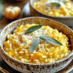 - 1 cup Arborio rice - 2 cups pumpkin puree (homemade or canned) - 4 cups vegetable broth - 1 medium onion, finely chopped - 2 cloves garlic, minced - 1/2 teaspoon ground nutmeg - 1/2 teaspoon cinnamon - 1 cup grated Parmesan cheese - 2 tablespoons olive oil - Salt and pepper to taste - Fresh sage leaves for garnish To create the rich and creamy delight of savory pumpkin risotto, you need specific ingredients. The star of this dish is Arborio rice. This rice has a high starch content, giving the risotto its creamy texture. You can use either homemade or canned pumpkin puree. It adds a lovely sweetness and color. Next, gather vegetable broth. Warm broth adds flavor and helps the rice cook evenly. An onion and garlic bring depth to the dish. Ground nutmeg and cinnamon offer warm, cozy notes that pair well with pumpkin. Grated Parmesan cheese makes it extra rich. You will need olive oil to sauté the onion and garlic. Don’t forget salt and pepper for seasoning. Fresh sage leaves add a pop of color and flavor as a garnish. For the full recipe, check out the detailed cooking instructions. Enjoy the journey of cooking this comforting dish! - In a saucepan, heat the vegetable broth over medium heat and keep it warm. - In a large skillet, heat the olive oil over medium heat, add onion and garlic, and sauté until soft. - Add Arborio rice to the skillet, stirring until coated and slightly translucent. - Pour in broth, stirring constantly, allowing it to be absorbed, and continue until rice is creamy (approximately 18-20 minutes). - Stir in pumpkin puree, nutmeg, and cinnamon, cooking for an additional 2-3 minutes. - Remove from heat and mix in grated Parmesan cheese, adjusting seasoning. As you follow these steps, you will create a rich and creamy risotto that highlights the wonderful flavors of pumpkin. The warm broth keeps the rice cooking evenly, while stirring helps to release its starches. This process gives risotto its signature creamy texture. The addition of pumpkin puree, nutmeg, and cinnamon brings warmth and a hint of sweetness. If you want the full experience, check out the Full Recipe for more details. Enjoy your cooking! How to Achieve Creamy Risotto To get that creamy texture, use Arborio rice. This rice has more starch, which helps make the risotto rich. Always add warm broth one ladle at a time. Let it soak in before adding more. This keeps the rice cooking evenly. Stir it often to release the starch. This method creates the creaminess we love. Importance of Stirring Continuously Stirring is key for great risotto. It helps the rice cook evenly. You also prevent it from sticking to the pan. If you don’t stir, the rice can burn. Keep your spoon moving, and enjoy the process. This gives you a chance to bond with your dish. Best Practices for Presentation For a beautiful dish, scoop the risotto into shallow bowls. This helps highlight the creamy texture. Add fresh sage leaves on top for color and flavor. A sprinkle of extra Parmesan cheese adds a nice touch. This makes it look fancy without much work. Pairing with Side Dishes or Wine Savory pumpkin risotto pairs well with simple salads. A fresh arugula salad is a great choice. You can also serve it with roasted veggies for balance. If you want a drink, a light white wine works best. Look for something fruity to match the pumpkin flavor. Adding Additional Spices To mix things up, try adding spices. A pinch of cayenne pepper gives a nice kick. You might also like smoked paprika for a deeper taste. Experiment with flavors that you enjoy. Just remember, less is more when it comes to spices. Recommended Garnishes Garnishing adds both flavor and style. Toasted pumpkin seeds add crunch and a nutty taste. A drizzle of olive oil can enhance the richness. Fresh herbs like thyme or parsley also brighten the dish. Use what you have on hand to make it yours. For the complete recipe, check the Full Recipe link. {{image_2}} You can change the base of your risotto. Instead of Arborio rice, try quinoa or barley. They add a different texture and flavor. Quinoa cooks faster, while barley gives a chewy bite. Both are healthy options. For cheese, go beyond Parmesan. Try goat cheese or feta for a tangy twist. You can also mix in cream cheese for added creaminess. Each cheese brings its own unique taste. If you want a vegan dish, replace cheese with nutritional yeast. This adds a cheesy flavor without dairy. You can also use vegan cream cheese for creaminess. For gluten-free risotto, just stick with Arborio rice. It is naturally gluten-free. Always check broth labels to ensure they are free from gluten. You can create sweet or savory pumpkin risotto. For a sweet version, add maple syrup and cinnamon. This gives a warm, cozy taste. Incorporate seasonal ingredients, too. In fall, try adding roasted chestnuts or cranberries. In spring, fresh peas or asparagus can brighten the dish. Seasonal items keep your risotto fresh and exciting. For the full recipe, check the provided details. How do you store leftover risotto? To store leftover risotto, let it cool to room temperature. Then, place it in an airtight container. This keeps it fresh for about three days in the fridge. What are tips for reheating for best results? When reheating risotto, add a splash of broth or water. This helps restore creaminess. Warm it over low heat, stirring often. This way, it won’t dry out. What are freezing techniques for risotto? For long-term storage, you can freeze risotto. First, let it cool completely. Then, scoop it into freezer-safe bags. Flatten the bags to save space. Label them with the date. You can freeze it for up to three months. How do you thaw and use frozen risotto? To thaw frozen risotto, place it in the fridge overnight. For quicker thawing, you can use the microwave. Stir it well during heating. Add a bit of broth or water to keep it creamy. Enjoy your Savory Pumpkin Risotto just like the first time! How long can I store leftover Savory Pumpkin Risotto? You can store leftover risotto in the fridge for up to three days. Make sure it goes into an airtight container. Can I make Savory Pumpkin Risotto in advance? Yes, you can prepare it ahead of time. Just make sure to store it properly. What is the best way to reheat risotto? Reheat risotto on low heat in a pan. Add a splash of broth or water to keep it creamy. Can I make this risotto without vegetable broth? Yes, you can use chicken broth or water instead. However, broth adds more flavor. What type of pumpkin is best for this recipe? Canned pumpkin puree works well. You can also use sugar pumpkin or butternut squash. Can I use fresh pumpkin instead of canned? Absolutely! Just roast or steam fresh pumpkin until soft. Then, blend it into a puree. How does adding nutmeg and cinnamon affect the flavor? Nutmeg adds warmth, while cinnamon brings sweetness. Together, they create a cozy, rich taste. This blog post outlined a simple recipe for savory pumpkin risotto. You learned about key ingredients, step-by-step cooking instructions, and tips for the best texture. We also explored variations, storage methods, and common questions on risotto making. Good risotto brings warmth and comfort to any meal. Whether you stick to the recipe or modify it, you can make it your own. Enjoy creating this creamy dish that celebrates the flavors of fall. Your kitchen will be full of delightful aromas, making the effort worthwhile.