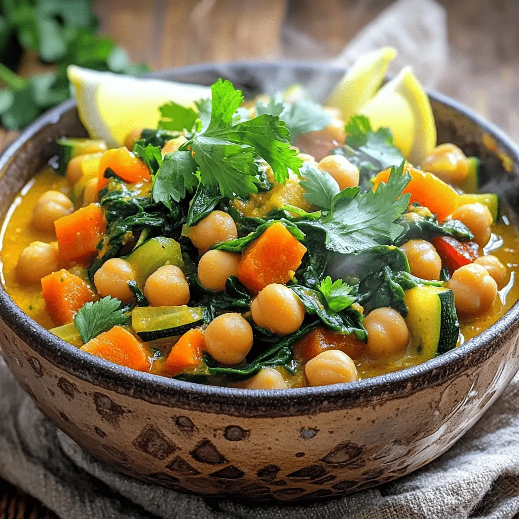 To make this rich and tasty stew, you need a few key items: - 1 can (15 oz) chickpeas, drained and rinsed - 1 large onion, chopped - 3 cloves garlic, minced - 2 medium carrots, diced - 1 red bell pepper, diced - 1 zucchini, diced - 1 can (14 oz) diced tomatoes - 2 cups vegetable broth - 2 tablespoons olive oil - 1 teaspoon ground cumin - 1 teaspoon ground coriander - 1 teaspoon smoked paprika - 1/2 teaspoon cinnamon - Salt and black pepper to taste - 1 cup fresh spinach - Fresh cilantro or parsley for garnish - Lemon wedges for serving These ingredients work together to create a stew that is both filling and nutritious. The chickpeas bring protein, while the veggies add fiber and vitamins. Fresh herbs and spices make this dish pop. Some great choices are: - Fresh cilantro or parsley for garnish - Lemon juice for brightness These herbs add freshness and enhance the stew's flavors. The lemon juice gives it a zesty kick, making every bite exciting. If you don’t have some ingredients, don’t worry! Here are some easy swaps: - Use canned lentils instead of chickpeas for a change. - If you lack red bell pepper, try yellow or green ones. - Swap zucchini for yellow squash or eggplant. - Use chicken broth instead of vegetable broth for a non-vegetarian option. These substitutions keep the stew delicious while accommodating what you have on hand. If you want to explore more, check the Full Recipe for additional ideas! To make Moroccan chickpea stew, gather your ingredients first. You need chickpeas, onion, garlic, carrots, bell pepper, zucchini, diced tomatoes, vegetable broth, and spices. Rinse the chickpeas and chop the onion, garlic, and veggies. Having everything ready makes cooking easy and fun. Start by heating olive oil in a large pot over medium heat. Add the chopped onion and cook it until soft. This takes about five minutes. Then, mix in the minced garlic for one more minute. Next, toss in the diced carrots, bell pepper, and zucchini. Sauté these for five to seven minutes. They should begin to soften. Now, it's time to add flavor! Sprinkle in cumin, coriander, smoked paprika, cinnamon, salt, and black pepper. Stir well and let it cook for another two minutes. After that, pour in the diced tomatoes and vegetable broth. Bring this to a gentle boil. Lower the heat and let it simmer for 15 minutes. Finally, stir in the drained chickpeas and simmer for another ten minutes. Add fresh spinach right before serving, letting it wilt. To make sure your stew is great, taste it as you cook. Adjust the seasoning if needed. Using fresh spices can enhance the flavor a lot. If you want a thicker stew, let it simmer longer. If it’s too thick, add a bit more broth. Garnish with fresh cilantro or parsley and serve with lemon wedges. This adds a nice touch to your dish. For the complete recipe, check out the Full Recipe. To boost the taste of your Moroccan chickpea stew, consider adding a splash of lemon juice. Fresh lemon brightens the dish and adds a nice zing. You can also add a spoonful of harissa for a spicy kick. This North African chili paste can elevate your stew's heat and flavor. Don't forget to taste as you go. Adjust salt and pepper to fit your liking. Cooking times matter. Keep the heat at medium to avoid burning. When you first sauté the onion, aim for a soft and golden color. This creates a sweet base. After adding the vegetables, cook them until just soft. This keeps them from getting mushy. For the best flavor, let the stew simmer gently. A slow simmer allows the spices to blend well. One common mistake is rushing the cooking process. If you skip steps or cook too fast, the flavors won't develop. Also, avoid overcooking the chickpeas. They can turn mushy if added too early. Lastly, don’t forget to stir! Stirring helps prevent sticking and ensures every bite is packed with flavor. For the full recipe, check out the detailed steps provided above. {{image_2}} This Moroccan Chickpea Stew shines as a vegan meal. You can keep all the ingredients plant-based. The chickpeas give you protein and fiber. You can also add more veggies like sweet potatoes or eggplant. These changes boost the taste and texture. Try adding coconut milk for creaminess. This will make it rich and comforting. If you love meat, you can add chicken or lamb. Dice the meat and brown it before adding the veggies. This adds a nice depth of flavor. Use about 1 pound of meat. Cook it for 5-7 minutes until golden. Then, follow the rest of the steps in the Full Recipe. This will give you a hearty meal. This stew is already gluten-free, making it easy for many diets. If you want to add grains, try quinoa or rice. Cook these separately and serve them with the stew. You can also add lentils for more protein. They will cook quickly and soak up flavors well. To keep your Moroccan Chickpea Stew fresh, store it in an airtight container. Let the stew cool down first. This helps prevent condensation inside the container. Place it in the fridge if you plan to eat it within three days. For longer storage, consider freezing it. When you're ready to enjoy your stew again, you can easily reheat it. Pour the stew into a pot and heat it on medium-low. Stir occasionally to help it warm evenly. You can also use a microwave. Place the stew in a microwave-safe bowl and cover it. Heat in short bursts until warm. Stir in between to avoid hot spots. Freezing Moroccan Chickpea Stew is a great way to save it for later. Make sure to use a freezer-safe container. Leave some space at the top for expansion. The stew can be stored in the freezer for up to three months. When you're ready to eat it, thaw it in the fridge overnight. Then reheat it as mentioned above. This stew stays full of flavor and nutrition even after freezing. For the full recipe, click here: [Full Recipe]. Moroccan Chickpea Stew lasts about 4 to 5 days in the fridge. Store it in an airtight container. Let it cool before you place it in the fridge. This helps keep it fresh. If you smell any off odors, it’s best to toss it. Yes, you can make Moroccan Chickpea Stew in a slow cooker. Just add all the ingredients to the pot. Set it on low for 6 to 8 hours or high for 3 to 4 hours. This method will make the flavors blend nicely. You can still add fresh spinach near the end. You can serve Moroccan Chickpea Stew with: - Couscous - Rice - Crusty bread - A side salad - Yogurt or tzatziki Each option adds a nice touch to the meal. Choose what you like best! To adjust the spice level, you can add or reduce spices. Start with less smoked paprika for a milder taste. If you want more heat, add cayenne pepper or crushed red pepper flakes. Always taste as you go. This helps you find the perfect balance for you. For more tips, check the Full Recipe. Moroccan chickpea stew is easy and fun to make. We covered key ingredients, step-by-step instructions, and handy tips for success. You can create delicious variations for different diets, too. Remember proper storage and reheating to enjoy leftovers. With these insights, you can craft a stew full of flavor that satisfies everyone. Dive in with confidence and enjoy cooking this comforting dish!