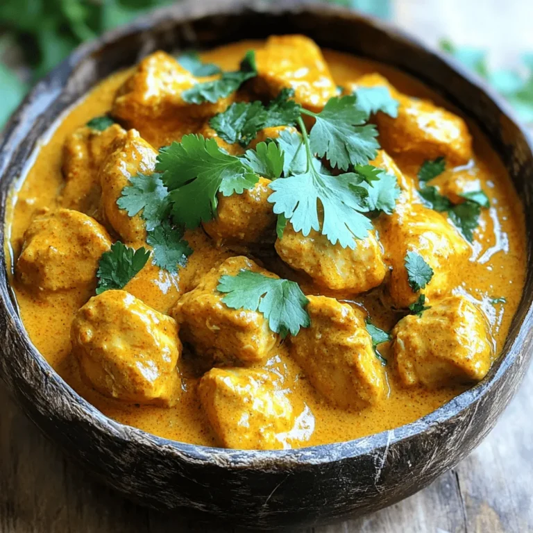 - 1 pound boneless, skinless chicken thighs - 1 cup plain yogurt - Spices: garam masala, cumin, coriander, turmeric, paprika To create a great Chicken Tikka Masala, start with the right meat. I prefer boneless, skinless chicken thighs. They stay juicy and tender. You need one cup of plain yogurt for the marinade. Yogurt helps to make the chicken soft and adds great taste. Next, we need some spices. Garam masala is key for that warm flavor. Ground cumin and coriander add depth. Turmeric gives a lovely color, and paprika adds a mild heat. - Fresh produce: garlic, ginger, onion, cilantro - Canned goods: diced tomatoes, coconut milk - Other: vegetable oil, lemon juice, salt, and pepper Fresh produce is vital. Use three cloves of minced garlic and one inch of grated ginger for a bright kick. One medium onion adds sweetness to the dish. Finally, fresh cilantro makes a nice garnish. You also need canned items. A can of diced tomatoes adds richness. Coconut milk brings creaminess and balances the spices. For cooking, have vegetable oil, lemon juice, salt, and pepper ready. They enhance the flavor and texture. You can find the full recipe for Easy Chicken Tikka Masala linked above. This dish is easy to make and so tasty! To start, mix yogurt, garam masala, cumin, coriander, turmeric, paprika, garlic, ginger, and lemon juice in a bowl. This mix is the heart of the dish. The yogurt tenderizes the chicken, while the spices add rich flavor. Next, cut the chicken into bite-sized pieces and add them to the marinade. Make sure each piece is coated well. Cover the bowl and refrigerate it for at least 1 hour. If you can, marinate it overnight for the best taste. Now, heat vegetable oil in a large skillet over medium heat. Once the oil is hot, add the chopped onion. Sauté the onion until it turns translucent. This step builds a great base for the dish. After that, add the marinated chicken to the skillet, leaving some marinade behind. Sauté the chicken until it's browned on all sides. This should take about 5-7 minutes. Then, stir in the diced tomatoes and the reserved marinade. Let this simmer for about 10 minutes. The chicken will soak up all those wonderful flavors. Now it’s time to make it creamy. Pour in the coconut milk and bring the mixture to a gentle simmer. Cook for another 15 minutes. Stir occasionally to prevent sticking. The sauce will thicken, and the chicken will cook through. Finally, season with salt and pepper to taste. Serve your Chicken Tikka Masala hot, garnished with fresh cilantro. Enjoy this with rice or naan for a complete meal! For the complete recipe, check the Full Recipe link. To make your Chicken Tikka Masala truly shine, marinate the chicken overnight. This step allows the spices to soak in deeply. You will taste the difference! If you want more heat, adjust the spice levels. Add more garam masala or chili powder for a kick. If you prefer mild flavors, use less spice. Always taste as you go! When serving your Chicken Tikka Masala, rice and naan are perfect sides. The rice soaks up the rich sauce, while naan is great for dipping. For a fresh touch, garnish your dish with chopped cilantro. It adds color and a burst of flavor. You can also add a squeeze of lemon for a zesty twist. Enjoy your meal with friends or family for the best experience! {{image_2}} You can change up the protein in this dish. Try using chicken breast for a leaner option. If you want a plant-based meal, use tofu or shrimp instead. These alternatives still soak up the amazing flavors. For a dairy-free version, switch to coconut yogurt. It keeps the creaminess without the dairy. Add fun and color by mixing in vegetables. Bell peppers or spinach work great. They not only boost nutrition but also add texture. You can also play with different spice blends. If you like it spicy, try adding cayenne pepper or chili powder. This will give your dish an exciting kick. Experimenting with flavors makes cooking fun and unique! To keep your Chicken Tikka Masala fresh, follow some simple steps: - Store in a container: Use an airtight container to avoid spills and keep flavors in. - Cool before refrigerating: Let the dish cool to room temperature first. This helps prevent condensation. Chicken Tikka Masala lasts about 3 to 4 days in the fridge. Always check for any off smells or changes in color before eating. Freezing Chicken Tikka Masala is a great way to save leftovers. - Use freezer-safe containers: Choose containers that seal tightly to prevent freezer burn. - Portion it out: Freeze in individual servings for easy reheating later. To reheat, thaw overnight in the fridge. Then, warm it on the stove over low heat. Stir often to ensure even heating. Avoid microwaving, as it can make the chicken tough. With these tips, your Chicken Tikka Masala will stay tasty and ready for your next meal! If you want to try this delicious dish, you can find the full recipe in the article. I recommend marinating the chicken for at least one hour. For the best taste, let it sit overnight. This time lets the spices soak into the meat. You will get a richer flavor this way. Yes! You can easily make this dish vegetarian. Use tofu, chickpeas, or paneer as your protein. These options will soak up the flavor just like chicken. They are great substitutes that keep the dish hearty. Chicken Tikka Masala pairs well with rice or naan. Both soak up the sauce nicely. You can also add a side salad or some roasted vegetables for a fresh touch. These sides complement the dish perfectly. Absolutely! You can prepare Chicken Tikka Masala ahead of time. Cook the dish and let it cool before storing it in the fridge. It stays good for about three to four days. Reheat it gently on the stove or in the microwave. You can check out the Easy Chicken Tikka Masala - Full Recipe for detailed steps and ingredients. It’s a quick and tasty way to enjoy this dish! This blog covered how to make easy Chicken Tikka Masala. We discussed essential ingredients, like chicken, yogurt, and spices. Then, I explained a step-by-step method for the cooking process. You learned tips for perfecting the dish and ideas for serving it. I also shared variations and safe storage methods. Now, you can enjoy a tasty meal right at home. Don't be afraid to experiment with flavors. Your Chicken Tikka Masala journey starts now!