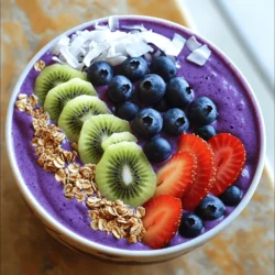 - 1 ripe banana, frozen - 1 cup fresh blueberries, plus extra for topping - 1/2 cup Greek yogurt (plain or vanilla) - 1/2 cup almond milk (or any milk of choice) - 1 tablespoon honey or maple syrup (adjust for sweetness) - 1 tablespoon chia seeds - Granola, for topping - Sliced fruits (e.g., strawberries, kiwi) for garnish - A sprinkle of coconut flakes To make a great Blueberry Banana Smoothie Bowl, start with ripe and frozen bananas. They give the bowl a creamy texture. Fresh blueberries add a burst of flavor and nutrition. I love using Greek yogurt for its thickness and protein. Almond milk keeps it light and smooth, but you can choose any milk you like. Sweeten it with honey or maple syrup for that perfect touch. If you want to go the extra mile, consider adding chia seeds for some crunch. Granola on top adds a nice texture. You can also use sliced fruits for a colorful look. Finally, coconut flakes can give it a tropical vibe. All these ingredients come together for a tasty and healthy breakfast or snack. Check out the Full Recipe for more details! To make your smoothie bowl, start by gathering the ingredients. You need a ripe banana, fresh blueberries, Greek yogurt, almond milk, honey or maple syrup, and optional chia seeds. - Combine the banana, blueberries, yogurt, almond milk, and honey in the blender. - Blend until smooth. You want a creamy texture, so blend well. Once your smoothie is blended, it’s time to serve. - Pour the smoothie into a bowl. - Arrange your toppings artfully. Use fresh blueberries, granola, and sliced fruits for a colorful touch. To ensure you get the best texture, here are some tips. - Scrape down the sides of the blender during blending. This helps mix all ingredients well. - If the smoothie is too thick, adjust the consistency with extra almond milk. This makes it easier to eat. For the complete recipe, check out the Full Recipe section. Enjoy your delicious Blueberry Banana Smoothie Bowl! You can switch out the fruits in your smoothie bowl. If you want a twist, use strawberries or mango instead of blueberries. You can also try flavored yogurt. Vanilla or honey yogurt can add a nice touch. Adding spices can lift the taste of your smoothie bowl. A pinch of cinnamon or a drop of vanilla can work wonders. You can also experiment with sweeteners. Try agave or coconut sugar if you want something different. Make your bowl pop with colorful toppings. Use fresh fruit, nuts, or seeds for a bright look. Layer your ingredients for a visual appeal. This makes every bite exciting and fun to eat. {{image_2}} Smoothie bowls let you play with flavors and textures. Here are some fun ideas for you to try. For a sunny vibe, use pineapple and mango. These fruits add a bright sweetness. Swap almond milk for coconut milk. This change gives your bowl a creamy, tropical taste. Want a nutty flavor? Add almond or peanut butter to your mix. This boost gives a rich taste and adds protein. Don't forget to top your bowl with nuts, like almonds or walnuts. They add a nice crunch. Craving something sweet? Stir in cocoa powder for a chocolatey twist. This makes your smoothie bowl rich and satisfying. Use chocolate granola on top for extra flavor. It’s a delicious way to enjoy chocolate for breakfast. Explore these variations to find your favorite! For the full recipe, check out the Blueberry Banana Bliss Smoothie Bowl. To keep your smoothie bowl fresh, store leftovers in an airtight container. Place it in the fridge. It stays good for about one day. After that, the texture may change. Enjoy it soon for the best taste. You can freeze the smoothie base for later use. Just pour it into a freezer-safe bag or container. Make sure to remove as much air as possible. It can last up to three months in the freezer. When you want to use it, simply thaw it overnight in the fridge or on the counter for a few hours. This smoothie bowl is best enjoyed cold. If you freeze it, blend it again after thawing. This helps regain its smooth texture. Serve it in a bowl and add your favorite toppings. Fresh fruits and granola work well and add crunch. Enjoy your refreshing treat! For the complete recipe, check out the Full Recipe section! Yes, you can prepare this smoothie bowl ahead of time. To do this, blend all your ingredients and store the mixture in an airtight container. Keep it in the fridge for up to 24 hours. When you are ready to eat, stir it well. Add your toppings fresh for the best taste and look. You can use several alternatives for Greek yogurt. If you want a dairy-free option, try coconut yogurt or almond yogurt. Silken tofu is another great choice. It gives a creamy texture and adds protein. If you are not allergic to dairy, regular yogurt will also work. Yes, this smoothie bowl is gluten-free. All the ingredients listed are free from gluten. Just ensure that your toppings, like granola, are labeled gluten-free. Some granolas may contain gluten, so it is best to check the label. Absolutely! You can mix in many fruits. Try strawberries, raspberries, or mango for a fun twist. Each fruit brings its flavor and nutrition. Just remember to keep the balance of sweetness. You can even add spinach or kale for extra greens without changing the taste much. This blog post covers everything you need to know to make a delicious smoothie bowl. We discussed the main and optional ingredients, easy step-by-step instructions, and tips for a perfect blend. You learned how to customize flavors and explored different variations, from tropical to chocolatey. Remember, smoothies can be stored or frozen for later use. Enjoy creating your own tasty versions, and don't hesitate to try new fruits or toppings. Smoothie bowls are fun, healthy, and quick to make. You now have all the tools to get started!