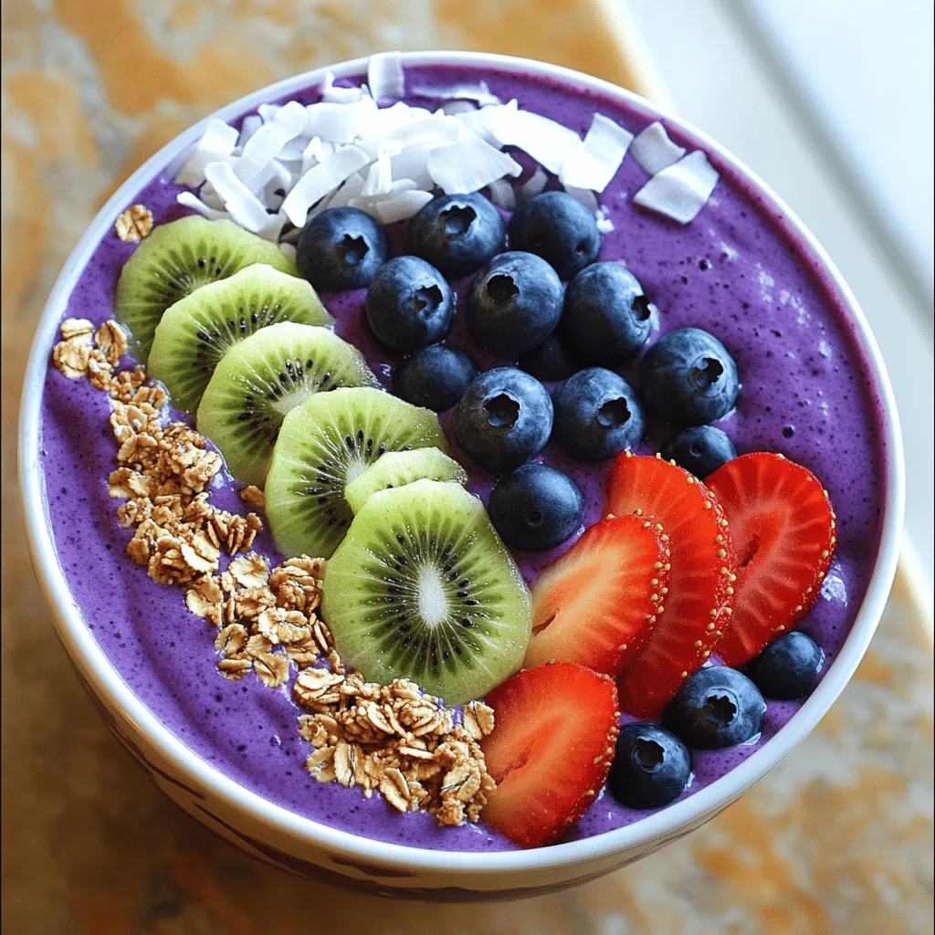 - 1 ripe banana, frozen - 1 cup fresh blueberries, plus extra for topping - 1/2 cup Greek yogurt (plain or vanilla) - 1/2 cup almond milk (or any milk of choice) - 1 tablespoon honey or maple syrup (adjust for sweetness) - 1 tablespoon chia seeds - Granola, for topping - Sliced fruits (e.g., strawberries, kiwi) for garnish - A sprinkle of coconut flakes To make a great Blueberry Banana Smoothie Bowl, start with ripe and frozen bananas. They give the bowl a creamy texture. Fresh blueberries add a burst of flavor and nutrition. I love using Greek yogurt for its thickness and protein. Almond milk keeps it light and smooth, but you can choose any milk you like. Sweeten it with honey or maple syrup for that perfect touch. If you want to go the extra mile, consider adding chia seeds for some crunch. Granola on top adds a nice texture. You can also use sliced fruits for a colorful look. Finally, coconut flakes can give it a tropical vibe. All these ingredients come together for a tasty and healthy breakfast or snack. Check out the Full Recipe for more details! To make your smoothie bowl, start by gathering the ingredients. You need a ripe banana, fresh blueberries, Greek yogurt, almond milk, honey or maple syrup, and optional chia seeds. - Combine the banana, blueberries, yogurt, almond milk, and honey in the blender. - Blend until smooth. You want a creamy texture, so blend well. Once your smoothie is blended, it’s time to serve. - Pour the smoothie into a bowl. - Arrange your toppings artfully. Use fresh blueberries, granola, and sliced fruits for a colorful touch. To ensure you get the best texture, here are some tips. - Scrape down the sides of the blender during blending. This helps mix all ingredients well. - If the smoothie is too thick, adjust the consistency with extra almond milk. This makes it easier to eat. For the complete recipe, check out the Full Recipe section. Enjoy your delicious Blueberry Banana Smoothie Bowl! You can switch out the fruits in your smoothie bowl. If you want a twist, use strawberries or mango instead of blueberries. You can also try flavored yogurt. Vanilla or honey yogurt can add a nice touch. Adding spices can lift the taste of your smoothie bowl. A pinch of cinnamon or a drop of vanilla can work wonders. You can also experiment with sweeteners. Try agave or coconut sugar if you want something different. Make your bowl pop with colorful toppings. Use fresh fruit, nuts, or seeds for a bright look. Layer your ingredients for a visual appeal. This makes every bite exciting and fun to eat. {{image_2}} Smoothie bowls let you play with flavors and textures. Here are some fun ideas for you to try. For a sunny vibe, use pineapple and mango. These fruits add a bright sweetness. Swap almond milk for coconut milk. This change gives your bowl a creamy, tropical taste. Want a nutty flavor? Add almond or peanut butter to your mix. This boost gives a rich taste and adds protein. Don't forget to top your bowl with nuts, like almonds or walnuts. They add a nice crunch. Craving something sweet? Stir in cocoa powder for a chocolatey twist. This makes your smoothie bowl rich and satisfying. Use chocolate granola on top for extra flavor. It’s a delicious way to enjoy chocolate for breakfast. Explore these variations to find your favorite! For the full recipe, check out the Blueberry Banana Bliss Smoothie Bowl. To keep your smoothie bowl fresh, store leftovers in an airtight container. Place it in the fridge. It stays good for about one day. After that, the texture may change. Enjoy it soon for the best taste. You can freeze the smoothie base for later use. Just pour it into a freezer-safe bag or container. Make sure to remove as much air as possible. It can last up to three months in the freezer. When you want to use it, simply thaw it overnight in the fridge or on the counter for a few hours. This smoothie bowl is best enjoyed cold. If you freeze it, blend it again after thawing. This helps regain its smooth texture. Serve it in a bowl and add your favorite toppings. Fresh fruits and granola work well and add crunch. Enjoy your refreshing treat! For the complete recipe, check out the Full Recipe section! Yes, you can prepare this smoothie bowl ahead of time. To do this, blend all your ingredients and store the mixture in an airtight container. Keep it in the fridge for up to 24 hours. When you are ready to eat, stir it well. Add your toppings fresh for the best taste and look. You can use several alternatives for Greek yogurt. If you want a dairy-free option, try coconut yogurt or almond yogurt. Silken tofu is another great choice. It gives a creamy texture and adds protein. If you are not allergic to dairy, regular yogurt will also work. Yes, this smoothie bowl is gluten-free. All the ingredients listed are free from gluten. Just ensure that your toppings, like granola, are labeled gluten-free. Some granolas may contain gluten, so it is best to check the label. Absolutely! You can mix in many fruits. Try strawberries, raspberries, or mango for a fun twist. Each fruit brings its flavor and nutrition. Just remember to keep the balance of sweetness. You can even add spinach or kale for extra greens without changing the taste much. This blog post covers everything you need to know to make a delicious smoothie bowl. We discussed the main and optional ingredients, easy step-by-step instructions, and tips for a perfect blend. You learned how to customize flavors and explored different variations, from tropical to chocolatey. Remember, smoothies can be stored or frozen for later use. Enjoy creating your own tasty versions, and don't hesitate to try new fruits or toppings. Smoothie bowls are fun, healthy, and quick to make. You now have all the tools to get started!