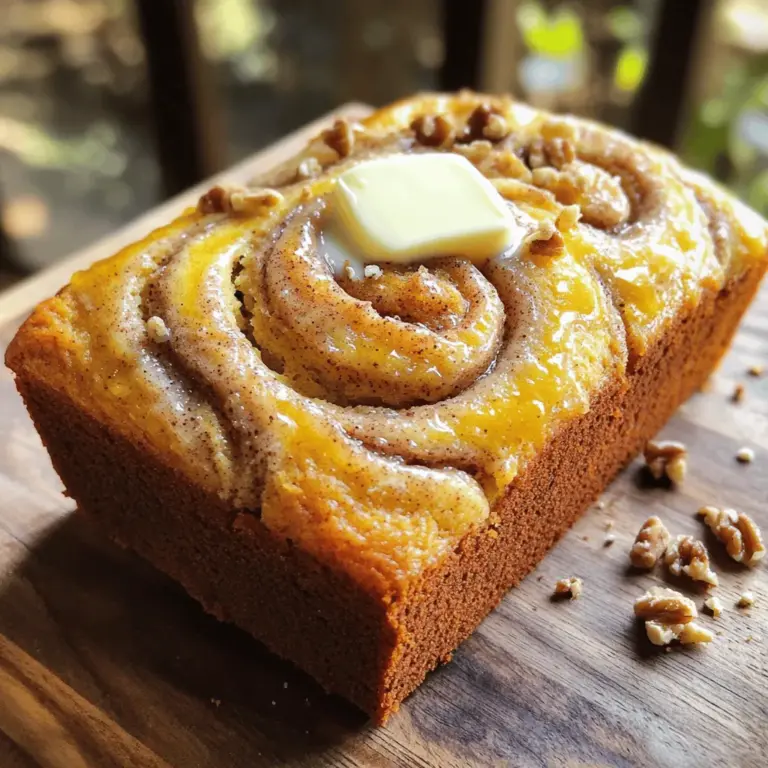 To make delicious cinnamon swirl banana bread, gather these main ingredients: - 3 ripe bananas, mashed - 1/3 cup melted coconut oil (or unsalted butter) - 1/2 cup brown sugar - 1/4 cup granulated sugar - 2 large eggs - 1 teaspoon vanilla extract - 1 teaspoon baking soda - Pinch of salt - 1 1/2 cups all-purpose flour - 2 teaspoons ground cinnamon Each ingredient plays a key role. The ripe bananas give the bread sweetness and moisture. Coconut oil adds a nice richness. The sugars create a lovely balance of sweetness. Eggs bind everything together, while baking soda helps the bread rise. You can make your banana bread even better with some optional add-ins: - 1/4 cup chopped walnuts - 1/4 cup chocolate chips - 1/2 cup dried fruit (like raisins or cranberries) These add-ins add crunch and flavor. Walnuts bring texture, while chocolate chips create a sweet surprise. Dried fruit adds a chewy element that complements the bananas. If you need to swap out some ingredients, here are good options: - Use applesauce instead of coconut oil for a lighter bread. - Substitute honey or maple syrup for brown sugar. - Almond flour can replace all-purpose flour for a gluten-free option. These substitutions keep the recipe flexible. You can adjust it to fit your taste or dietary needs. Remember, each change may alter the texture and taste a bit, but it will still be tasty! For the full recipe, check the details above. To start, gather all your ingredients. You will need ripe bananas, coconut oil, brown sugar, and more. First, preheat your oven to 350°F (175°C). This step makes sure the bread bakes evenly. Grease a 9x5-inch loaf pan or line it with parchment paper for easy removal later. In a large bowl, mash the ripe bananas. I love using bananas that are very soft. They add great flavor. Next, pour in the melted coconut oil. Mix these two well until smooth. Now, add the brown sugar and granulated sugar. Stir the mixture until it’s fully combined. This will help create a sweet base for your bread. Next, beat in the eggs one at a time. Follow this with the vanilla extract. Now, sprinkle the baking soda and a pinch of salt over the mixture. Mix it all together. Finally, add the flour slowly. Stir until just combined. Remember, a few lumps are okay. Overmixing can make the bread tough. For the swirl, you'll need ground cinnamon and sugar. In a small bowl, mix together two teaspoons of cinnamon with one tablespoon of sugar. This blend will create the lovely swirl in your banana bread. Now, pour half of the banana bread batter into your prepared loaf pan. Evenly sprinkle half of the cinnamon sugar mixture over this layer. Then, add the rest of the batter on top. Finally, sprinkle the remaining cinnamon sugar mixture. Use a knife to gently swirl it around. This creates a marbled effect that looks beautiful. Now it’s time to bake! Place the loaf pan in your preheated oven. Bake for 55-65 minutes. To check if it's done, insert a toothpick into the center. If it comes out clean, your bread is ready. Once baked, let it cool in the pan for about 10 minutes. Then, transfer it to a wire rack. This helps the bread cool evenly. For the best taste, serve warm with butter. If you want to impress, add a few extra walnuts or banana slices on top. Enjoy making this delightful Cinnamon Swirl Banana Bread! For the full recipe, refer to the earlier section. Need ripe bananas fast? Place them in a brown paper bag. This traps ethylene gas, which speeds up ripening. You can also add an apple to the bag for even faster results. If you're in a real rush, bake unripe bananas at 300°F for about 15-20 minutes. They will become soft and sweet. Ripe bananas give your bread a rich flavor. Mixing is key but too much can ruin texture. When adding flour, stir just until combined. A few lumps are fine. Overmixing can create tough bread. Aim for a moist, soft loaf with a tender crumb. This bread should melt in your mouth. Swirling cinnamon sugar makes your bread pretty and tasty. First, mix cinnamon with sugar in a small bowl. When you pour the batter into the pan, sprinkle half the mixture on top. Pour the rest of the batter, then add the remaining cinnamon sugar. Use a butter knife to swirl gently. Don’t overdo it; you want a nice marbled look. This step makes each slice special. For the full recipe, check out my detailed guide. {{image_2}} You can easily make this banana bread nut-free. Just skip the walnuts. This bread will still taste great. The cinnamon and banana flavors shine through. It keeps the same moist texture without nuts. You can share it with friends who have nut allergies. To make a vegan version, replace the eggs with flax eggs. Mix one tablespoon of flaxseed meal with two and a half tablespoons of water. Let it sit for five minutes to thicken. Use plant-based oil instead of butter. You can also use almond milk or oat milk instead of regular milk. This version is just as tasty! Want to make your banana bread even more fun? Add chocolate chips or dried fruit! Dark chocolate chips bring a sweet touch. Dried cranberries or raisins add a nice chewiness. Just fold in half a cup of either into the batter. This extra twist makes every slice a new treat. For the complete recipe, check out the [Full Recipe]. After you bake your cinnamon swirl banana bread, let it cool first. Once cool, wrap it tightly in plastic wrap. You can also use aluminum foil. This keeps the bread fresh and moist. Store it at room temperature for up to three days. If you want to keep it longer, consider freezing it. To freeze banana bread, first, slice it into pieces. Wrap each slice in plastic wrap. Then place the wrapped slices in a freezer bag. You can also freeze the whole loaf. Just wrap it well and place it in a sturdy bag. Frozen banana bread can last up to three months. When you’re ready to eat, just take out a slice and let it thaw. To reheat your banana bread, you have a few options. For a slice, place it in the microwave for about 15-20 seconds. This warms it up nicely. If you prefer a crispier texture, use the oven. Preheat your oven to 350°F (175°C). Place the bread on a baking sheet and heat for about 10 minutes. Enjoy the warm, fresh taste just like when it was first baked. To make your banana bread lighter, try using less flour. Measure carefully. You can also mix the batter less. Overmixing makes it dense. Adding an extra egg can help too. This adds air and makes it fluffier. Lastly, make sure your bananas are very ripe. The riper they are, the sweeter and lighter your bread will be. Yes, you can use frozen bananas! Just thaw them first before mashing. Frozen bananas are great for baking. They become very soft, making them easy to mash. This also helps to add moisture to your bread. Just remember to drain any extra liquid from thawed bananas for the best results. To check if your bread is done, use a toothpick. Insert it into the center of the loaf. If it comes out clean, your bread is ready. If it has wet batter on it, bake a bit longer. You can also gently press the top of the bread. It should feel firm and spring back. Follow these tips for perfect banana bread every time! For the complete recipe, see the Full Recipe section. You learned the key ingredients and steps for making Cinnamon Swirl Banana Bread. We discussed tips for ripening bananas, preventing overmixing, and achieving that perfect swirl. You also discovered variations, like nut-free and vegan options, and how to store any leftovers. Remember, each small change can enhance your bread's flavor and texture. With these insights, you can confidently bake a delicious loaf that friends and family will love. Now, grab those ripe bananas and enjoy the process of creating your tasty treat!