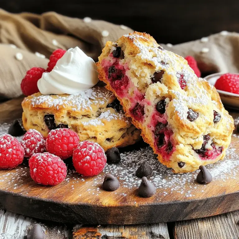 To make delicious raspberry chocolate chip scones, gather these simple ingredients: - 2 cups all-purpose flour - 1/4 cup granulated sugar - 1 tablespoon baking powder - 1/2 teaspoon salt - 1/2 cup unsalted butter, cold and cubed - 1/2 cup heavy cream - 1 large egg - 1 teaspoon vanilla extract - 1 cup fresh raspberries (lightly mashed) - 1/2 cup dark chocolate chips - Extra sugar for topping (optional) Each ingredient plays a key role. The flour gives structure. Sugar sweetens and helps browning. Baking powder makes the scones rise. Salt enhances the flavors. Butter adds richness and flakiness. Heavy cream provides moisture. The egg binds everything together. Vanilla adds a lovely aroma. Raspberries bring a tart punch, while chocolate chips offer sweetness. You can find the full recipe above, so let’s get baking! Preheating the Oven Start by preheating your oven to 400°F (200°C). This step is key for making sure your scones rise well. While the oven heats, line a baking sheet with parchment paper. This will help the scones bake evenly and prevent sticking. Mixing Dry Ingredients In a large bowl, add the dry ingredients. Combine 2 cups of all-purpose flour, 1/4 cup of granulated sugar, 1 tablespoon of baking powder, and 1/2 teaspoon of salt. Whisk them together until they blend well. This mix is the base for your scones. Incorporating Butter Now it’s time to add the butter. Take 1/2 cup of cold and cubed unsalted butter. Add it to the dry mix. Use a pastry cutter or your fingers to cut the butter into the flour mixture. Stop when it looks like coarse crumbs. This step gives your scones a fluffy texture. Combining Cream, Egg, and Vanilla In a separate bowl, mix your wet ingredients. Pour in 1/2 cup of heavy cream, add 1 large egg, and mix in 1 teaspoon of vanilla extract. Whisk it all until smooth. This mixture will add moisture and flavor to your dough. Gently Folding in Raspberries and Chocolate Chips Pour the wet mix into the dry mixture. Use a spatula to combine gently. Be careful not to overmix. Then, fold in 1 cup of lightly mashed raspberries and 1/2 cup of dark chocolate chips. Mix just enough to distribute the fruit and chocolate without smashing the raspberries. Shaping and Cutting Wedges Transfer your dough onto a floured surface. Shape it into a circle about 1 inch thick. Use a knife or pizza cutter to cut this circle into 8 wedges. Place the wedges on the lined baking sheet with space between them. If you want, sprinkle extra sugar on top for a sweet crunch. Check out the Full Recipe for more details! Not Overmixing the Dough Mixing the dough too much can lead to tough scones. When you add the wet ingredients, stir until just combined. This keeps the scones light and fluffy. Aim for a gentle hand. You want small lumps to remain in the dough. Achieving Tender Scones To get that perfect tender crumb, use cold butter. Cold butter creates steam as it bakes, making the scones rise. Cut the butter into small cubes before adding it to the flour. This helps the butter mix in without melting too soon. Best Pairings These scones shine with a dollop of whipped cream. Fresh berries on the side add color and taste. You can also serve them with a drizzle of chocolate. The rich chocolate pairs well with tart raspberries. Presentation Tips for Serving For a lovely look, dust your scones with powdered sugar. Arrange them on a beautiful plate. You can also add a few whole raspberries around the scones. This makes your breakfast more inviting and fun. Oven Temperature and Timing Preheat your oven to 400°F (200°C) for best results. The high heat helps the scones rise quickly. Bake for 15 to 20 minutes. Keep an eye on them to avoid over-browning. Golden tops are the goal! Ensuring Even Baking Place the scones on a parchment-lined baking sheet. Make sure they sit apart from each other. This allows hot air to circulate around them. Rotate the baking sheet halfway for even baking. This small step helps achieve a perfect finish. For more details, check the Full Recipe! {{image_2}} You can easily change the flavor of your scones. Substituting different berries is a fun way to make each batch unique. Try blueberries or strawberries instead of raspberries. Each berry gives a new taste and look to your scones. Using white chocolate or milk chocolate chips is another great idea. This change can make your scones sweeter and creamier. If you love dark chocolate, stick with it, but don’t shy away from trying new flavors. Each choice brings its own joy. If you need gluten-free options, you can use gluten-free all-purpose flour. This swap works well in the recipe. Just check that your baking powder is also gluten-free. The rest of the ingredients should work just fine. For vegan alternatives, replace the butter with coconut oil or vegan butter. You can use almond milk instead of heavy cream. For the egg, try a flax egg or applesauce. These simple changes let everyone enjoy these tasty scones, no matter their diet. To keep your leftover scones fresh, start by letting them cool completely. This step helps prevent moisture build-up. You can store them in an airtight container. If you want to keep them really fresh, wrap each scone in plastic wrap first. - Best Practices for Storing - Allow scones to cool completely. - Use an airtight container or plastic wrap. - Keep at room temperature for up to 2 days. - For longer storage, place them in the fridge. - Ideal Storage Containers - Glass jars with tight lids work great. - Reusable silicone bags are a good choice. - Plastic containers are fine but ensure they seal well. Reheating your scones can bring back their fresh-baked taste. The key is to use gentle heat. You can reheat them in the oven or the microwave. - Tips for Keeping Scones Fresh - Avoid reheating scones multiple times. - Cover with foil in the oven to keep moisture. - Let them sit after reheating for a minute. - Methods to Reheat (Oven vs. Microwave) - Oven: Preheat to 350°F (175°C). Place scones on a baking sheet. Heat for about 5-10 minutes. - Microwave: Place a scone on a microwave-safe plate. Heat for 10-15 seconds. Check if warm, repeat if needed. Following these tips ensures your raspberry chocolate chip scones stay enjoyable. For the full recipe, check the [Full Recipe]. How do you make raspberry chocolate chip scones? You start by mixing flour, sugar, baking powder, and salt. Then, you add cold butter and mix until it looks like crumbs. In another bowl, whisk cream, egg, and vanilla. Combine the wet and dry ingredients, then gently fold in raspberries and chocolate chips. Shape the dough and cut it into wedges. Finally, bake at 400°F for 15-20 minutes. Check the [Full Recipe] for detailed steps. Can I use frozen raspberries for this recipe? Yes, you can use frozen raspberries. Just make sure to gently fold them into the dough. They may add a bit more moisture, so watch your scone texture closely. How long do these scones stay fresh? These scones are best eaten fresh. They stay good for up to two days at room temperature. You can also store them in the fridge for up to a week. What to do if scones are too dry? If your scones are too dry, add a little more cream or milk. Mix gently to avoid overworking the dough. You can also try using a bit more butter next time. How to know when scones are done baking? Scones are done when they turn golden brown. You can also insert a toothpick in the center. If it comes out clean, the scones are ready. In this post, we explored how to make delicious raspberry chocolate chip scones. You learned about the key ingredients, preparation steps, and tips for making them perfect. Remember, not overmixing the dough helps achieve tender scones. Don't forget to try different berry combinations and enjoy them fresh! Baking can be fun and rewarding, so gather your ingredients and start scone-making today!