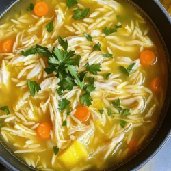 To make Greek Lemon Chicken Soup, you will need the following items: - 1 pound boneless, skinless chicken breasts - 6 cups low-sodium chicken broth - 1 medium onion, chopped - 2 garlic cloves, minced - 2 carrots, diced - 2 stalks celery, diced - 1 cup orzo pasta - 3 large eggs - 1/2 cup fresh lemon juice (about 2-3 lemons) - 1 teaspoon dried oregano - 1 teaspoon salt - 1/2 teaspoon black pepper - 2 tablespoons olive oil - Fresh parsley, chopped (for garnish) If you cannot find an ingredient, here are some good swaps: - You can use chicken thighs instead of breasts for more flavor. - Quinoa or rice can replace orzo for a gluten-free option. - If you lack fresh lemons, use bottled lemon juice. Just be careful with the amount. - For a vegetarian version, use vegetable broth and skip the chicken. When choosing fresh ingredients, keep these tips in mind: - Look for chicken that is pink and firm, not slimy. - Choose onions that are heavy for their size with dry, papery skins. - Carrots should be bright and firm, not soft or wrinkled. - For celery, pick stalks that are crisp and vibrant green. - When buying lemons, choose ones that feel heavy and have a smooth skin. These tips help you select high-quality ingredients for your soup. For the full recipe, refer to the recipe section above. To start, gather your ingredients. You need chicken, broth, onion, garlic, carrots, celery, orzo, eggs, lemon juice, oregano, salt, pepper, and olive oil. 1. In a large pot, heat the olive oil on medium. 2. Add the chopped onion, diced carrots, and diced celery. Sauté for 5-7 minutes. The veggies should soften. 3. Stir in minced garlic and cook for 1 more minute. You want it fragrant! 4. Place the chicken breasts in the pot and pour in the chicken broth. Bring it to a gentle simmer. 5. Cook the chicken for 15-20 minutes. It should be fully cooked. Remove it and let it cool. Shred it into bite-sized pieces. 6. Add orzo pasta and dried oregano to the pot. Simmer for 8-10 minutes until the orzo is just right. 7. In a bowl, whisk eggs and lemon juice together. Slowly add hot broth from the pot while whisking. This keeps the eggs from cooking too fast. 8. Stir the egg mixture back into the soup while whisking. This makes it creamy. 9. Add the shredded chicken back in. Season with salt and black pepper to taste. Heat for another 2-3 minutes. Don’t let it boil! 10. Serve hot and garnish with fresh parsley. - Prep Time: 15 minutes - Cooking Time: 30 minutes - Total Time: 45 minutes This soup is quick and easy. You can make it on a busy day. - Don't skip the step of tempering the eggs. This is key for creamy soup. - Avoid boiling the soup after adding the egg mixture. It can curdle. - Make sure the chicken is fully cooked before shredding. Undercooked chicken is unsafe. - Use low-sodium broth. This allows you to control the saltiness. This recipe is a warm hug in a bowl. For the full recipe, check the recipe section above. To boost the flavor of Greek lemon chicken soup, focus on fresh ingredients. Use fresh herbs like dill or thyme for a bright taste. Adding lemon zest before serving adds a nice zing. You can also sauté the vegetables longer to deepen their flavor. A splash of white wine can elevate the broth. If you want more warmth, add a pinch of red pepper flakes. To get that creamy texture, whisk the egg and lemon mixture carefully. Always temper the eggs by adding hot broth slowly while whisking. This step prevents the eggs from scrambling. When you pour the egg mixture back into the soup, keep stirring constantly. This method ensures a smooth and velvety soup. Avoid boiling the soup after adding the egg mixture; gentle heat keeps it creamy. Garnishing your soup makes it look appealing. Fresh parsley is a classic choice that adds color. You can also sprinkle some crumbled feta cheese on top. Thin slices of lemon add brightness and a pop of color. For a fun twist, serve with pita chips on the side. These garnishes not only look nice but enhance the flavor too. Don’t forget to check the full recipe for more tips! {{image_2}} You can easily adapt Greek Lemon Chicken Soup for different diets. For a gluten-free option, swap orzo with gluten-free pasta or rice. This keeps the soup hearty without gluten. If you're looking for a vegetarian version, replace chicken with chickpeas or white beans. Use vegetable broth instead of chicken broth. You still get a rich flavor that warms the soul. While oregano is a classic herb for this soup, you can mix it up! Try fresh dill or thyme for a twist. Basil also adds a fresh taste. If you like heat, add a pinch of red pepper flakes. Experimenting with herbs and spices can change the flavor profile. You can create a new favorite soup just by switching things up! Greek Lemon Chicken Soup works as a lovely starter or a main dish. Serve it in small bowls before a big meal. This adds a nice touch to any dinner. For a heartier option, serve it with a side of crusty bread or a salad. You can even top it with a dollop of Greek yogurt for extra creaminess. This soup is versatile and delicious, making it a favorite for any table. Check out the Full Recipe to make your own! To keep your Greek Lemon Chicken Soup fresh, let it cool first. Use an airtight container to store the soup in the fridge. It will stay good for about three days. If you want to enjoy it later, freezing is a great option. To freeze the soup, use freezer-safe containers or bags. Leave some space at the top, as the soup will expand when frozen. Label your containers with the date. You can freeze it for up to three months. Just remember to thaw it in the fridge overnight before reheating. When reheating, use a pot on low heat. Stir gently to avoid curdling the eggs. If the soup seems thick, add a bit of water or broth to thin it out. Heat until it’s just warm, not boiling. This way, you will keep the flavors bright and tasty. For full details, check out the Full Recipe. Greek Lemon Chicken Soup, also known as Avgolemono, has roots in ancient Greece. This soup reflects the Mediterranean diet, which values fresh, simple ingredients. Families often serve it during special gatherings. The bright lemon flavor symbolizes joy and hospitality. It’s a comfort food for many Greeks, warming both body and soul. Yes, you can make Greek Lemon Chicken Soup in advance. The flavors will deepen overnight, making it taste even better. Store it in an airtight container in the fridge for up to three days. Just remember to reheat it gently to avoid curdling the eggs. To adjust the recipe size, simply multiply or divide the ingredient amounts. For example, if you want to serve four people, use two-thirds of the ingredients. If you want to serve twelve, double the recipe. Cooking time may vary slightly, so keep an eye on the soup as it cooks. You can find the full recipe for Greek Lemon Chicken Soup below: Ingredients: - 1 pound boneless, skinless chicken breasts - 6 cups low-sodium chicken broth - 1 medium onion, chopped - 2 garlic cloves, minced - 2 carrots, diced - 2 stalks celery, diced - 1 cup orzo pasta - 3 large eggs - 1/2 cup fresh lemon juice (about 2-3 lemons) - 1 teaspoon dried oregano - 1 teaspoon salt - 1/2 teaspoon black pepper - 2 tablespoons olive oil - Fresh parsley, chopped (for garnish) This soup is easy and nourishing, perfect for any day. You learned how to make Greek Lemon Chicken Soup from scratch. We covered key ingredients, detailed steps, and helpful tips to enhance your soup. You now know how to use substitutions, avoid common mistakes, and try variations for dietary needs. Proper storage and reheating are also essential for great flavor. I hope you feel confident to make this dish. With these skills, you’ll impress family and friends every time. Enjoy your cooking adventure!