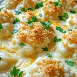 To make a tasty cheesy cauliflower bake, you will need the following ingredients: - 1 large head of cauliflower, cut into florets - 1 cup shredded cheddar cheese - 1/2 cup grated Parmesan cheese - 1 cup heavy cream - 2 cloves garlic, minced - 1/2 teaspoon paprika - 1/2 teaspoon ground black pepper - 1 teaspoon salt - 1/2 teaspoon onion powder - 1/4 cup breadcrumbs (optional, for topping) - Fresh parsley, chopped (for garnish) If you want a lighter option, use light cream or milk instead of heavy cream. For cheese, try mozzarella or gouda for a different flavor. Nutritional yeast can replace cheese for a vegan choice. You can spice things up! Add a pinch of cayenne pepper for heat. Try fresh herbs like thyme or oregano for a fresh taste. You can also toss in some cooked bacon bits for a smoky twist. Each option gives your cheesy cauliflower bake a unique flair! For the full recipe, check out the complete cooking guide. First, we need to preheat the oven. Set it to 375°F (190°C). This step is key to getting a nice, golden top. While the oven heats up, grab a large pot. Fill it with salted water and bring it to a boil. Next, cut your cauliflower into florets. Once the water is boiling, add the florets. Cook them for 5-7 minutes. You want them tender but still firm. After cooking, drain the cauliflower and set it aside. Now, it's time to create the cheese sauce. In a medium saucepan, combine heavy cream, minced garlic, salt, black pepper, paprika, and onion powder. Heat this mix on medium. Stir it while heating until hot but not boiling. Gradually add the cheddar cheese and half of the Parmesan. Keep stirring until the cheese melts and the sauce is smooth. In a large mixing bowl, gently toss the drained cauliflower with the cheese sauce. Make sure every floret gets coated well. Then, pour the cheesy mix into a greased baking dish, spreading it out evenly. If you want a crunchy top, sprinkle the remaining Parmesan and breadcrumbs over the dish. Now, place it in the preheated oven and bake for 20-25 minutes. Look for a golden, bubbly top. Prep time for this dish is just 10 minutes. Cooking takes about 20-25 minutes. So, the total time is around 40 minutes. Timing is important for the best texture. If you undercook, the cauliflower may be too hard. If you overcook, it will be mushy. Aim for that perfect balance! To make your Cheesy Cauliflower Bake shine, add some spices and herbs. I love using garlic, paprika, and onion powder. These flavors really boost the dish. Fresh ingredients matter too. The fresher your cauliflower and herbs, the better your bake will taste. For cheese, I suggest mixing sharp cheddar with some creamy mozzarella or tangy goat cheese. This mix brings a great depth of flavor and makes the dish really special. A watery texture can ruin your bake. To avoid this, make sure to drain your cauliflower well after boiling. You want it dry. For a crispy topping, sprinkle breadcrumbs over your bake. This gives a nice crunch. Use a glass or ceramic baking dish for best results. These materials heat evenly, helping your dish cook perfectly. {{image_2}} You can easily change this recipe to fit your taste. Here are some ideas: - Add Vegetables: Try adding broccoli, spinach, or bell peppers for extra flavor. - Add Proteins: Cooked chicken, bacon, or even crumbled sausage can make it heartier. - Gluten-Free Breadcrumbs: Use crushed rice crackers or gluten-free panko instead of regular breadcrumbs. - Dairy-Free Options: Substitute heavy cream with coconut milk and use dairy-free cheese. Pair this dish with your favorite main courses. It goes great with grilled chicken, steak, or fish. You can serve it as a side dish or even a main dish on its own. For leftovers, think outside the box! You can make a cheesy cauliflower bake sandwich or mix it into scrambled eggs for breakfast. For a gourmet look, place the bake in a nice dish. Sprinkle fresh herbs on top for color. You can also add a drizzle of olive oil or balsamic glaze to enhance the dish's appeal. Explore these variations and serving ideas with the Full Recipe as your guide to make your cheesy cauliflower bake even more delightful! To keep your cheesy cauliflower bake fresh, use airtight containers. Glass or plastic containers work well. Allow the dish to cool before sealing. You can refrigerate it for up to three days. For longer storage, freeze it. Use freezer-safe bags or containers. Make sure to remove as much air as possible. This keeps the dish from getting freezer burn. When reheating, use the oven for the best results. Preheat your oven to 350°F (175°C). Place the leftovers in an oven-safe dish. Cover it with foil to prevent drying out. Heat for about 15-20 minutes. You can also use a microwave, but the oven gives a better texture. In the fridge, the cheesy cauliflower bake lasts about three days. After that, it may spoil. Look for signs of spoilage like an off smell or mold. If the cheese looks dull or slimy, it’s time to toss it. To extend freshness, store it properly. Make sure it's well-sealed in the fridge. You can also freeze it right after cooking. This locks in flavor and texture. If you freeze it, use it within three months for best taste. How to make cheesy cauliflower bake healthier? You can make this dish healthier by using low-fat cheese and cream. You can also add more veggies like spinach or broccoli. Swapping breadcrumbs for crushed nuts gives a great crunch and adds healthy fats. Can I prepare it ahead of time? Yes, you can prepare this dish ahead of time. Just follow the recipe and store it in the fridge unbaked. When ready to serve, simply bake it straight from the fridge, adding a few extra minutes to the cook time. What can I serve with cheesy cauliflower bake? This cheesy cauliflower bake pairs well with grilled chicken or steak. It also works as a great side for a fresh salad. For a vegetarian option, serve it alongside roasted veggies or quinoa. Is my cheese sauce too thick or too thin? If your cheese sauce is too thick, add a bit more cream or milk. This will help thin it out. If it is too thin, let it cook a little longer while stirring until it thickens. Cauliflower is mushy; what went wrong? Mushy cauliflower means it was cooked too long in boiling water. Aim for just 5-7 minutes of boiling to keep it firm. You want it tender but not falling apart. Can I use frozen cauliflower instead of fresh? Yes, you can use frozen cauliflower. Just thaw and drain it well before adding to the cheese sauce. This helps avoid extra moisture in your dish. In this blog post, we explored making a cheesy cauliflower bake. We covered ingredients, prep steps, and timing. You learned tips for enhancing flavor and perfecting texture. I also shared variations and serving ideas. Finally, we discussed how to store leftovers for later. Remember, good cooking comes with practice. Don't be afraid to try new twists. Enjoy your cheesy cauliflower bake!