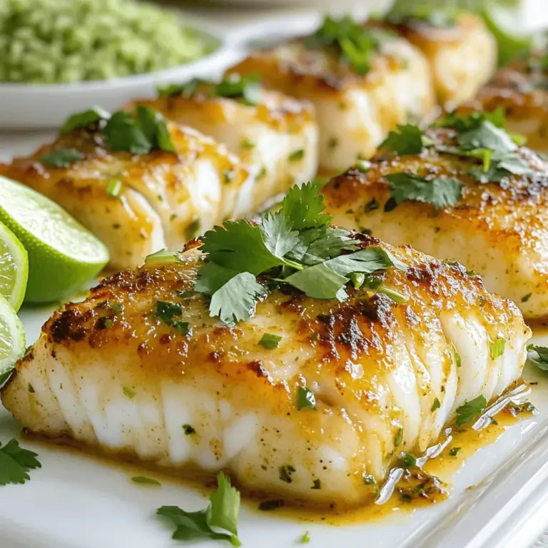 To make Chili Lime Baked Cod, you will need: - 4 cod fillets (about 6 oz each) - 2 tablespoons olive oil - Zest and juice of 2 limes - 1 teaspoon chili powder - 1 teaspoon cumin - 2 cloves garlic, minced - 1 teaspoon salt - ½ teaspoon black pepper - Fresh cilantro, chopped (for garnish) - Lime wedges (for serving) You can switch ingredients if needed. For cod, use haddock or tilapia. If you want a different oil, try avocado or canola oil. Instead of fresh lime, you can use lemon juice. For chili powder, try paprika or cayenne for a kick. You can also skip garlic if you don’t have any on hand. Using fresh ingredients makes a big difference. Fresh cod tastes better and has a firmer texture. Fresh limes add bright flavor that dried versions cannot match. Fresh herbs, like cilantro, give color and a burst of taste. Overall, fresh ingredients help your dish shine and taste great. For the full recipe, check out the complete details. First, set your oven to 400°F (200°C). This temperature helps the cod bake evenly. While the oven warms, grab a baking dish and line it with parchment paper. This makes cleanup quick and easy. You want to make sure the cod does not stick to the dish. In a small bowl, combine the following ingredients: - 2 tablespoons olive oil - Zest and juice of 2 limes - 1 teaspoon chili powder - 1 teaspoon cumin - 2 cloves garlic, minced - 1 teaspoon salt - ½ teaspoon black pepper Stir these together well. The mix should smell bright and zesty. This marinade adds a punch of flavor to the cod. Next, take your cod fillets and place them in the prepared baking dish. Use a brush or spoon to coat each fillet generously with the chili lime mixture. Make sure every part of the fish gets some marinade. This helps the flavors soak in as it bakes. Once coated, you are ready to bake the cod. For the full recipe and instructions, check out the [Full Recipe]. To get the best chili lime baked cod, watch the time. Bake cod at 400°F (200°C) for 12-15 minutes. The fish should flake easily when done. If you overcook it, the fish can become dry. Use a fork to check if it’s ready. Cod should look opaque and firm. If you can, use a meat thermometer. The fish is done at 145°F (63°C). Serve the cod hot from the oven. Place it on a nice plate for a great look. Add lime wedges on the side for extra flavor. A sprinkle of fresh cilantro will make it pop. For a full meal, add a side of cilantro-lime rice or a fresh salad. Both pair well with the bright lime taste. For sides, consider roasted vegetables or a crisp green salad. These will balance the spicy flavor. You can also try quinoa or couscous for a healthy grain option. As for drinks, a cold sparkling water with lime works well. If you prefer wine, choose a light white wine. These pair nicely with the baked cod. For more details, check out the Full Recipe. {{image_2}} You can switch cod for other fish like tilapia or salmon. Each fish has its own taste. Tilapia is mild and easy to find. Salmon is rich and full of healthy fats. You can also use shrimp or chicken. Both work well with the chili lime flavors. Just adjust the cooking time as needed. Shrimp cooks faster, while chicken may take longer. If you like it spicy, add more chili powder. For a milder dish, reduce the chili powder. You can also add sliced jalapeños or crushed red pepper flakes. These add heat and flavor without changing the dish too much. If you want a zing, mix in fresh diced jalapeños. Spice levels can be tailored to your taste! Herbs like parsley or dill can brighten the dish. Fresh cilantro adds a nice touch, especially as a garnish. You can also add vegetables to the baking dish. Sliced bell peppers or zucchini add color and flavor. Try adding cherry tomatoes for sweetness. These additions make your meal more colorful and nutritious. For the full recipe, check out the detailed instructions and enjoy! To keep your Chili Lime Baked Cod fresh, store it properly. Place any leftovers in an airtight container. Make sure to let the cod cool before sealing it. This way, it stays moist and tasty. You can keep it in the fridge for up to three days. If you want to enjoy it later, freezing is a good option. When you're ready to eat the leftovers, reheat them gently. Preheat your oven to 350°F (175°C). Place the cod on a baking sheet and cover it with foil. This keeps the fish from drying out. Heat for about 10-12 minutes, or until it's warm. You can also use a microwave, but the oven keeps the texture better. Just heat for a minute or so, checking often. If you want to freeze your Chili Lime Baked Cod, it’s easy. First, let the dish cool completely. Wrap each piece tightly in plastic wrap, then place them in a freezer-safe bag. Be sure to remove all air to prevent freezer burn. You can freeze the cod for up to two months. When you're ready to eat it, thaw it overnight in the fridge. Then reheat as described above. Enjoy your meal any time! I bake cod at 400°F for about 12 to 15 minutes. This time ensures the fish cooks through and stays moist. You know the cod is ready when it flakes easily with a fork. Keep an eye on it, so it doesn’t overcook. Fish cooks fast, and you want it tender, not dry. Yes, you can use frozen cod. Just make sure to thaw it first. You can thaw it overnight in the fridge or place it in cold water for quicker results. Once thawed, pat it dry before adding the chili lime marinade. This helps the flavors stick better to the fish and gives it a nice crust when baked. Chili lime baked cod pairs well with many sides. Here are a few favorites: - Cilantro-lime rice - Steamed broccoli - Fresh garden salad - Quinoa with veggies - Crispy roasted potatoes These sides add color and flavor to your meal. You can also serve the cod with lime wedges for an extra zesty kick. In this blog post, we explored the key ingredients for Chili Lime Baked Cod. We discussed ingredient substitutions and the importance of using fresh items. Next, I shared step-by-step instructions from prepping your oven to coating fish fillets. You also learned tips for perfect baking and great serving ideas. Lastly, we covered how to store leftovers and answered common questions. I hope these insights help you create a tasty dish that impresses everyone. Enjoy your cooking adventure!
